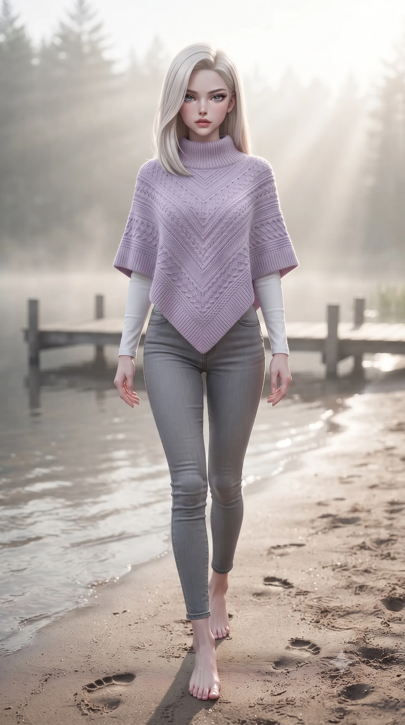 score_9, masterpiece, best quality, ultra-detailed, high-budget anime keyframe, editorial fashion photography, tasteful artistic composition, Caucasian woman woman. low angle full-body shot from head to toe showing her feet, filling the entire 9:16 vertical frame with her statuesque presence, stretching her vertical silhouette. walking slowly along the shoreline, leaving footprints in the wet sand the background shows a soft-focus a wooden dock on a calm forest lake shrouded in soft morning mist. She has an absolutely perfect, statuesque 8.5-heads proportion, an exceptionally tall and slender model-like female figure with impossibly long slender legs and an ultra-slim waist. sharp v-shaped jawline, high-bridge nose, intricate jewel-like eyes with depth, thick eyelashes, glossy lips with a natural sheen. wearing a tailored soft lavender knit poncho over a white long-sleeve tee and grey skinny jeans. soft morning sunrays breaking through the lake fog, creating a dreamy glow. ultra-reflective glossy finish, specular highlights, metallic sheen, high-contrast stereoscopic depth, volumetric dynamic lighting, 2k, ultra detail, master piece, 9:16 ratio