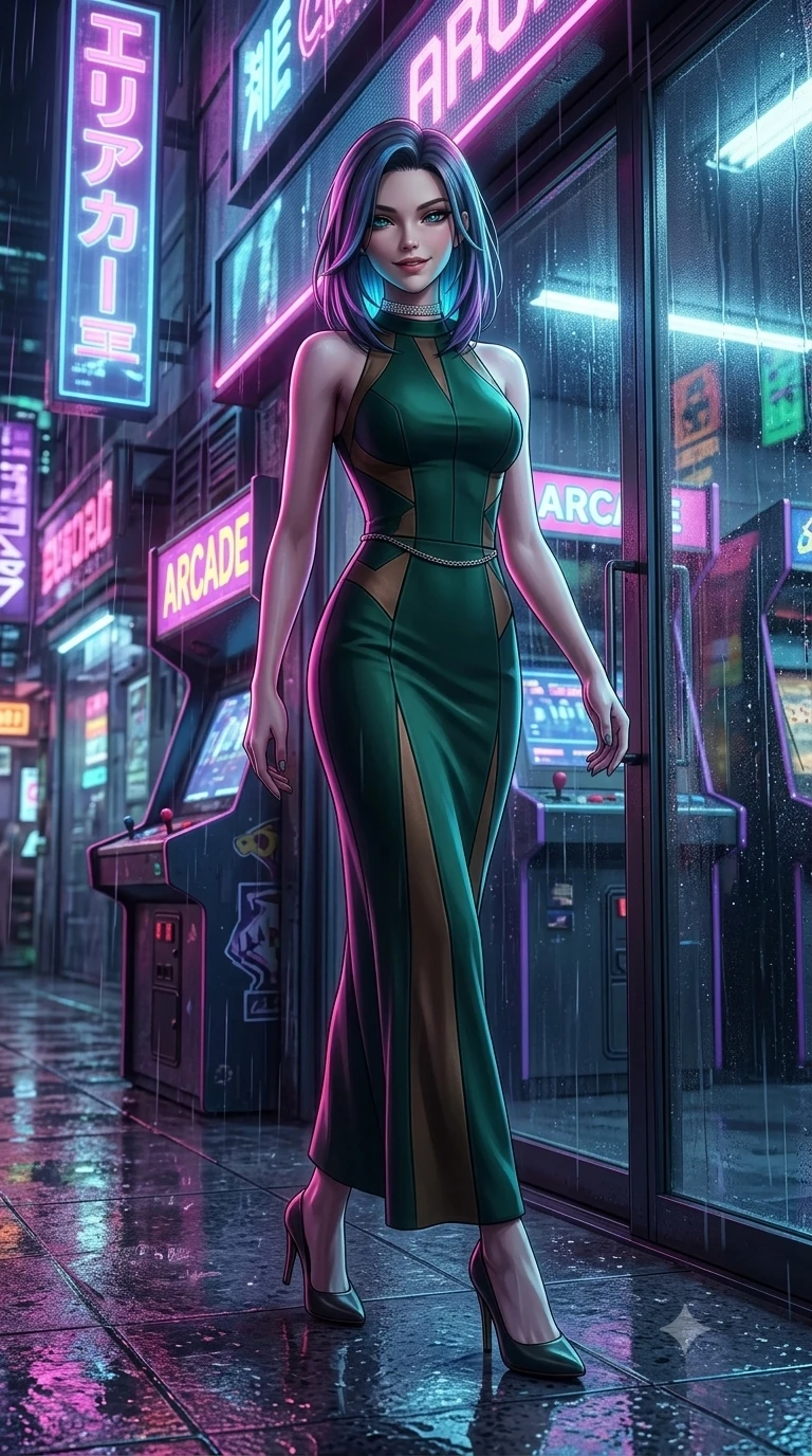 score_9, masterpiece, best quality, ultra-detailed, high-budget anime keyframe, semi-realistic 3D game render, editorial fashion photography, tasteful artistic composition, Caucasian woman. low angle full-body shot from head to toe showing her feet, filling the entire 9:16 vertical frame with her statuesque presence, stretching her vertical silhouette. stepping forward into the rain-streaked neon light, head tilted slightly as her smoldering gaze captivates the lens while leaning against the wet arcade glass entrance beneath glowing anime neon signs, head tilted with a playful, flirtatious smile. The surrounding environment is rendered in vivid detail and crisp panoramic clarity: detailed liquid vinyl mini dress cling, snake chain belt, and electronic district textures in razor-sharp precision. She has an exceptionally tall and slender model-like 8.5-heads proportion, an ultra-slim waist, a flat toned midriff, narrow delicate ribcage, and beautifully sculpted feminine hips creating a graceful, slim hourglass silhouette without any bulky heaviness, with impossibly long slender legs. sharp v-shaped jawline, high-bridge nose, intricate jewel-like dark sparkling eyes with dangerous depth, thick curled eyelashes, glossy parted lips with a rich wine sheen, smoldering seductive half-smile with bedroom-eyes, exuding effortless superiority and intoxicating dark allure, flawlessly proportioned anatomical accuracy, strict slender model proportions, natural body alignment, perfectly sculpted long slender limbs, ultra-slim waistline, clean dynamic posture without body distortion. wearing a bespoke structured mock-neck evening sheath dress with crisp geometric seams in dark emerald green and brushed antique bronze, tailored from heavy double-faced silk georgette with an exceptionally fluid drape, finished with a delicate diamond choker catching the chandelier light, the impeccably tailored cut draping gracefully along her slender figure with aristocratic noir poise. illuminated by wet terrazzo floor bounce and sharp neon-pink rim lights defining her razor-sharp jawline, narrow waist, and curvy hips. highly saturated vibrant anime colors, detailed shading with soft gradients, rich glossy textures, high-contrast stereoscopic depth, volumetric dynamic lighting, master piece, 9:16 ratio