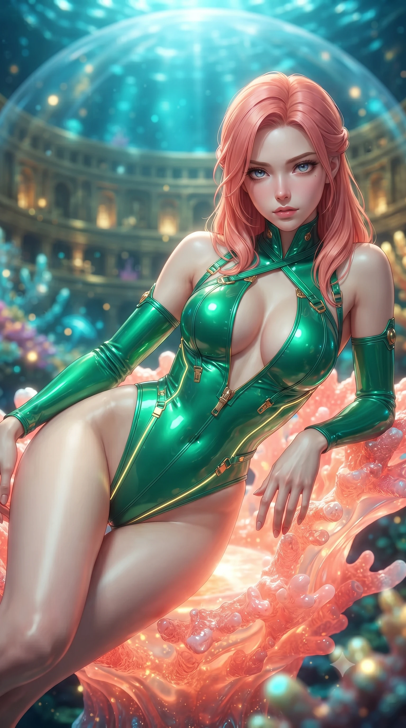 score_9, masterpiece, best quality, ultra-detailed, high-budget anime keyframe, editorial fashion photography, tasteful artistic composition, Japanese woman. close-up cowboy shot from the waist and thighs up, the character dominates the composition, filling the frame with her large presence. gazing directly into the lens with bedroom eyes and a breathtaking, dangerous allure that commands the entire composition while reclining gracefully on a glowing coral throne inside an ancient sunken golden amphitheatre beneath an air-bubble dome. The composition keeps background elements in soft focus with creamy bokeh. glowing sea-coral formations and swimming bioluminescent rays blurred into rich turquoise and golden bokeh. She has an exceptionally elegant, slender, and willowy female figure with an ultra-slim waist, a gracefully sculpted slender torso, toned flat midriff, and a refined slim silhouette. sharp v-shaped jawline, high-bridge nose, intricate jewel-like eyes with depth, thick eyelashes, glossy lips with a natural sheen, flawlessly proportioned anatomical accuracy, strict slender model proportions, natural body alignment, perfectly sculpted long slender limbs, ultra-slim waistline, clean dynamic posture without body distortion. wearing a skin-tight cybernetic bodysuit with glowing neon seams, deep hip cutouts, and an aerodynamic athletic fit in bright emerald green satin and gold hardware, formed from high-gloss patent material with specular light reflections, complemented by criss-cross back straps highlighting her completely bare spine, the precision-cut daring openings accentuating her delicate midriff, graceful bare collarbones, and ultra-slim feminine waistline. surrounded by an opulent, mystical, and breathtakingly sensual underwater kingdom aura. ultra-reflective glossy finish, specular highlights, metallic sheen, high-contrast stereoscopic depth, volumetric dynamic lighting, 2k, ultra detail, master piece, 9:16 ratio