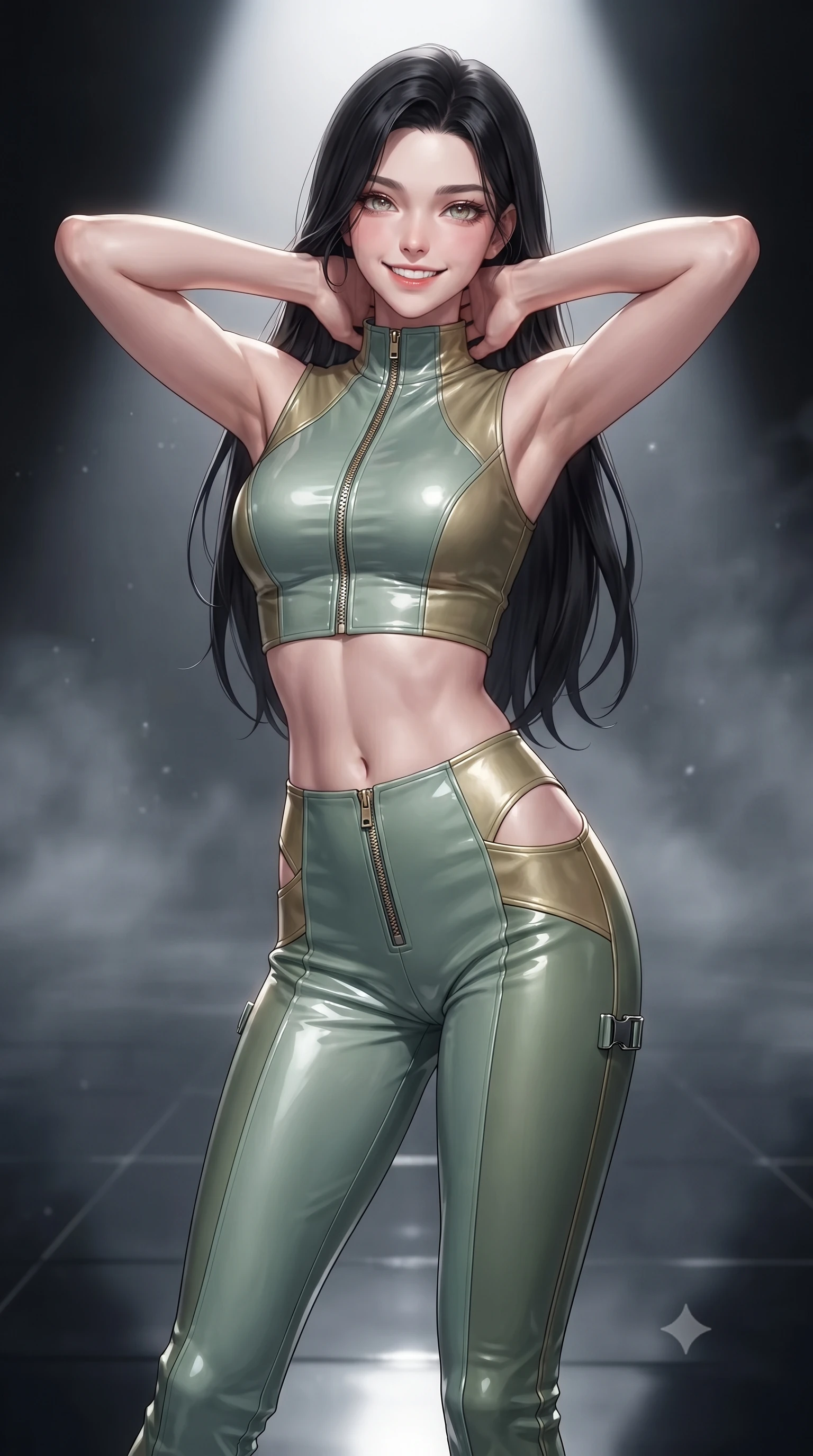 score_9, masterpiece, best quality, ultra-detailed, high-budget anime keyframe, editorial fashion photography, tasteful artistic composition, Korean woman. close-up cowboy shot from the waist and thighs up, the character dominates the composition, filling the frame with her large presence. resting both hands lightly behind her neck with elbows raised, arching her spine to highlight her narrow waist, flat midriff, and breathtaking collarbones while standing poised beneath a solitary razor-sharp spotlight isolating her statuesque posture on the mirror-polished black stage, arching her lower back with sovereign supermodel poise. The background shows a soft-focus theatrical particulate haze softened in dramatic minimalist opera stage shallow focus. She has an exceptionally elegant, slender, and willowy female figure with an ultra-slim waist, flat toned midriff, narrow ribcage, and sculpted feminine hips creating an alluring, slim hourglass silhouette without bulk. sharp v-shaped jawline, high-bridge nose, intricate jewel-like sparkling eyes with depth, thick eyelashes, glossy parted lips with a natural peach sheen, bright cheerful beaming smile with an enchanting and coquettish sensual glint, exuding both youthful cute charm and seductive allure, flawlessly proportioned anatomical accuracy, strict slender model proportions, natural body alignment, perfectly sculpted long slender limbs, ultra-slim waistline, clean dynamic posture without body distortion. wearing a glossy vinyl crop top and high-waist tailored leggings with sleek chrome zippers and exposed midriff in celadon jade and antique gold-leaf, woven from buttery-soft stretch lambskin leather adhering to her body like a second skin, finished with sleek magnetic buckle closures fluttering in the breeze, the precision-cut side openings and low-back scoop framing her graceful spine and the sensual sweep of her slim, toned hips. illuminated by black floor specular bounce and razor-sharp platinum rim lights defining her razor-sharp jawline, narrow waist, and curvy hips. ultra-reflective glossy finish, specular highlights, rich textural contrasts, high-contrast stereoscopic depth, volumetric dynamic lighting, 2k, ultra detail, master piece, 9:16 ratio