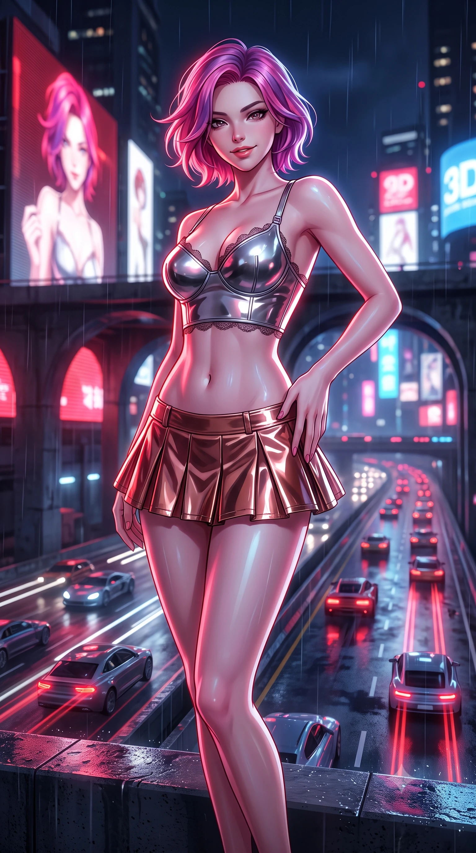 score_9, masterpiece, best quality, ultra-detailed, high-budget anime keyframe, semi-realistic 3D game render, editorial fashion photography, tasteful artistic composition, Caucasian woman. close-up cowboy shot from the waist and thighs up, the character dominates the composition, filling the frame with her large presence. tilting her head with a teasing half-smile, running one hand slowly down the side of her hip in a flirtatious S-curve as ambient light caresses her silhouette while standing poised on the high concrete freeway abutment high above rushing streams of hovering aerocars, arching her back with breathtaking anime heroine charisma. The background shows a soft-focus streaks of multi-tiered flying car headlights, massive 3D anime holographic billboards, and rain-slicked highway arches blurred into ruby, white, and electric blue bokeh. She has an exceptionally elegant, slender, and willowy female figure with an ultra-slim waist, flat toned midriff, narrow ribcage, and sculpted feminine hips creating an alluring, slim hourglass silhouette without bulk. sharp v-shaped jawline, high-bridge nose, intricate jewel-like sparkling eyes with depth, thick eyelashes, glossy parted lips with a natural peach sheen, bright cheerful beaming smile with an enchanting and coquettish sensual glint, exuding both youthful cute charm and seductive allure, flawlessly proportioned anatomical accuracy, strict slender model proportions, natural body alignment, perfectly sculpted long slender limbs, ultra-slim waistline, clean dynamic posture without body distortion. wearing a chrome-plated tactical combat bustier top with reinforced underwire paired with a low-rise pleated micro combat skirt in high-gloss rose-gold and burnished copper, tailored from high-gloss patent leather with mirror-like specular highlights, finished with scalloped eyelash lace trim framing her sweetheart neckline with intimate elegance, the liquid-tight tailored fabric clinging flawlessly to her narrow waist and rounded feminine hips, emphasizing every millimeter of her sculpted slim hourglass curves without any bulky heaviness. illuminated by wet concrete reflection bounce and sharp ruby-white rim lights sculpting her jawline, narrow waist, and curvy hips. highly saturated vibrant anime colors, detailed shading with soft gradients, rich glossy textures, high-contrast stereoscopic depth, volumetric dynamic lighting, master piece, 9:16 ratio