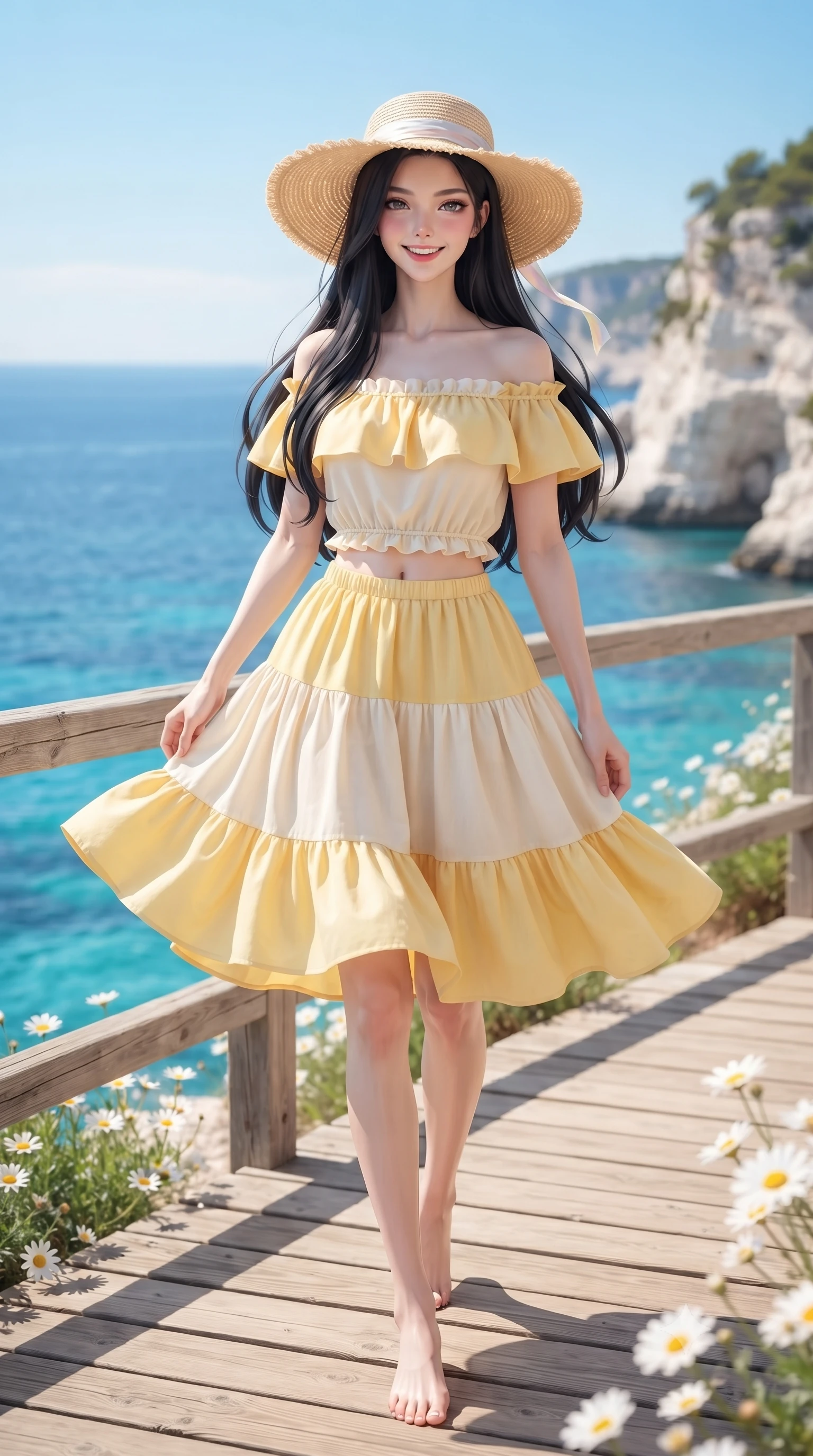 score_9, masterpiece, best quality, ultra-detailed, high-budget anime keyframe, editorial fashion photography, tasteful artistic composition, Korean woman. low angle full-body shot from head to toe showing her feet, filling the entire 9:16 vertical frame with her statuesque presence, stretching her vertical silhouette. performing a cheerful mid-motion turn with effortless poise, her skirt fluttering softly as she smiles into the camera while walking cheerfully along a scenic cliffside wooden promenade overlooking a dazzling sapphire and turquoise ocean. The composition keeps background elements in soft focus with creamy bokeh. white coastal limestone cliffs and blooming sea daisies softened in creamy shallow focus. She has an absolutely perfect, statuesque 8.5-heads proportion, an exceptionally tall and slender model-like female figure with impossibly long slender legs, a toned flat midriff, and an ultra-slim waist. sharp v-shaped jawline, high-bridge nose, intricate jewel-like eyes with depth, thick eyelashes, glossy lips with a natural sheen, pure and lovely fresh girlhood expression, flawlessly proportioned anatomical accuracy, strict slender model proportions, natural body alignment, perfectly sculpted long slender limbs, ultra-slim waistline, clean dynamic posture without body distortion. wearing a graceful off-shoulder cotton sundress with a ruffled neckline and tiered A-line skirt in fresh buttercup yellow and clean cream white, made of comfortable premium stretch denim and airy cotton-jersey, paired with a wide-brim woven straw hat tied with a pastel ribbon, the chic real-way fashion cut emphasizing her effortless charm, flat midriff, and slender model proportions. bathed in brilliant coastal summer sunshine and turquoise ocean water ambient bounce. ultra-reflective glossy finish, specular highlights, rich natural textures, high-contrast stereoscopic depth, volumetric dynamic lighting, 2k, ultra detail, master piece, 9:16 ratio