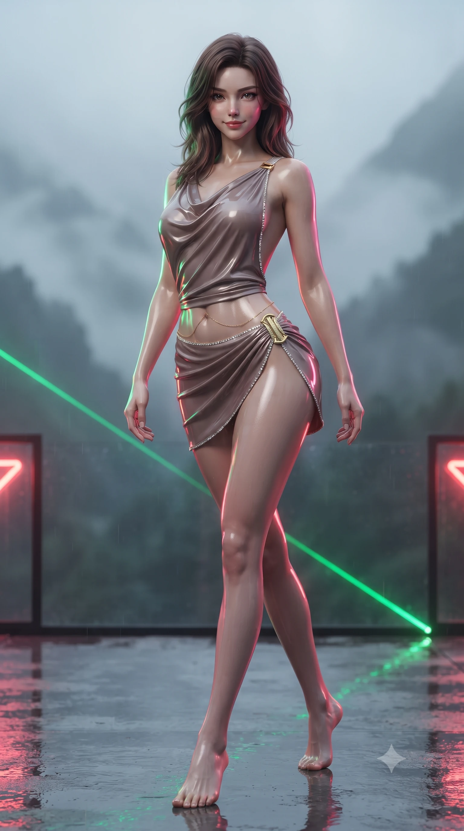 score_9, masterpiece, best quality, ultra-detailed, high-budget anime keyframe, editorial fashion photography, tasteful artistic composition, Korean woman. low angle full-body shot from head to toe showing her feet, filling the entire 9:16 vertical frame with her statuesque presence, stretching her vertical silhouette. stepping slowly toward the camera with hypnotic grace, hips swaying in an alluring sensual rhythm that accentuates her curvy hourglass silhouette and long slender legs while twisting her slender torso in an alluring contrapposto stance, sweeping green laser beams and red neon reflections tracing her curves. The background shows a soft-focus swirling high-altitude mountain fog softened in cinematic blade-runner shallow focus. She has an absolutely perfect, statuesque 8.5-heads proportion, an exceptionally tall and slender model-like female figure with impossibly long slender legs, an ultra-slim waist, a flat toned midriff, narrow delicate ribcage, and beautifully sculpted feminine hips creating a graceful, slim hourglass silhouette without any bulky heaviness. sharp v-shaped jawline, high-bridge nose, sparkling eyes with hypnotic seductive depth, thick curled eyelashes, glossy parted lips with a natural dewy peach sheen, alluring bedroom-eyes with an enchanting coquettish smile, exuding magnetic siren charisma and sophisticated glamour, flawlessly proportioned anatomical accuracy, strict slender model proportions, natural body alignment, perfectly sculpted long slender limbs, ultra-slim waistline, clean dynamic posture without body distortion. wearing a draped Greek-goddess style silk chiffon mini toga dress with an open back and golden hip fibula in sheer dusky champagne and glistening crystal trims, crafted from wet-look high-gloss vinyl fabric with dazzling specular surface reflections, accented with a dainty gold belly chain resting across her flat midriff and curving hips, the liquid-tight tailored fabric clinging flawlessly to her narrow waist and rounded feminine hips, emphasizing every millimeter of her sculpted slim hourglass curves without any bulky heaviness. illuminated by wet terrace specular reflections and sharp emerald-magenta rim lights sculpting her razor-sharp jawline, narrow waist, and curvy hips. ultra-reflective glossy finish, specular highlights, rich textural contrasts, high-contrast stereoscopic depth, volumetric dynamic lighting, 2k, ultra detail, master piece, 9:16 ratio