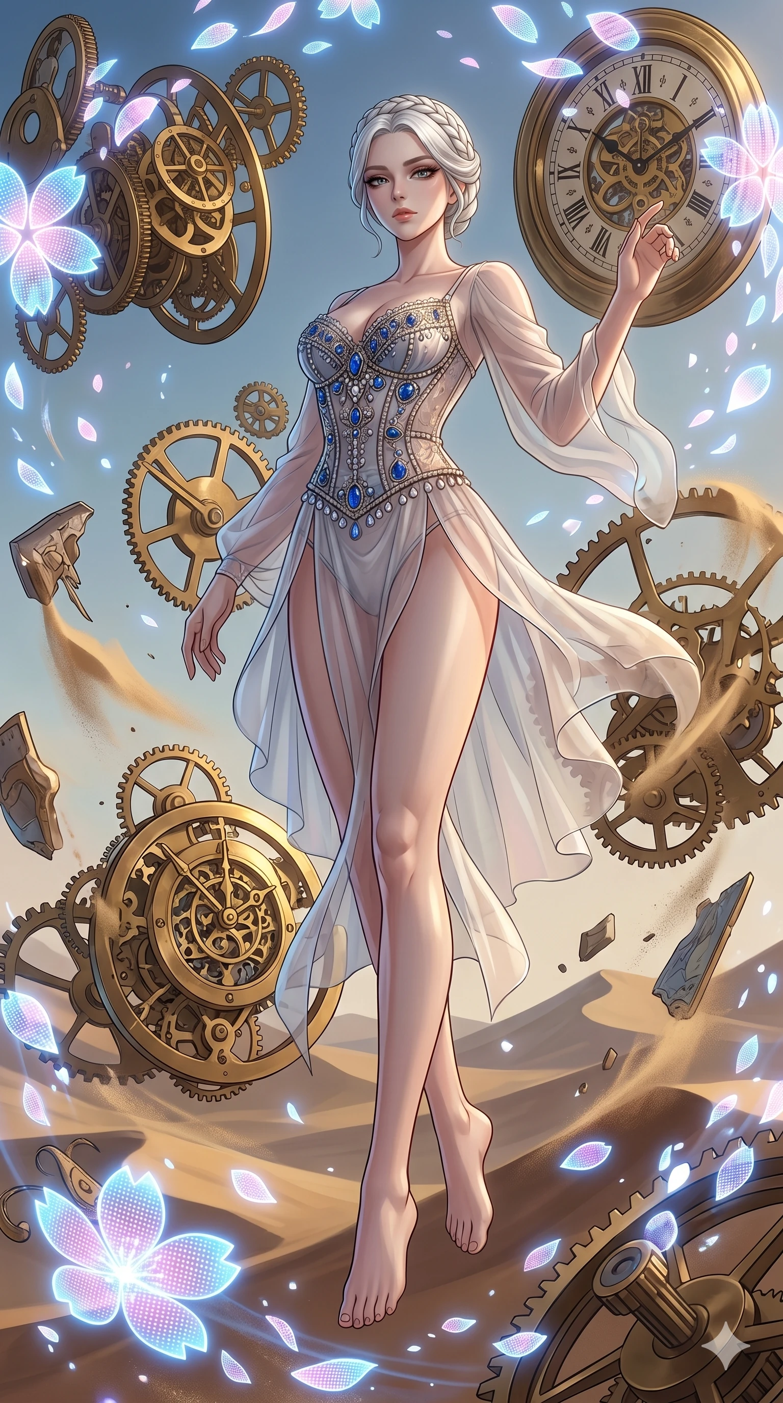 score_9, masterpiece, best quality, ultra-detailed, Set A: High-budget Anime Keyframe, Caucasian (strictly human ears) woman. Low angle cowboy shot filling the entire 9:16 frame with her statuesque presence. Floating through a clockwork desert, as gravity fails and everything around her floats in state 46 and surrounded by digital sakura petals. She has an absolutely perfect 8-heads proportion, an exceptionally tall and slender female figure with impossibly long slender legs and an ultra-slim waist. Sharp v-shaped jawline, high-bridge nose, intricate jewel-like eyes with depth, thick eyelashes, glossy lips with a natural sheen. Wearing Intricate jewel-encrusted corset over a sheer silk slip with high-cut leg line. Cinematic lighting, vibrant colors, dramatic shadows, 2k, ultra detail, master piece, 9:16 ratio