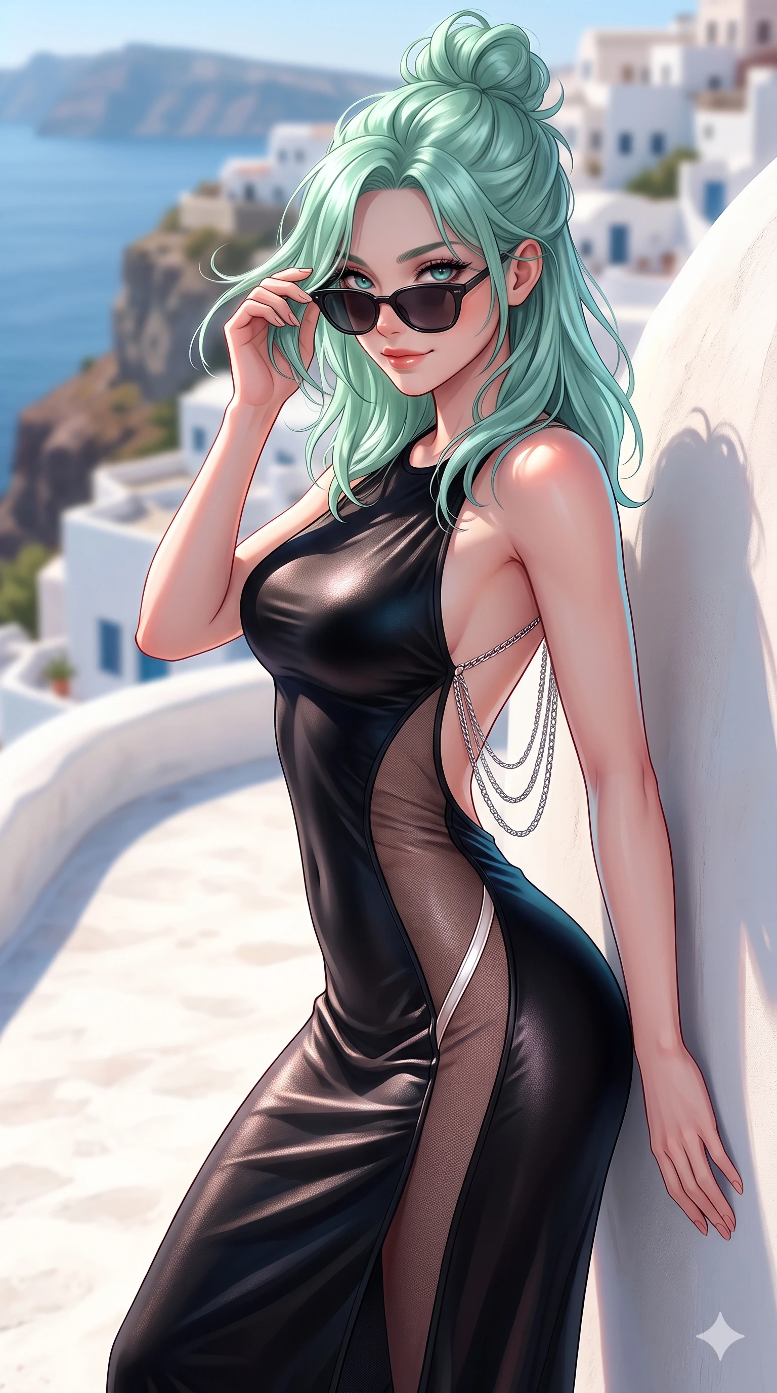 score_9, masterpiece, best quality, ultra-detailed, high-budget anime keyframe, semi-realistic 3D game render, editorial fashion photography, tasteful artistic composition, Japanese woman. close-up cowboy shot from the waist and thighs up, the character dominates the composition, filling the frame with her large presence. gently brushing a lock of salt-kissed hair behind her ear while casting a playful, flirtatious side-gaze with long eyelashes while leaning against the sun-baked curved white wall with hips cocked back, looking through dark sunglasses with an alluring, confident half-smile. The background shows a soft-focus romantic Greek island village softened in clifftop terrace shallow focus. She has an exceptionally elegant, slender, and willowy female figure with an ultra-slim waist, flat toned midriff, narrow ribcage, and sculpted feminine hips creating an alluring, slim hourglass silhouette without bulk. sharp v-shaped jawline, high-bridge nose, sparkling eyes with hypnotic seductive depth, thick curled eyelashes, glossy parted lips with a natural dewy peach sheen, alluring bedroom-eyes with an enchanting coquettish smile, exuding magnetic siren charisma and sophisticated glamour, flawlessly proportioned anatomical accuracy, strict slender model proportions, natural body alignment, perfectly sculpted long slender limbs, ultra-slim waistline, clean dynamic posture without body distortion. wearing a second-skin black silk jersey resort maxi dress with asymmetrical sheer mesh side panels tracing the full curve of her hip in celestial pearl white and rose-gold, crafted from luxurious metallic lamé that shifts radiance with every step, accented with an open-back drape framed by falling strands of delicate chrome chains, the form-contouring cut accentuating her sculpted flat midriff, narrow delicate ribcage, and gracefully curvy hips with intoxicating allure. illuminated by blinding white plaster ground bounce and sharp azure-rose rim lights sculpting her razor-sharp jawline, narrow waist, and curvy hips. highly saturated vibrant anime colors, detailed shading with soft gradients, rich glossy textures, high-contrast stereoscopic depth, volumetric dynamic lighting, master piece, 9:16 ratio