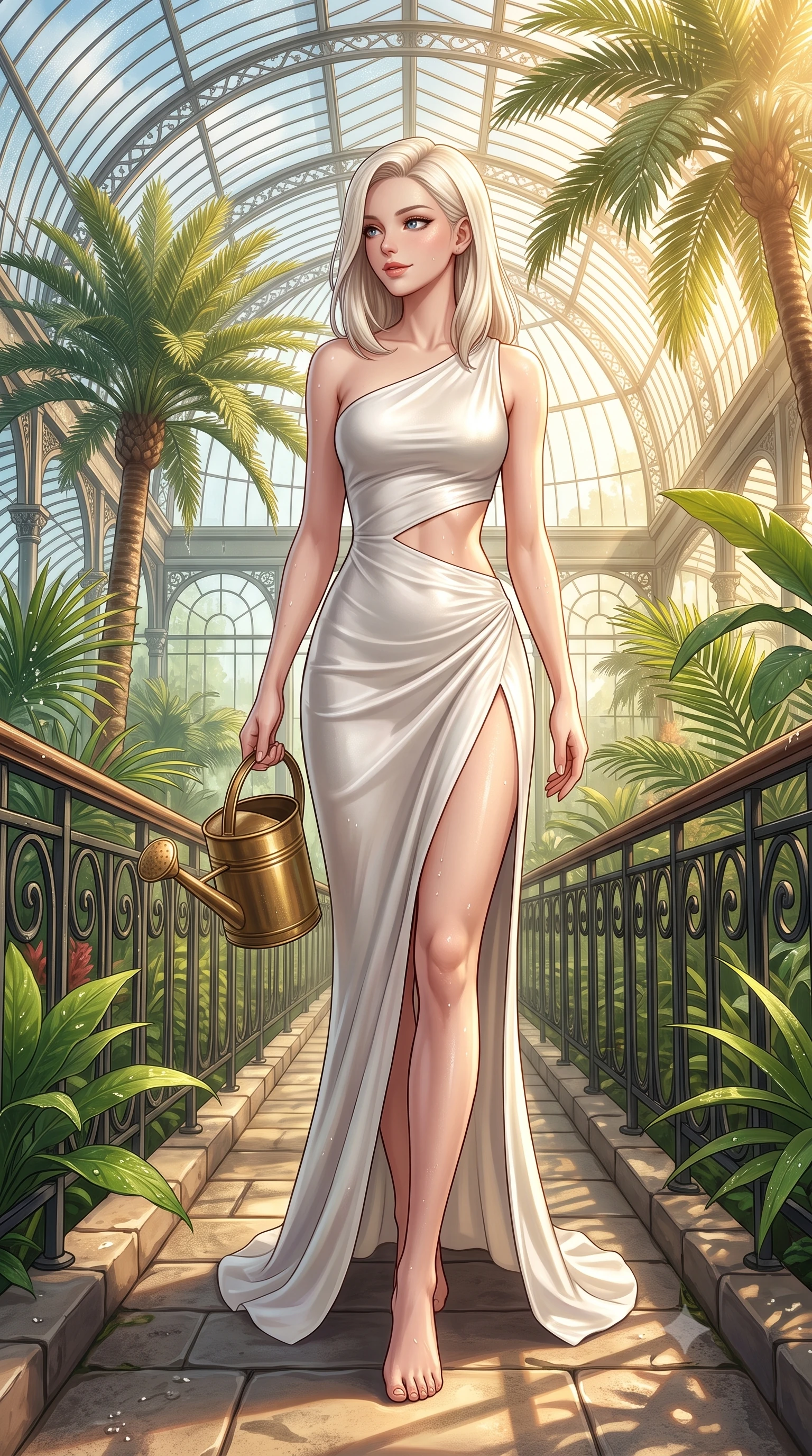 score_9, masterpiece, best quality, ultra-detailed, high-budget anime keyframe, semi-realistic 3D game render, editorial fashion photography, tasteful artistic composition, Caucasian woman. low angle full-body shot from head to toe showing her feet, filling the entire 9:16 vertical frame with her statuesque presence, stretching her vertical silhouette. walking along the terrace with poise, looking back over her bare shoulder with an irresistible smoldering bedroom-gaze while standing centered on the elevated catwalk among towering date palms, arching her spine with breathtaking botanical nymph grace. The surrounding environment is rendered in vivid detail and crisp panoramic clarity: detailed sheer floral lace bralette weave, dewy moisture droplets on skin, and Victorian glasshouse architecture in razor-sharp precision. She has an absolutely perfect, statuesque 8.5-heads proportion, an exceptionally tall and slender model-like female figure with impossibly long slender legs, an ultra-slim waist, a flat toned midriff, narrow delicate ribcage, and beautifully sculpted feminine hips creating a graceful, slim hourglass silhouette without any bulky heaviness. sharp v-shaped jawline, high-bridge nose, sparkling eyes with hypnotic seductive depth, thick curled eyelashes, glossy parted lips with a natural dewy peach sheen, alluring bedroom-eyes with an enchanting coquettish smile, exuding magnetic siren charisma and sophisticated glamour, flawlessly proportioned anatomical accuracy, strict slender model proportions, natural body alignment, perfectly sculpted long slender limbs, ultra-slim waistline, clean dynamic posture without body distortion. wearing an asymmetric one-shoulder liquid jersey nymph dress with dramatic hip-high slit and waist cutout in pure pearl alabaster with liquid platinum sheen, tailored from fine breathable linen with soft natural texture and elegant drape, finished with an antique brass watering can held casually at her side, the form-contouring silhouette accentuating her sculpted flat midriff, narrow delicate ribcage, and gracefully curvy hips with intoxicating allure. bathed in luminous golden morning sunlight streaming through hundreds of curved glass roof panels. highly saturated vibrant anime colors, detailed shading with soft gradients, rich glossy textures, high-contrast stereoscopic depth, volumetric dynamic lighting, master piece, 9:16 ratio
