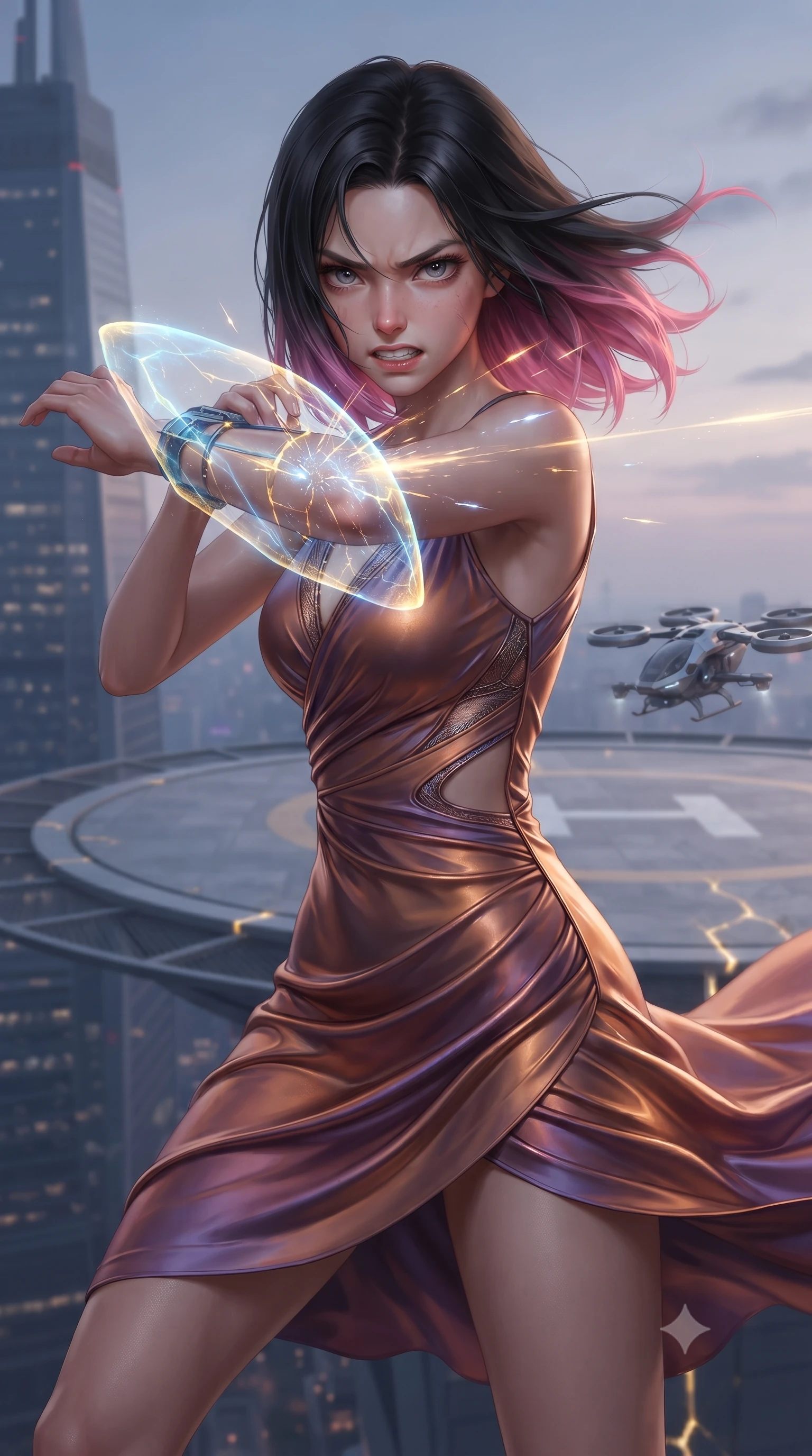 score_9, masterpiece, best quality, ultra-detailed, high-budget anime keyframe, editorial fashion photography, tasteful artistic composition, realistic cosplay photography, Korean woman. close-up cowboy shot from the waist and thighs up, the character dominates the composition, filling the frame with her large presence, background elements kept in soft focus. Deflecting incoming plasma bolts with a glowing energy shield attached to her forearm, teeth grit in determination. set against a soft-focus background of a circular helipad extending from a skyscraper, wind whipping past as a sleek hover-copter lands. She has an exceptionally elegant and slender, willowy female figure with an ultra-slim waist, a gracefully sculpted slender torso, and a refined slim physique. sharp v-shaped jawline, high-bridge nose, intricate jewel-like eyes with depth, thick eyelashes, glossy lips with a natural sheen. wearing the lightweight fabric rippling and billowing dramatically with her movement, a slim-fit draped jersey dress in a shifting copper and violet gradient, the fluid fabric clinging to her slender waist with every movement. glowing kintsugi gold light radiating from cracks in the environment creating a majestic inner glow. ultra-reflective glossy finish, specular highlights, metallic sheen, high-contrast stereoscopic depth, volumetric dynamic lighting, 2k, ultra detail, master piece, 9:16 ratio