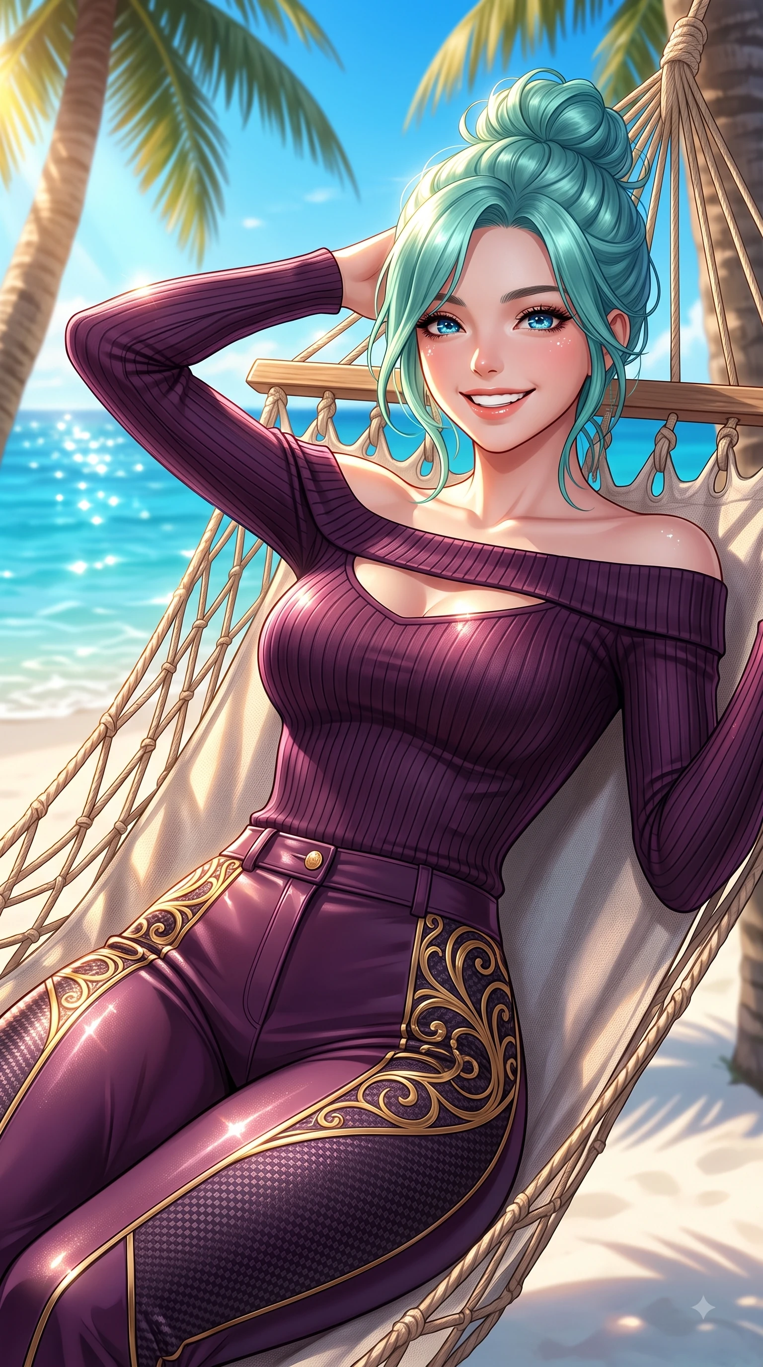 score_9, masterpiece, best quality, ultra-detailed, high-budget anime keyframe, editorial fashion photography, tasteful artistic composition, Japanese woman. close-up cowboy shot from the waist and thighs up, the character dominates the composition, filling the frame with her large presence, background elements kept in soft focus. Radiant bright smile with sparkling eyes directed right into the lens, her torso turning in a dynamic S-curve alignment while lounging joyfully on a sea-facing hammock suspended between coconut palms at golden hour, soft white sand contrasting beautifully with rich ocean azure and vibrant sky blue hues. She has an exceptionally elegant, slender, and willowy female figure with an ultra-slim waist, a gracefully sculpted slender torso, and a refined silhouette. sharp v-shaped jawline, high-bridge nose, intricate jewel-like eyes with depth, thick eyelashes, glossy lips with a natural sheen, flawlessly proportioned anatomical accuracy, natural body alignment, perfectly sculpted elegant limbs, clean dynamic posture without body distortion. wearing a sleek off-shoulder ribbed knit top paired with high-waist tailored pants in plum purple and gold filigree, made of fine carbon-fiber weave and soft matte leather, accented with a Tasteful chest slit framing her clavicle gracefully, the form-contouring material highlighting her ultra-slim waist and long lines. bathed in brilliant tropical sunshine and glittering ocean water refractions. ultra-reflective glossy finish, specular highlights, metallic sheen, high-contrast stereoscopic depth, volumetric dynamic lighting, 2k, ultra detail, master piece, 9:16 ratio