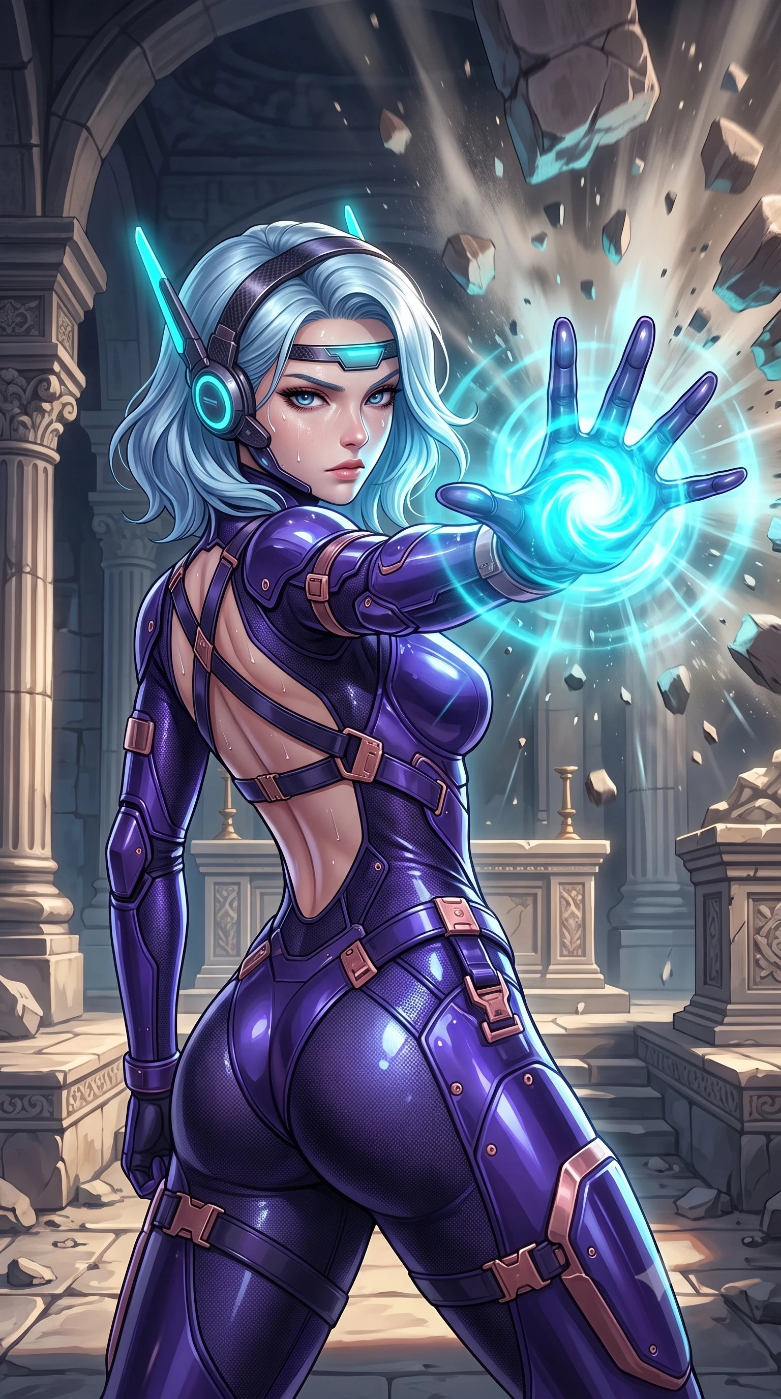 score_9, masterpiece, best quality, ultra-detailed, high-budget anime keyframe, semi-realistic 3D game render, editorial fashion photography, tasteful artistic composition, Korean woman. close-up cowboy shot from the waist and thighs up, the character dominates the composition, filling the frame with her large presence. tilting her head slightly with solemn warrior composure, sweat and rain glistening on her sculpted collarbones and high-bridge nose while delivering a supersonic kinetic palm strike that shatters falling masonry in a radial blast of air and dust. The surrounding environment is rendered in vivid detail and crisp panoramic clarity. transcendent chiaroscuro contrast between sacred ruin architecture and glowing combat energy in precision. She has an exceptionally elegant, slender, and willowy female figure with an ultra-slim waist, a gracefully sculpted slender torso, toned flat midriff, and a refined slim silhouette. sharp v-shaped jawline, high-bridge nose, intricate jewel-like eyes with depth, thick eyelashes, glossy lips with a natural sheen, fierce and resolute heroine expression, flawlessly proportioned anatomical accuracy, strict slender model proportions, natural body alignment, perfectly sculpted long slender limbs, ultra-slim waistline, clean dynamic posture without body distortion. wearing a lightweight carbon-fiber tactical sensory headpiece with glowing cyan ear-antennae and an ultra-thin forehead HUD brow-band, paired with an ultra-sleek high-gloss carbon-composite exoskeleton suit featuring kinetic shock-absorbing shin guards and flexible limb articulation joints in royal purple carbon fiber with distressed rose-gold hardware and buckles, tailored from flexible second-skin ballistic carbon-mesh adhering flawlessly to her athletic build, complemented by criss-cross back harness straps highlighting her completely bare spine, the glove-like aerodynamic second-skin fit tightly clinging to her ultra-slender waist and athletic curves without adding bulk, accentuating her razor-sharp statuesque lines and slim hourglass silhouette. surrounded by an awe-inspiring, tragic, and radiantly unbreakable warrior goddess aura. rich saturated anime colors with glowing neon highlights, detailed shading with soft gradients, rich glossy textures, high-contrast stereoscopic depth, volumetric dynamic lighting, master piece, 9:16 ratio