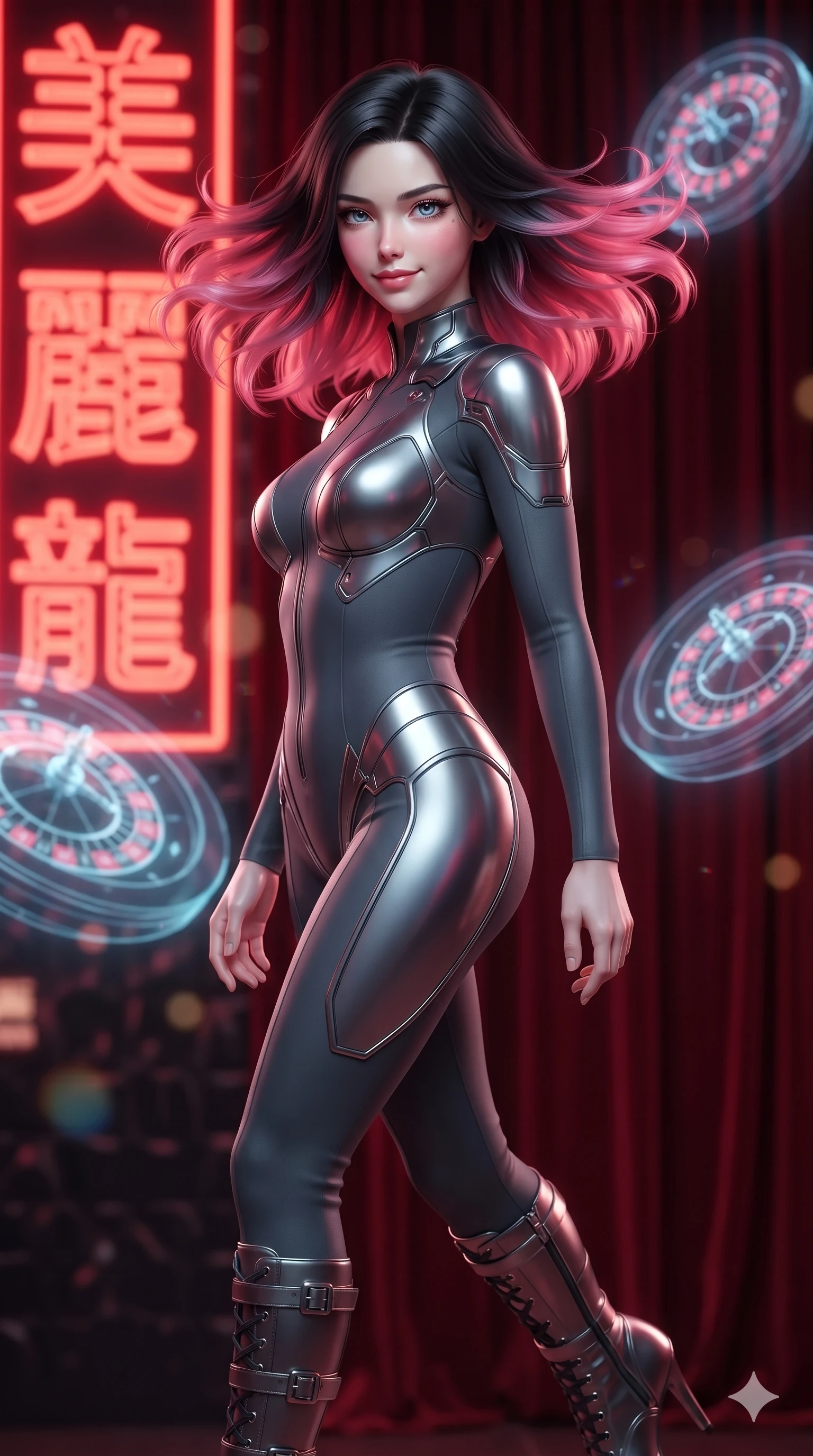 score_9, masterpiece, best quality, ultra-detailed, high-budget anime keyframe, editorial fashion photography, tasteful artistic composition, Korean woman. close-up cowboy shot from the waist and thighs up, the character dominates the composition, filling the frame with her large presence. turning slowly with an enchanting smoldering smile, her glossy hair tossing as her hips angle gracefully in a captivating contrapposto while twisting her slender torso in an alluring contrapposto, glowing holographic chip stacks and scarlet neon tube reflections tracing her narrow waist and curvy hips. The background shows a soft-focus massive vertical scarlet neon kanji signs, floating holographic roulette wheels, and plush velvet curtains blurred into deep scarlet, vermilion, and obsidian bokeh. She has an exceptionally elegant, slender, and willowy female figure with an ultra-slim waist, flat toned midriff, narrow ribcage, and sculpted feminine hips creating an alluring, slim hourglass silhouette without bulk. sharp v-shaped jawline, high-bridge nose, intricate jewel-like sparkling eyes with depth, thick eyelashes, glossy parted lips with a natural sheen, bright confident smile with an enchanting and coquettish sensual glint, exuding both youthful magnetic charm and sovereign high-tech allure, flawlessly proportioned anatomical accuracy, strict slender model proportions, natural body alignment, perfectly sculpted long slender limbs, ultra-slim waistline, clean dynamic posture without body distortion. wearing an ultra-sleek form-contouring thermal silicone composite catsuit adhering seamlessly like a second skin in charcoal grey and polished chrome, made of fluid liquid jersey with seamless sculpting hold and smooth contours, complemented by strappy stiletto combat boots with metallic ankle wraps accentuating her slender calves, the form-contouring cut accentuating her sculpted flat midriff, narrow delicate ribcage, and gracefully curvy hips with cybernetic supermodel precision. illuminated by glowing table surfaces and sharp scarlet rim lights carving her sculpted collarbones, ultra-slim waist, and curvy hips. ultra-reflective glossy finish, specular highlights, rich textural contrasts, high-contrast stereoscopic depth, volumetric dynamic lighting, 2k, ultra detail, master piece, 9:16 ratio