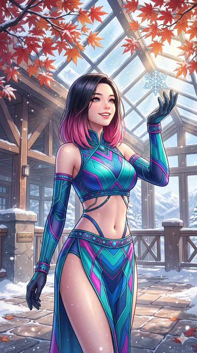 score_9, masterpiece, best quality, ultra-detailed, high-budget anime keyframe, vibrant anime aesthetic, Korean woman. cowboy shot from the thighs up, character and outfit filling the frame for maximum presence. She is catching a snowflake with a hap