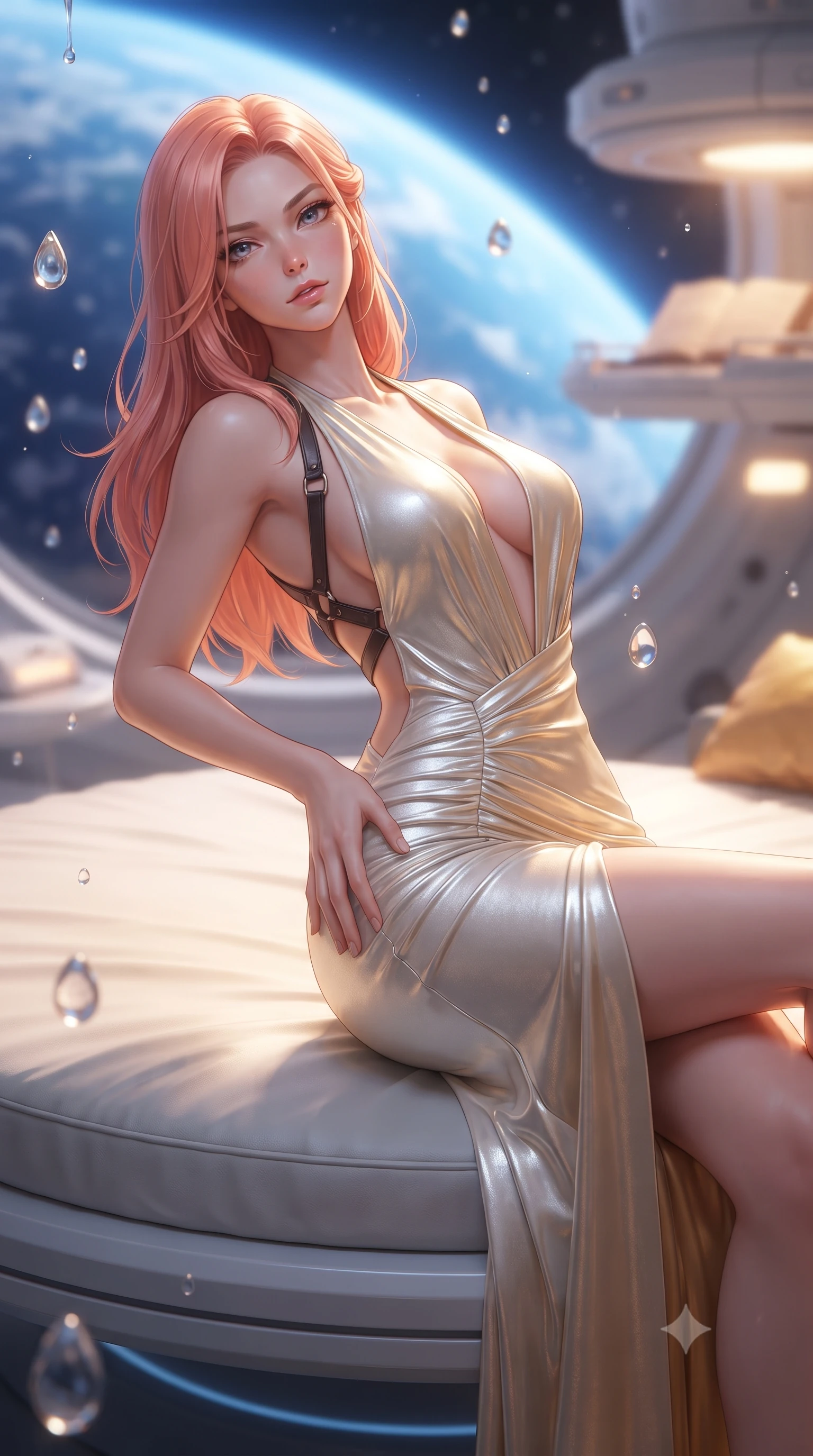score_9, masterpiece, best quality, ultra-detailed, high-budget anime keyframe, editorial fashion photography, tasteful artistic composition, Japanese woman. close-up cowboy shot from the waist and thighs up, the character dominates the composition, filling the frame with her large presence. arching her spine backward with effortless dancer poise, one hand sliding along her hip line as directional light carves specular highlights along her silhouette while reclining languidly on a circular floating daybed with one knee bent, starlight and blue Earth glow tracing the sensual curve of her feminine hips and flat midriff. The composition keeps background elements in soft focus with creamy bokeh. floating zero-gravity droplets and sleek lunar base habitat gantries softened in glamorous sci-fi shallow focus. She has an exceptionally elegant, slender, and willowy female figure with an ultra-slim waist, flat toned midriff, narrow ribcage, and sculpted feminine hips creating an alluring, slim hourglass silhouette without bulk. sharp v-shaped jawline, high-bridge nose, intricate jewel-like eyes with depth, thick eyelashes, glossy parted lips with a natural sheen, intensely captivating and seductive bedroom-eyes expression, flawlessly proportioned anatomical accuracy, strict slender model proportions, natural body alignment, perfectly sculpted long slender limbs, ultra-slim waistline, clean dynamic posture without body distortion. wearing a plunging halter-neck metallic lamé column dress with a dramatic bare spine and hip-defining ruching in pure alabaster white and sun-kissed gold, made of fluid silk crepe with delicate inner corsetry boning, featuring an open-back criss-cross harness strap in dark leather, the glove-like aerodynamic silhouette tightly following the natural contour of her hips and long slender legs with statuesque 8.5-heads elegance. bathed in ethereal sapphire planet-shine from Earth contrasting with warm amber cabin reading spots. ultra-reflective glossy finish, specular highlights, rich textural contrasts, high-contrast stereoscopic depth, volumetric dynamic lighting, 2k, ultra detail, master piece, 9:16 ratio