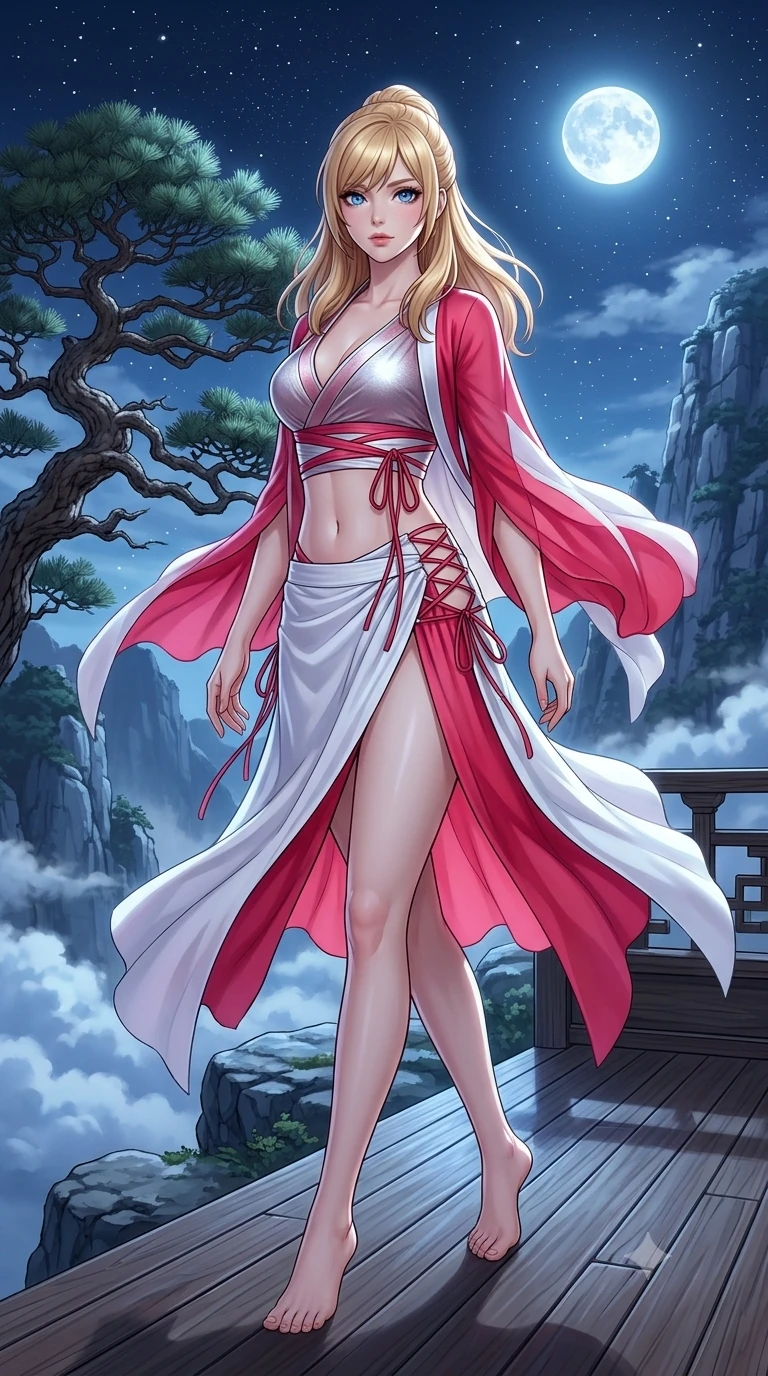 score_9, masterpiece, best quality, ultra-detailed, high-budget anime keyframe, semi-realistic 3D game render, editorial fashion photography, tasteful artistic composition, Caucasian woman. low angle full-body shot from head to toe showing her feet, filling the entire 9:16 vertical frame with her statuesque presence, stretching her vertical silhouette. striding across the moonlit timber deck as nocturnal breezes whip her garments open, accentuating her long slender legs and curvy hips while twisting her slender torso in an alluring S-curve beside the gnarled thousand-year bonsai pine, moonlit clouds drifting below her feet. The surrounding environment is rendered in vivid detail and crisp panoramic clarity: detailed liquid metallic lamé plunge jumpsuit cling, side cutouts, and pristine mountain geology in razor-sharp clarity. She has an absolutely perfect, statuesque 8.5-heads proportion, an exceptionally tall and slender model-like female figure with impossibly long slender legs, an ultra-slim waist, a flat toned midriff, narrow delicate ribcage, and beautifully sculpted feminine hips creating a graceful, slim hourglass silhouette without any bulky heaviness. sharp v-shaped jawline, high-bridge nose, sparkling eyes with hypnotic seductive depth, thick curled eyelashes, glossy parted lips with a natural dewy peach sheen, alluring bedroom-eyes with an enchanting coquettish smile, exuding magnetic siren charisma and sophisticated glamour, flawlessly proportioned anatomical accuracy, strict slender model proportions, natural body alignment, perfectly sculpted long slender limbs, ultra-slim waistline, clean dynamic posture without body distortion. wearing an alluring low-slung modern hanbok wrap skirt with bare waist flanks and delicate silk cord ties in pure snow white and vivid cherry blossom crimson, tailored from fine ribbed modal knit with gentle elastic contouring and soft hand-feel, featuring fine criss-cross lace-up side ties revealing tantalizing glimpses of her hip curve, the liquid-tight tailored fabric clinging flawlessly to her narrow waist and rounded feminine hips, emphasizing every millimeter of her sculpted slim hourglass curves without any bulky heaviness. bathed in crisp, unhindered 6000K mountain full-moon light casting dramatic razor-sharp shadows across the rock face. highly saturated vibrant anime colors, detailed shading with soft gradients, rich glossy textures, high-contrast stereoscopic depth, volumetric dynamic lighting, master piece, 9:16 ratio
