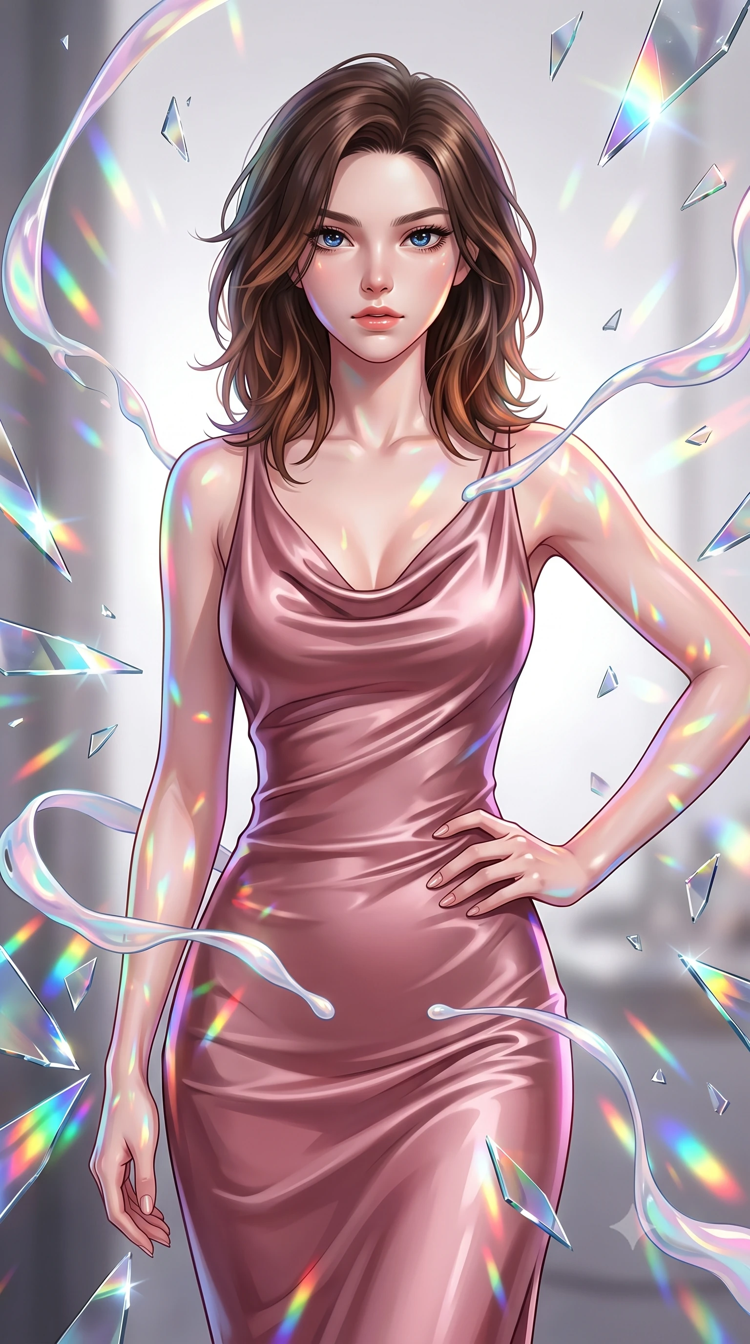 score_9, masterpiece, best quality, ultra-detailed, high-budget anime keyframe, editorial fashion photography, tasteful artistic composition, Korean woman. close-up cowboy shot from the waist and thighs up, the character dominates the composition, filling the frame with her large presence, background elements kept in soft focus. Holding a confident power pose with one hand on her hip, gazing directly into the camera with quiet intensity guiding viscous opal paint ribbons hovering gracefully in mid-air, shattered mirror shards scattering brilliant rainbow reflections everywhere. She has an exceptionally elegant, slender, and willowy female figure with an ultra-slim waist, a gracefully sculpted slender torso, and a refined silhouette. sharp v-shaped jawline, high-bridge nose, intricate jewel-like eyes with depth, thick eyelashes, glossy lips with a natural sheen. wearing an elegant cowl-neck satin midi dress in dusty rose with a graceful draped neckline, the sleek second-skin texture accentuating her magnetic presence. drenched in bright white key light with colorful prismatic rim lighting. highly saturated vibrant anime colors, detailed shading with soft gradients, rich glossy textures, high-contrast stereoscopic depth, volumetric dynamic lighting, master piece, 9:16 ratio