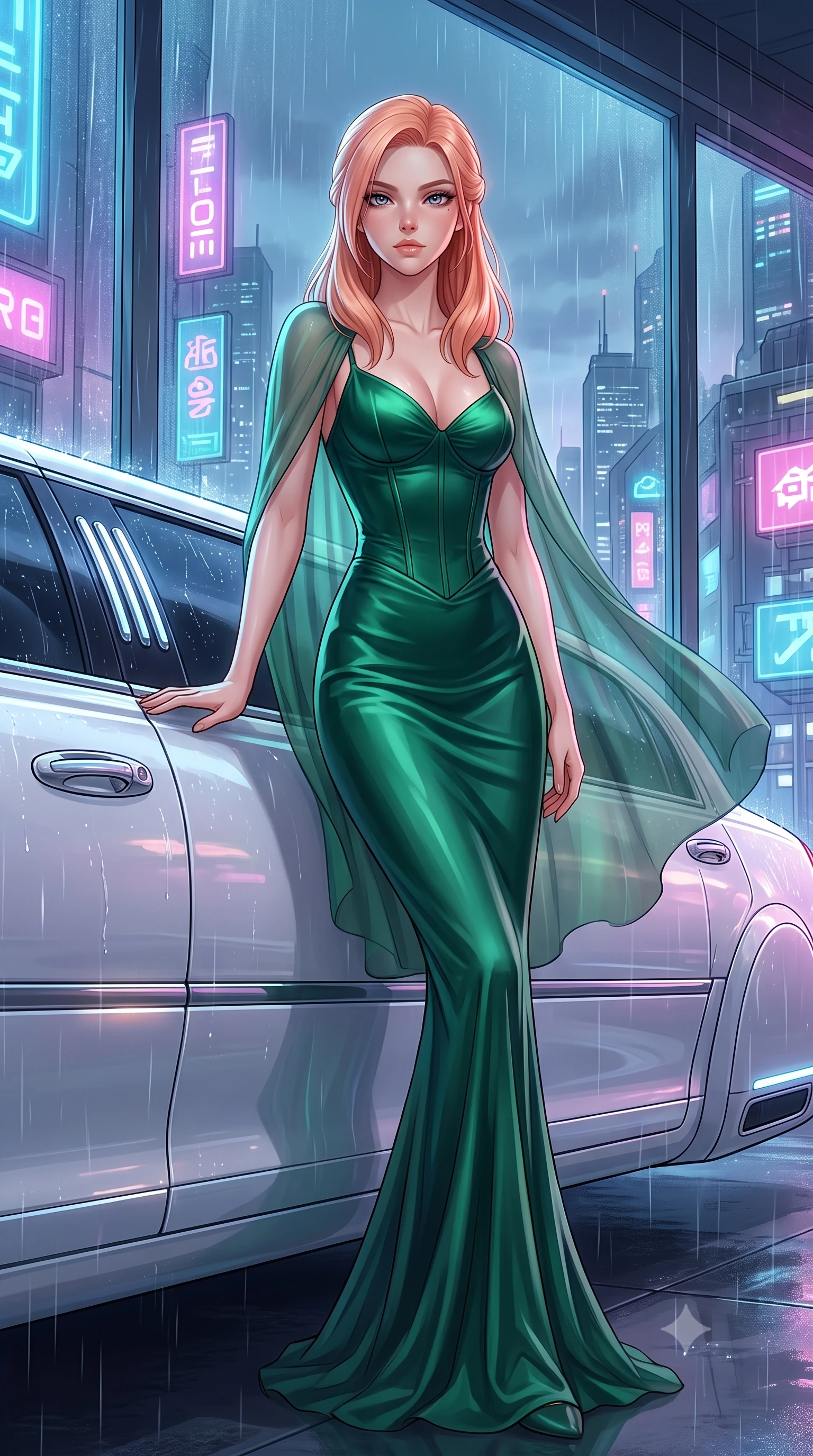 score_9, masterpiece, best quality, ultra-detailed, High-budget Anime Keyframe, East Asian woman. Dynamic full-body shot stretching the vertical silhouette to the limit. Scenario 440: leaning against a sleek white hover-limousine by a glowing neon window at twilight with soft rain falling. Her presence is magnetic and overpowering in this high-budget anime scene. Outfit 440: a slim-fit emerald green liquid silk corset dress draped with a semi-transparent chiffon cape. The clothing is designed to emphasize her exceptionally tall and slender 8-heads proportion. 8-heads proportion, towering silhouette, ultra-slim waist. sharp v-shaped jawline, intricate jewel-like eyes with depth, thick eyelashes, glossy lips. 2k, ultra detail, master piece, 9:16 ratio