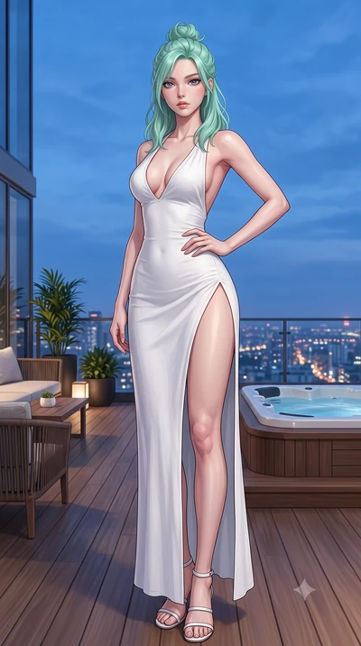 score_9, masterpiece, best quality, ultra-detailed, high-budget anime keyframe, editorial fashion photography, tasteful artistic composition, Japanese woman woman. low angle full-body shot from head to toe showing her feet, filling the entire 9:16 ve