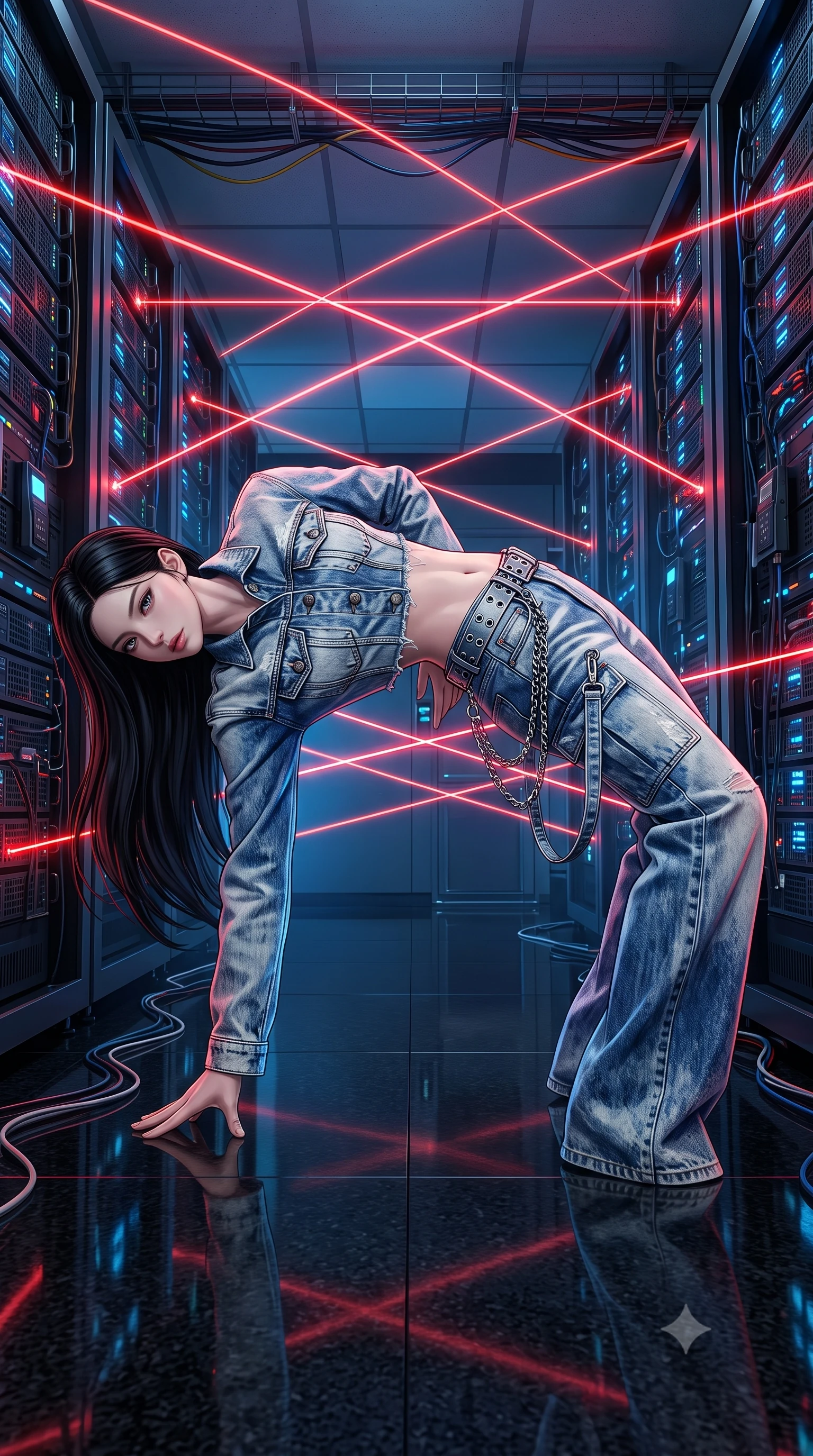 score_9, masterpiece, best quality, ultra-detailed, high-budget anime keyframe, semi-realistic 3D game render, editorial fashion photography, tasteful artistic composition, Korean woman. low angle full-body shot from head to toe showing her feet, filling the entire 9:16 vertical frame with her statuesque presence, stretching her vertical silhouette. pivoting dynamically with supreme athletic balance and poise, her impossibly long slender legs creating a breathtaking line while pivoting dynamically across the polished black granite floor, one hand planted as lasers criss-cross inches above her back. The surrounding environment is rendered in vivid detail and crisp panoramic clarity. detailed tactical bodysuit seams, electronic keycard bypass devices, and data cables in high resolution. She has an absolutely perfect, statuesque 8.5-heads proportion, an exceptionally tall and slender model-like female figure with impossibly long slender legs, a toned flat midriff, and an ultra-slim waist. sharp v-shaped jawline, high-bridge nose, intricate jewel-like eyes with depth, thick eyelashes, glossy lips with a natural sheen, captivating and magnetic expression, flawlessly proportioned anatomical accuracy, strict slender model proportions, natural body alignment, perfectly sculpted long slender limbs, ultra-slim waistline, clean dynamic posture without body distortion. wearing a deconstructed denim corseted crop jacket paired with high-waisted wide-leg utility jeans and a silver grommet belt in acid-wash light denim and dark chrome, tailored from distressed structured cotton denim with metallic thread, accented with hanging industrial clip straps and chrome chain links edition #20, the breezy yet form-flattering drape swaying gracefully with her steps, accentuating her long willowy limbs and slim waistline. bathed in dramatic intersecting red laser beam illumination and cool blue server indicator glow. highly saturated vibrant anime colors, detailed shading with soft gradients, rich glossy textures, high-contrast stereoscopic depth, volumetric dynamic lighting, master piece, 9:16 ratio