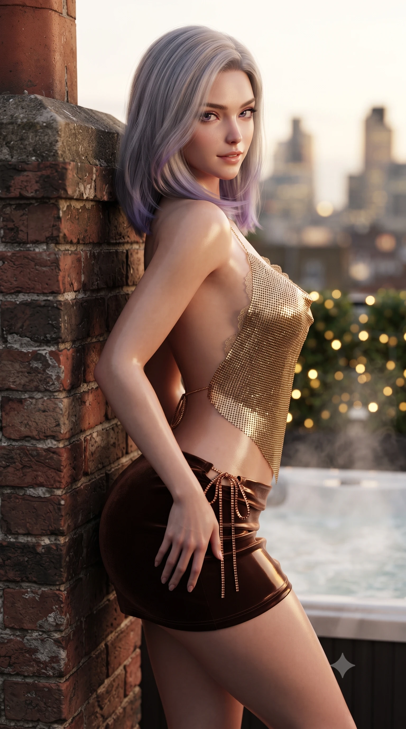 score_9, masterpiece, best quality, ultra-detailed, high-budget anime keyframe, editorial fashion photography, tasteful artistic composition, Caucasian woman. close-up cowboy shot from the waist and thighs up, the character dominates the composition, filling the frame with her large presence. tilting her head with a teasing half-smile, running one hand slowly down the side of her hip in a flirtatious S-curve as ambient light caresses her silhouette while leaning against the weathered red brick chimney breast with hips cocked back, looking over a bare shoulder with bedroom-eyes. The background shows a soft-focus the glittering London skyline, fairy lights woven through boxwood hedges, and rising hot tub steam blurred into amber, gold, and charcoal bokeh. She has an exceptionally elegant, slender, and willowy female figure with an ultra-slim waist, flat toned midriff, narrow ribcage, and sculpted feminine hips creating an alluring, slim hourglass silhouette without bulk. sharp v-shaped jawline, high-bridge nose, sparkling eyes with hypnotic seductive depth, thick curled eyelashes, glossy parted lips with a natural dewy peach sheen, alluring bedroom-eyes with an enchanting coquettish smile, exuding magnetic siren charisma and sophisticated glamour, flawlessly proportioned anatomical accuracy, strict slender model proportions, natural body alignment, perfectly sculpted long slender limbs, ultra-slim waistline, clean dynamic posture without body distortion. wearing a liquid gold chainmail cowl halter top paired with an ultra-low-rise velvet mini skirt and side rhinestone ties in sultry espresso bronze and metallic copper, crafted from wet-look high-gloss vinyl fabric with dazzling specular surface reflections, finished with scalloped eyelash lace trim framing her sweetheart neckline with intimate elegance, the precision-cut side openings and low-back scoop framing her graceful spine and the sensual sweep of her slim, toned hips. illuminated by tub water caustics and sharp warm-gold rim lights defining her delicate clavicles, ultra-slim waist, and curvy hips. ultra-reflective glossy finish, specular highlights, rich textural contrasts, high-contrast stereoscopic depth, volumetric dynamic lighting, 2k, ultra detail, master piece, 9:16 ratio