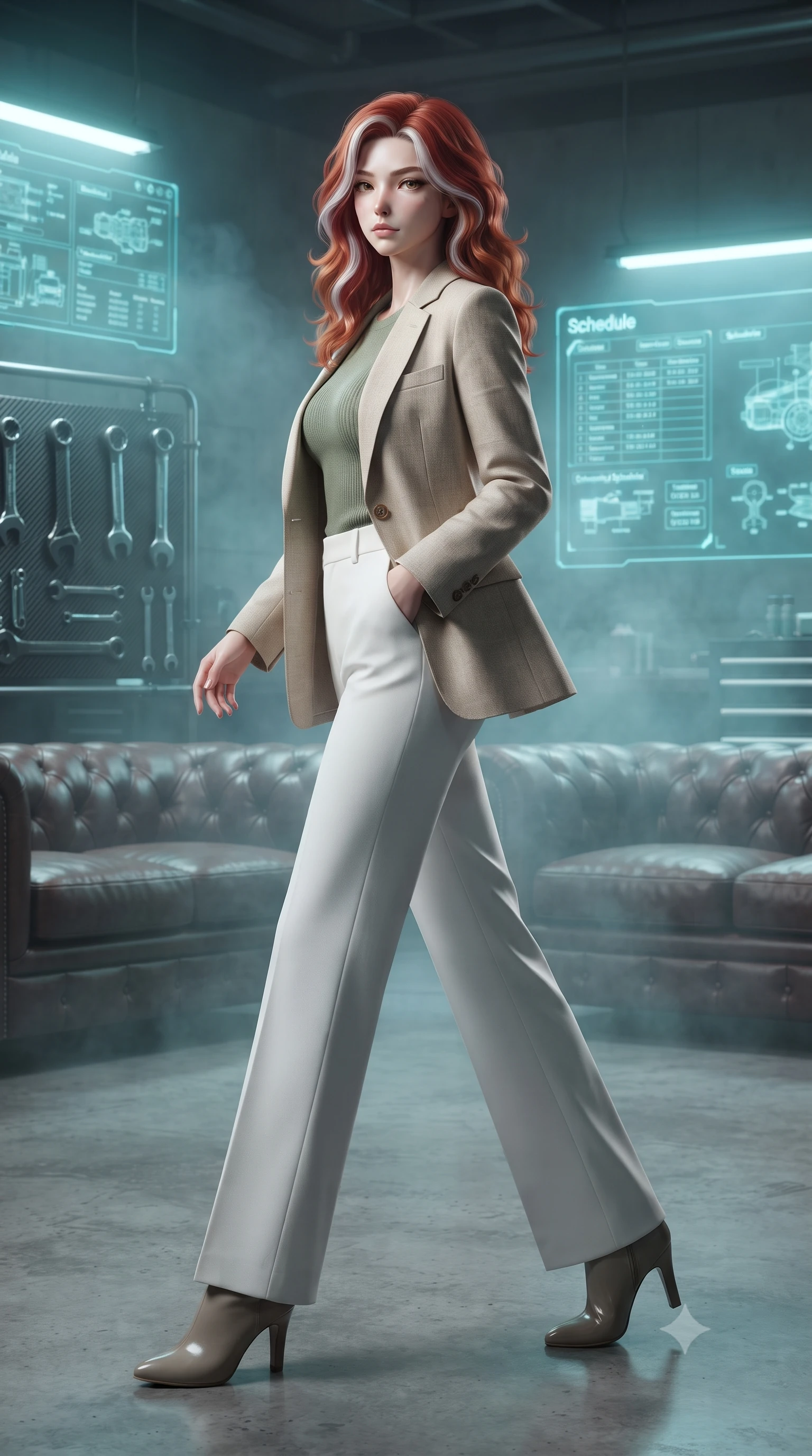 score_9, masterpiece, best quality, ultra-detailed, high-budget anime keyframe, editorial fashion photography, tasteful artistic composition, Caucasian woman. low angle full-body shot from head to toe showing her feet, filling the entire 9:16 vertical frame with her statuesque presence, stretching her vertical silhouette. stepping gracefully while looking back over her shoulder, her dress draped tightly to reveal her silhouette the background shows a soft-focus a cyber-garage lounge with leather sofas, carbon tools, and glowing schedules. She has an absolutely perfect, statuesque 8.5-heads proportion, an exceptionally tall and slender model-like female figure with impossibly long slender legs and an ultra-slim waist. sharp v-shaped jawline, high-bridge nose, intricate jewel-like eyes with depth, thick eyelashes, glossy lips with a natural sheen. wearing a slim-fit tailored beige linen blazer over a sage green knit top and white trousers. soft cyan glow radiating from the screens onto her sharp jawline. ultra-reflective glossy finish, specular highlights, metallic sheen, high-contrast stereoscopic depth, volumetric dynamic lighting, 2k, ultra detail, master piece, 9:16 ratio