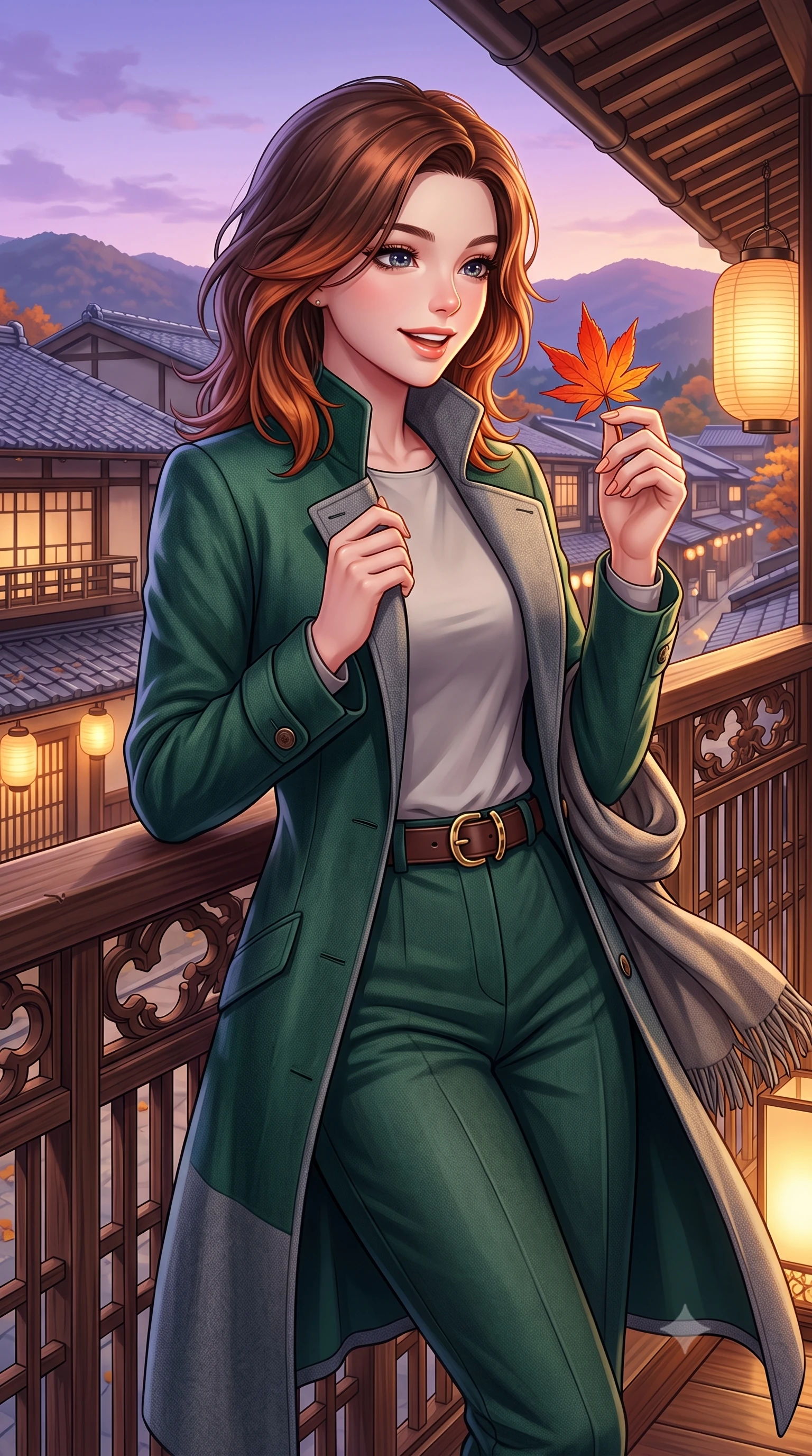 score_9, masterpiece, best quality, ultra-detailed, high-budget anime keyframe, semi-realistic 3D game render, editorial fashion photography, tasteful artistic composition, Korean woman. close-up cowboy shot from the waist and thighs up, the character dominates the composition, filling the frame with her large presence. holding a single autumn leaf delicately between manicured fingers, admiring it with a cheerful, parted-lip smile while leaning gently against the cedar lattice railing of the historic machiya balcony, one hand holding her scarf against the crisp evening breeze. The surrounding environment is rendered in vivid detail and crisp panoramic clarity: detailed double-breasted wool gabardine trench coat drape, horn buttons, and historic Japanese urban architecture in high resolution. She has an exceptionally elegant, slender, and willowy female figure with an ultra-slim waist, flat toned midriff, narrow ribcage, and sculpted feminine hips creating an alluring, slim hourglass silhouette without bulk. sharp v-shaped jawline, high-bridge nose, intricate jewel-like sparkling eyes with depth, thick eyelashes, glossy parted lips with a natural peach sheen, bright cheerful beaming smile with an enchanting and coquettish sensual glint, exuding both youthful cute charm and seductive allure, flawlessly proportioned anatomical accuracy, strict slender model proportions, natural body alignment, perfectly sculpted long slender limbs, ultra-slim waistline, clean dynamic posture without body distortion. wearing a stand-collar tailored linen-silk coat layered over a minimalist silk tunic and straight-leg pressed trousers in St. Moritz pine forest emerald and heather grey, made of luxurious brushed wool flannel with rich textural depth and clean structure, finished with a smooth equestrian bridle-leather belt with a polished brass horseshoe buckle, the structured cinched belt emphasizing her narrow waistline and gracefully balanced proportions with timeless haute-couture polish. bathed in the soft purple-gold twilight glow of autumn sunset over the Higashiyama mountains mixed with warm paper lantern lights. highly saturated vibrant anime colors, detailed shading with soft gradients, rich glossy textures, high-contrast stereoscopic depth, volumetric dynamic lighting, master piece, 9:16 ratio