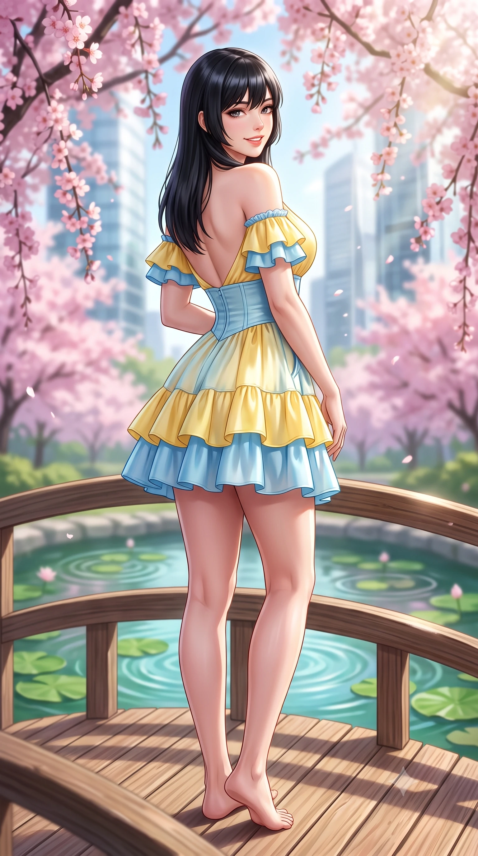 score_9, masterpiece, best quality, ultra-detailed, high-budget anime keyframe, semi-realistic 3D game render, editorial fashion photography, tasteful artistic composition, Caucasian woman. close-up cowboy shot from the waist and thighs up, the character dominates the composition, filling the frame with her large presence. posing in an alluring rear three-quarter angle, turning over a bare shoulder with an intoxicating cute smile, her hips cocked back to highlight her slim hourglass curve while standing on the curved wooden footbridge above the circular lotus pond, arching her lower back with a bright, charming smile. The composition keeps background elements in soft focus with dreamy creamy bokeh. weeping cherry blossom branches, circular lotus pond ripples, and futuristic glass tower facades blurred into sakura-pink, emerald, and glass-white bokeh. She has an exceptionally elegant, slender, and willowy female figure with an ultra-slim waist, flat toned midriff, narrow ribcage, and sculpted feminine hips creating an alluring, slim hourglass silhouette without bulk. sharp v-shaped jawline, high-bridge nose, intricate jewel-like sparkling eyes with depth, thick eyelashes, glossy parted lips with a natural peach sheen, bright cheerful beaming smile with an enchanting and coquettish sensual glint, exuding both youthful cute charm and seductive allure, flawlessly proportioned anatomical accuracy, strict slender model proportions, natural body alignment, perfectly sculpted long slender limbs, ultra-slim waistline, clean dynamic posture without body distortion. wearing a tiered ruffled chiffon mini dress with a fitted corseted waist and open back in sunny daffodil yellow and clear sky blue, made of smooth fluid silk satin with a delicate pearlescent sheen, finished with neat front wooden buttons and delicate pocket details, the form-fitting cut adhering flawlessly to her sculpted flat midriff and slender torso, emphasizing her long leg lines and perfectly proportioned willowy build. bathed in bright morning spring sunlight scattering through blooming flower canopies. highly saturated vibrant anime colors, detailed shading with soft gradients, rich glossy textures, high-contrast stereoscopic depth, volumetric dynamic lighting, master piece, 9:16 ratio