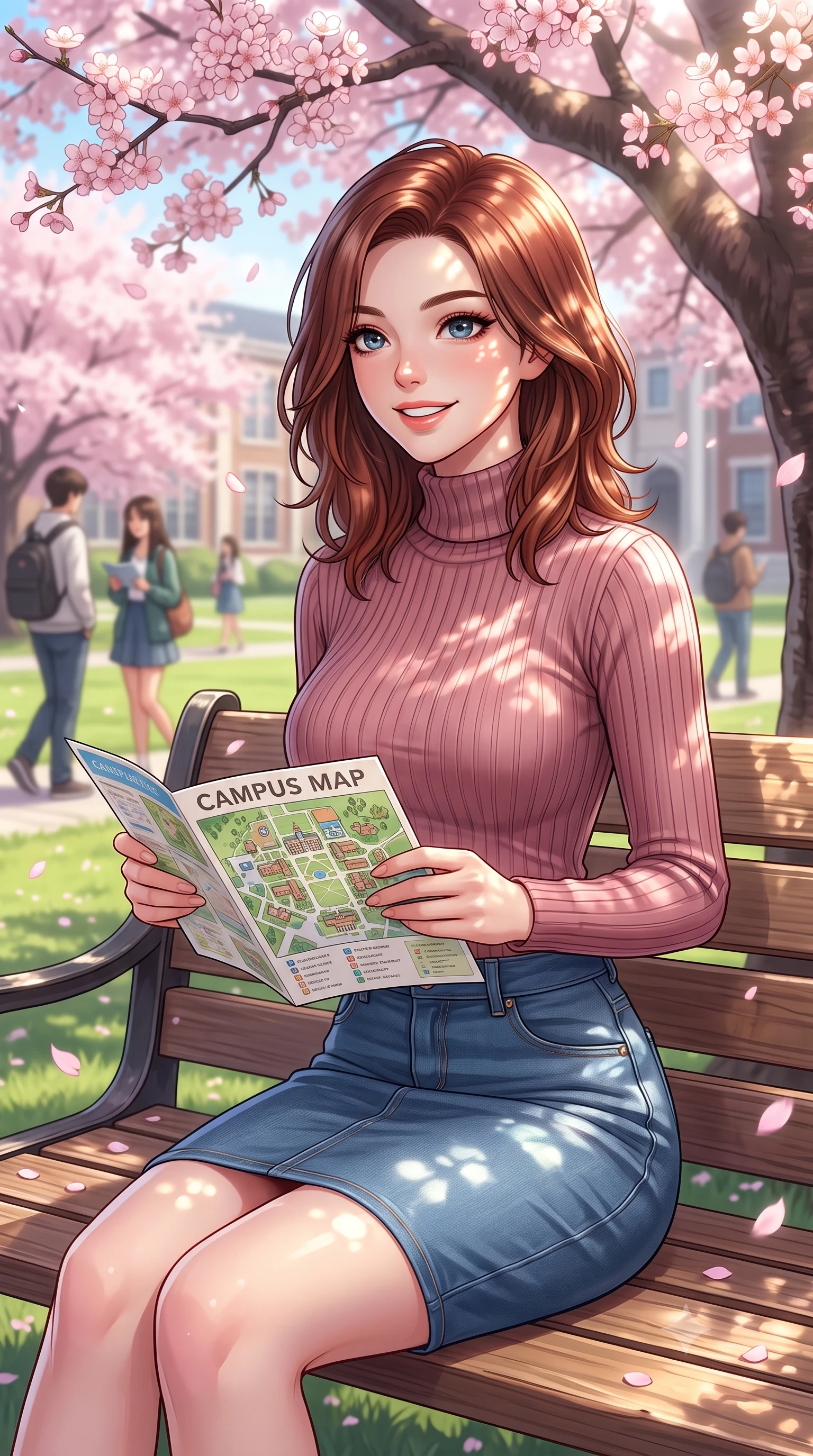 score_9, masterpiece, best quality, ultra-detailed, high-budget anime keyframe, editorial fashion photography, tasteful artistic composition, Korean woman. close-up cowboy shot from the waist and thighs up, the character dominates the composition, filling the frame with her large presence, background elements kept in soft focus. gazing past the camera with a happy, bright expression and a warm smile set against a soft-focus background of sitting on a wooden bench under a large, blooming cherry blossom tree on a college campus lawn looking at a campus map brochure with a cheerful, curious look. She has an exceptionally elegant, slender, and willowy female figure with an ultra-slim waist, a gracefully sculpted slender torso, and a refined silhouette. sharp v-shaped jawline, high-bridge nose, intricate jewel-like eyes with depth, thick eyelashes, glossy lips with a natural sheen. wearing body-hugging form-fitting ribbed knit turtleneck in dusty rose, tucked into a slim denim pencil skirt. dappled sunlight creating beautiful light patterns on her skin and the ground. highly saturated vibrant anime colors, detailed shading with soft gradients, rich glossy textures, high-contrast stereoscopic depth, volumetric dynamic lighting, master piece, 9:16 ratio
