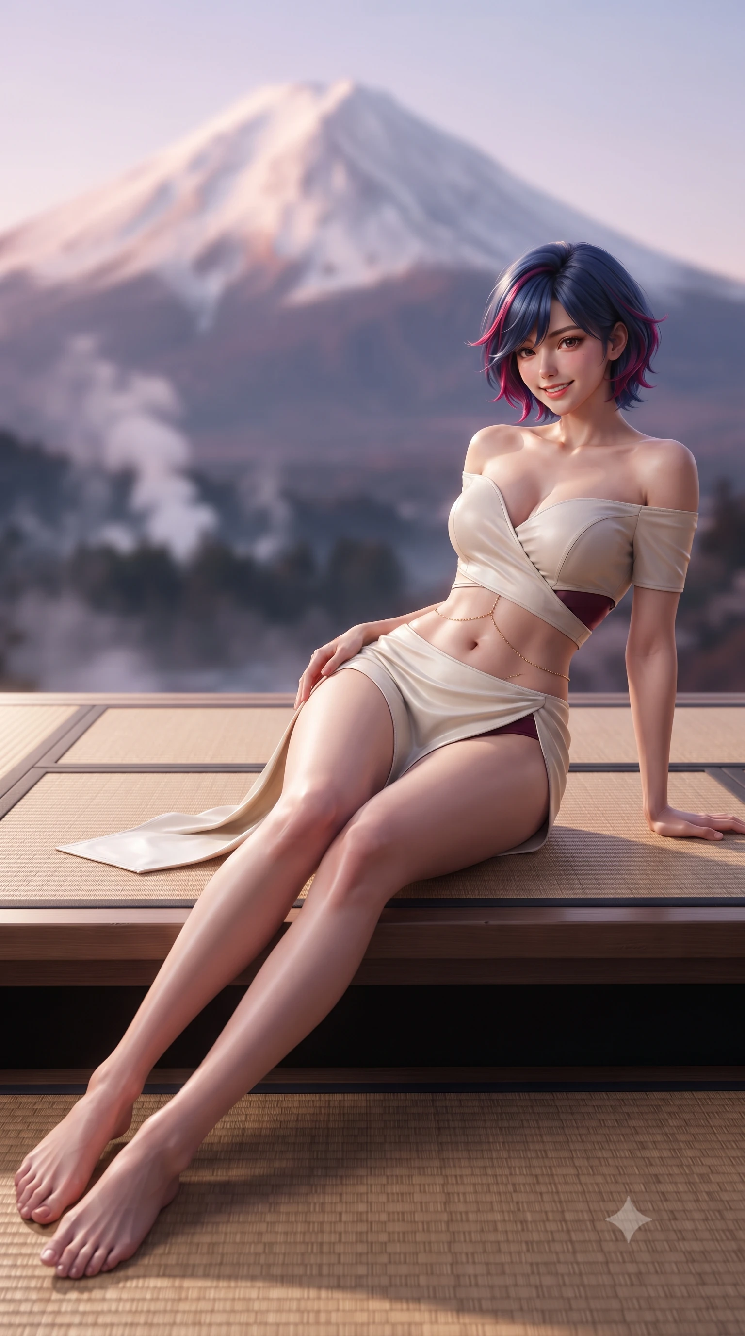 score_9, masterpiece, best quality, ultra-detailed, high-budget anime keyframe, editorial fashion photography, tasteful artistic composition, Korean woman. low angle full-body shot from head to toe showing her feet, filling the entire 9:16 vertical frame with her statuesque presence, stretching her vertical silhouette. walking along the terrace with poise, looking back over her bare shoulder with an irresistible smoldering bedroom-gaze while reclining gracefully across the woven rush tatami platform propped on one elbow with legs extended, displaying her long slender limbs and statuesque hourglass silhouette. The background shows a soft-focus snow-crested Mount Fuji glowing in evening alpenglow, wisps of volcanic steam from misty forested gorges, blurred into rose, violet, and charcoal bokeh. She has an exceptionally tall and slender model-like 8.5-heads proportion, an ultra-slim waist, a flat toned midriff, narrow delicate ribcage, and beautifully sculpted feminine hips creating a graceful, slim hourglass silhouette without any bulky heaviness, with impossibly long slender legs. sharp v-shaped jawline, high-bridge nose, intricate jewel-like sparkling eyes with depth, thick eyelashes, glossy parted lips with a natural peach sheen, bright cheerful beaming smile with an enchanting and coquettish sensual glint, exuding both youthful cute charm and seductive allure, flawlessly proportioned anatomical accuracy, strict slender model proportions, natural body alignment, perfectly sculpted long slender limbs, ultra-slim waistline, clean dynamic posture without body distortion. wearing an alluring plunge-front off-the-shoulder crop top with asymmetrical side-torso cutouts and a high-slit wrap skirt in Belvedere ivory pearl and Habsburg bordeaux wine, woven from buttery-soft stretch lambskin leather adhering to her body like a second skin, accented with a dainty gold belly chain resting across her flat midriff and curving hips, the high-slit wrap tailoring accentuating her ultra-slim waistline and the enchanting curve of her feminine hips with alluring seductive charm. illuminated by tatami floor bounce and sharp rose-gold rim lights sculpting her jawline, narrow waist, and curvy hips. ultra-reflective glossy finish, specular highlights, rich textural contrasts, high-contrast stereoscopic depth, volumetric dynamic lighting, 2k, ultra detail, master piece, 9:16 ratio