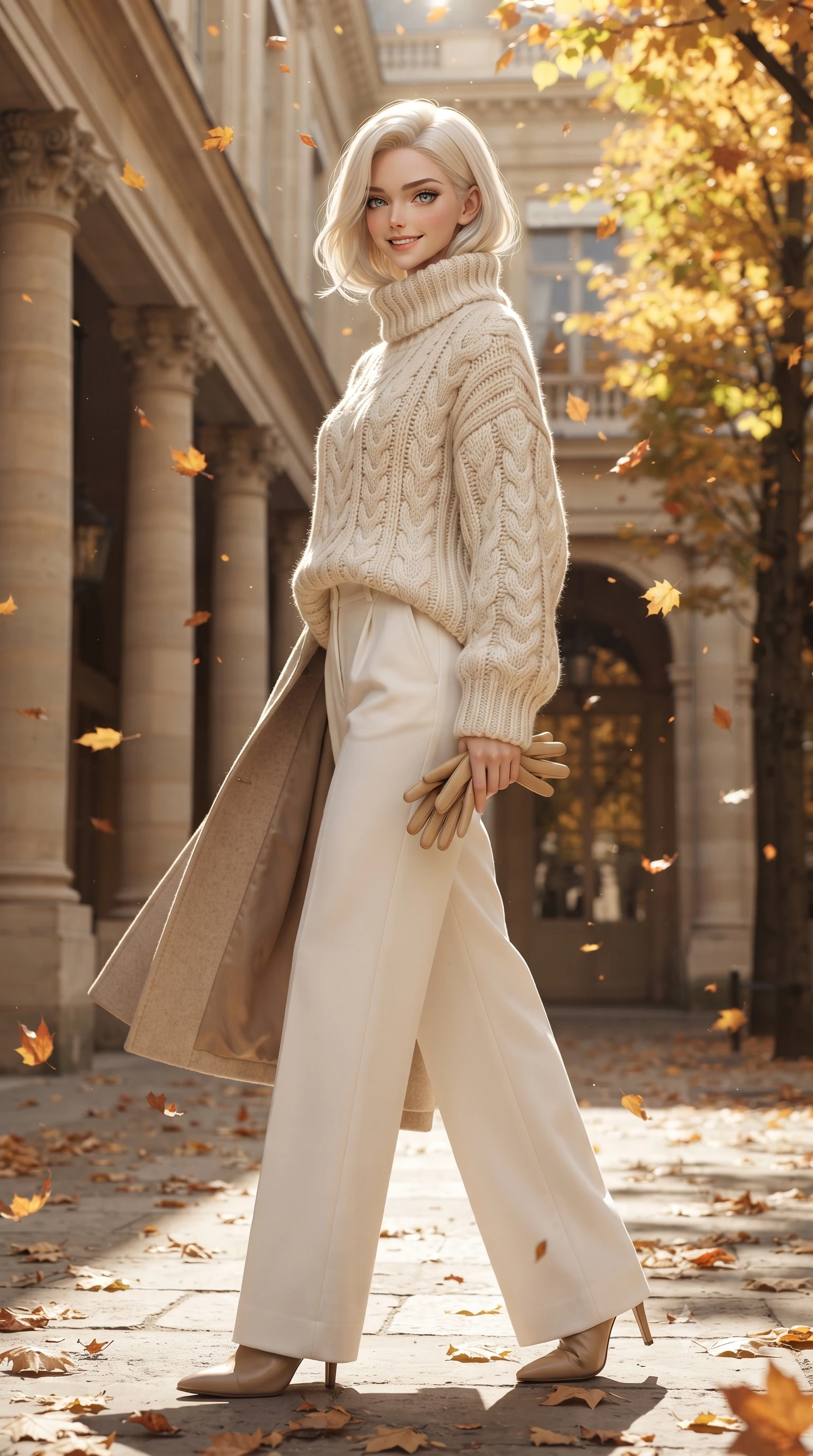 score_9, masterpiece, best quality, ultra-detailed, high-budget anime keyframe, editorial fashion photography, tasteful artistic composition, Caucasian woman. low angle full-body shot from head to toe showing her feet, filling the entire 9:16 vertical frame with her statuesque presence, stretching her vertical silhouette. pausing along the promenade and turning back toward the camera with an infectious, delightful smile and perfect posture while standing in the sun-dappled courtyard among golden manicured linden trees, watching autumn leaves flutter down with serene delight. The surrounding environment is rendered in vivid detail and crisp panoramic clarity: detailed double-faced wool coat texture, horn button accents, and classical French monumental architecture in razor-sharp precision. She has an exceptionally tall and slender model-like 8.5-heads proportion, an ultra-slim waist, a flat toned midriff, narrow delicate ribcage, and beautifully sculpted feminine hips creating a graceful, slim hourglass silhouette without any bulky heaviness, with impossibly long slender legs. sharp v-shaped jawline, high-bridge nose, intricate jewel-like sparkling eyes with depth, thick eyelashes, glossy parted lips with a natural peach sheen, bright cheerful beaming smile with an enchanting and coquettish sensual glint, exuding both youthful cute charm and seductive allure, flawlessly proportioned anatomical accuracy, strict slender model proportions, natural body alignment, perfectly sculpted long slender limbs, ultra-slim waistline, clean dynamic posture without body distortion. wearing an oversized chunky cable-knit cashmere roll-neck sweater paired with brushed wool flannel wide-leg trousers in Swiss alpine snow white and oat cashmere, woven from fine Australian merino wool with a smooth fluid drape and subtle sheen, complemented by buttery leather gloves held delicately in one manicured hand, the expertly draped wool fabric falling in crisp fluid lines along her tall 8.5-heads silhouette, celebrating her slender frame without excess fabric bulk. bathed in rhythmic alternating pools of bright autumn afternoon sun and soft shaded stone arcade ambient light. ultra-reflective glossy finish, specular highlights, rich textural contrasts, high-contrast stereoscopic depth, volumetric dynamic lighting, 2k, ultra detail, master piece, 9:16 ratio