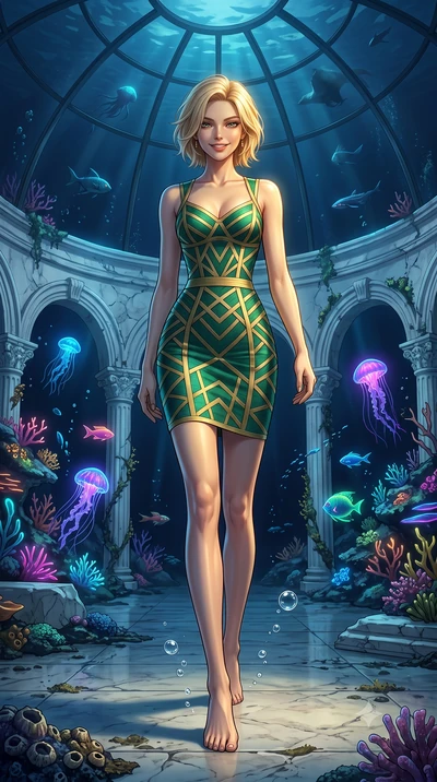 score_9, masterpiece, best quality, ultra-detailed, high-budget anime keyframe, editorial fashion photography, tasteful artistic composition, Caucasian woman, strictly human ears. low angle full-body shot from head to toe showing her feet, filling th