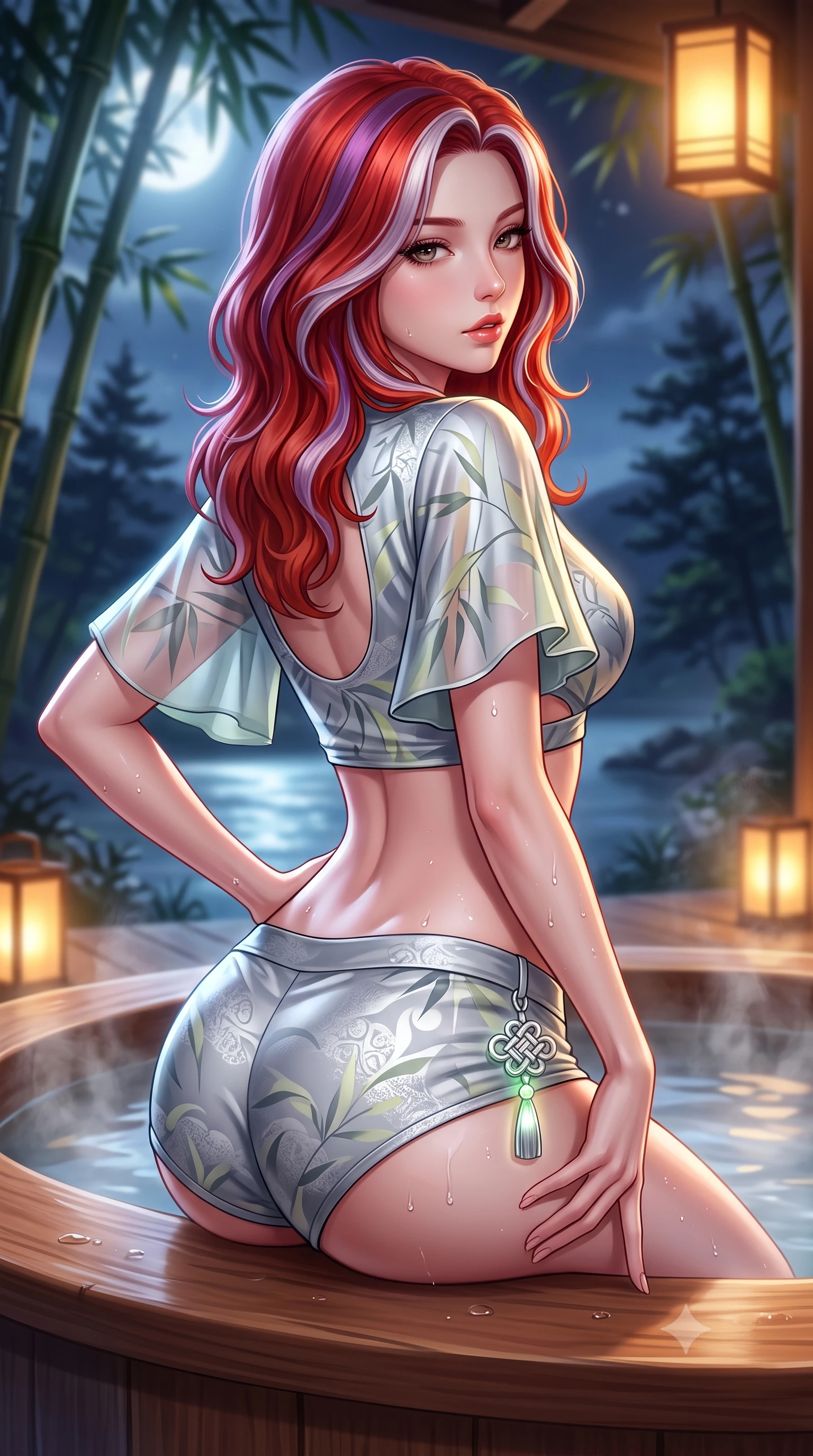 score_9, masterpiece, best quality, ultra-detailed, high-budget anime keyframe, semi-realistic 3D game render, editorial fashion photography, tasteful artistic composition, Caucasian woman. close-up cowboy shot from the waist and thighs up, the character dominates the composition, filling the frame with her large presence. posing in an alluring rear three-quarter angle, arching her lower back in a pronounced S-curve with one hand on her hip, glancing seductively over her bare shoulder with parted glossy lips while perching on the smooth cedar wood rim of a steaming outdoor footbath, water droplets beading on her hip as she glances back with parted glossy lips. The composition keeps background elements in soft focus with creamy bokeh. distant Katsura river waters and dark pine silhouettes softened in dreamy nocturnal shallow focus. She has an exceptionally elegant, slender, and willowy female figure with an ultra-slim waist, a gracefully sculpted slender torso, toned flat midriff, and rounded feminine hips creating an alluring hourglass silhouette. sharp v-shaped jawline, high-bridge nose, intricate jewel-like eyes with depth, thick eyelashes, glossy parted lips with a natural sheen, intensely captivating and seductive bedroom-eyes expression, flawlessly proportioned anatomical accuracy, strict slender model proportions, natural body alignment, perfectly sculpted long slender limbs, ultra-slim waistline, clean dynamic posture without body distortion. wearing a modern shortened silk-yukata crop top with wide fluttering sleeves and low-slung swim shorts in moonlit silver and pale bamboo green, tailored from crisp ceremonial cotton and multi-layered translucent chiffon, accented with a glowing metallic norigae knot charm resting against her hip, the precision-cut side openings and low-back scoop framing her graceful spine and the sensual sweep of her hips. bathed in cool silver full-moon light streaming through the bamboo canopy and warm amber lantern downlights. highly saturated vibrant anime colors, detailed shading with soft gradients, rich glossy textures, high-contrast stereoscopic depth, volumetric dynamic lighting, master piece, 9:16 ratio