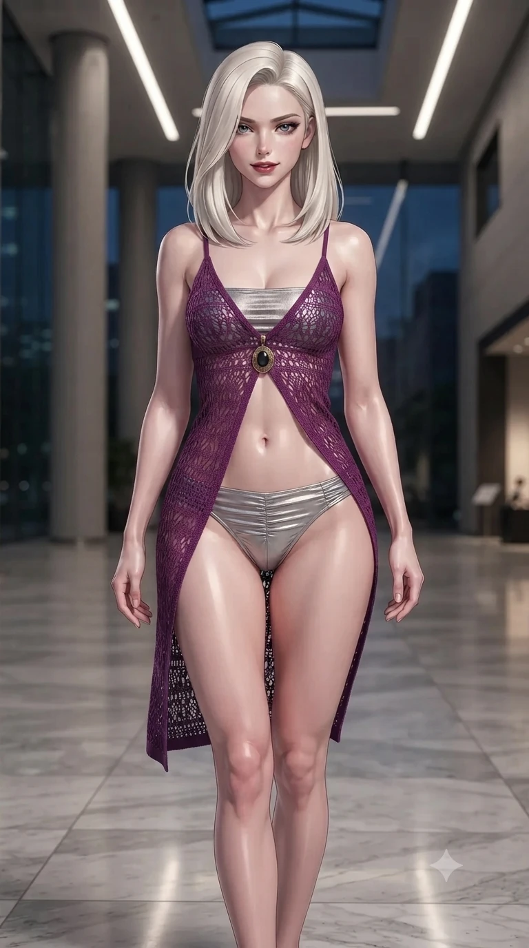 score_9, masterpiece, best quality, ultra-detailed, high-budget anime keyframe, editorial fashion photography, tasteful artistic composition, Caucasian woman. close-up cowboy shot from the waist and thighs up, the character dominates the composition, filling the frame with her large presence. tilting her head with a teasing half-smile, running one hand slowly down the side of her hip in a flirtatious S-curve as ambient neon caresses her silhouette while walking slowly across the vast marble atrium with sovereign elegance, hips swaying gracefully as her heels click on stone. The background shows a soft-focus monumental Tokyo modern atrium softened in architectural shallow focus. She has an exceptionally elegant, slender, and willowy female figure with an ultra-slim waist, flat toned midriff, narrow ribcage, and sculpted feminine hips creating an alluring, slim hourglass silhouette without bulk. sharp v-shaped jawline, high-bridge nose, intricate jewel-like dark sparkling eyes with dangerous depth, thick curled eyelashes, glossy parted lips with a rich wine sheen, smoldering seductive half-smile with bedroom-eyes, exuding effortless superiority and intoxicating dark allure, flawlessly proportioned anatomical accuracy, strict slender model proportions, natural body alignment, perfectly sculpted long slender limbs, ultra-slim waistline, clean dynamic posture without body distortion. wearing a delicate semi-sheer openwork crochet knit slip worn over a metallic micro-bandeau and ruched briefs in royal amaranth purple and liquid platinum, tailored from fine lightweight midnight wool crepe with crisp architectural structure, finished with an authentic engraved gold medallion and obsidian cabochons, the form-contouring cut accentuating her sculpted flat midriff, narrow delicate ribcage, and gracefully curvy hips with intoxicating allure. bathed in subtle, high-contrast recessed linear LED lighting and skylight nocturnal glow. ultra-reflective glossy finish, specular highlights, rich textural contrasts, high-contrast stereoscopic depth, volumetric dynamic lighting, 2k, ultra detail, master piece, 9:16 ratio