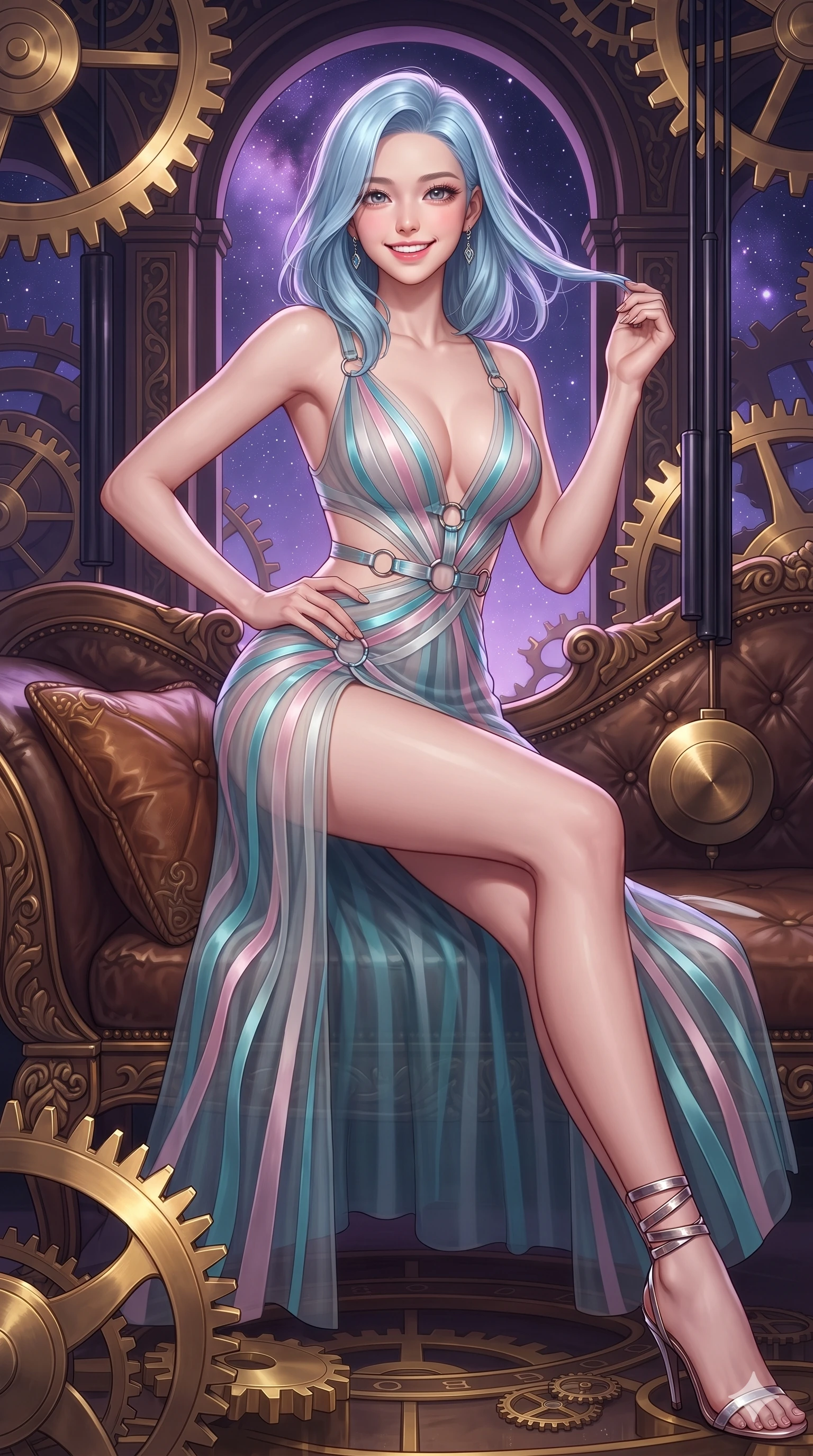 score_9, masterpiece, best quality, ultra-detailed, high-budget anime keyframe, editorial fashion photography, tasteful artistic composition, Korean woman. close-up cowboy shot from the waist and thighs up, the character dominates the composition, filling the frame with her large presence. twisting her slender torso in an alluring contrapposto stance, one hand resting on her sculpted hip while her fingers toy with her hair with effortless poise while lounging gracefully across the leather-cushioned clockwork settee propped on one elbow with legs extended, displaying her long slender limbs and statuesque hourglass silhouette against the cosmic gears. The surrounding environment is rendered in vivid detail and crisp panoramic clarity: sharp polished brass gear teeth, engraved astronomical gear ratios, and heavy obsidian pendulum rods in deep focus. She has an exceptionally elegant, slender, and willowy female figure with an ultra-slim waist, flat toned midriff, narrow ribcage, and sculpted feminine hips creating an alluring, slim hourglass silhouette without bulk. sharp v-shaped jawline, high-bridge nose, intricate jewel-like sparkling eyes with depth, thick eyelashes, glossy parted lips with a natural peach sheen, bright cheerful beaming smile with an enchanting and coquettish sensual glint, exuding both youthful cute charm and seductive allure, flawlessly proportioned anatomical accuracy, strict slender model proportions, natural body alignment, perfectly sculpted long slender limbs, ultra-slim waistline, clean dynamic posture without body distortion. wearing a plunge-front sheer illusion tulle slip dress with liquid platinum ribbon stripes hugging her curves in subterranean lagoon turquoise and lotus blossom pink, adorned with delicate chrome ring hardware and cutouts along her slender waist, complemented by strappy stiletto sandals with metallic ankle wraps accentuating her slender calves, the high-slit wrap tailoring accentuating her ultra-slim waistline and the enchanting curve of her feminine hips with alluring seductive charm. bathed in the warm radiant 2600K gleam of polished brass gears mixed with cool purple starlight through open arches. ultra-reflective glossy finish, specular highlights, rich textural contrasts, high-contrast stereoscopic depth, volumetric dynamic lighting, 2k, ultra detail, master piece, 9:16 ratio