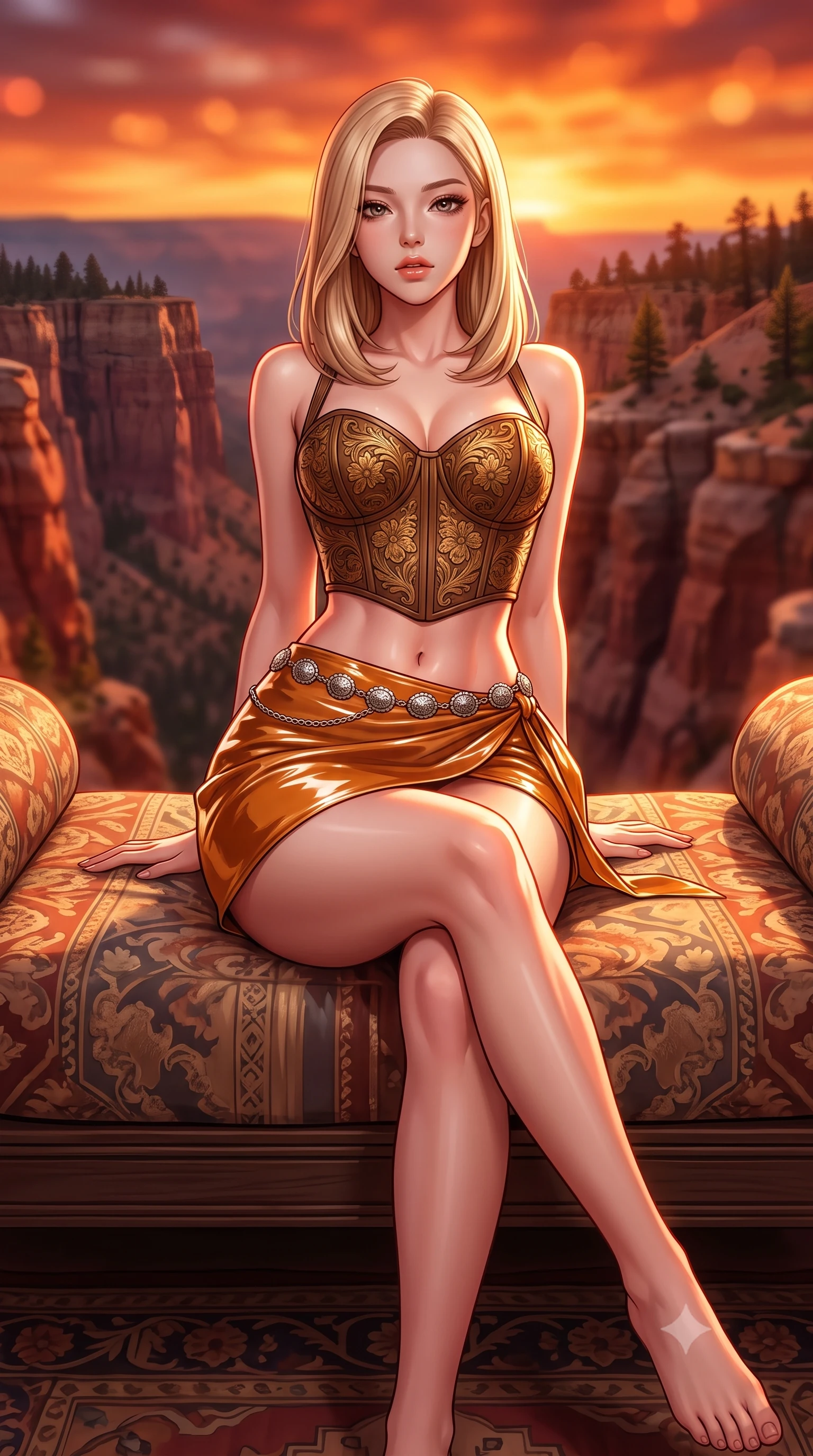 score_9, masterpiece, best quality, ultra-detailed, high-budget anime keyframe, semi-realistic 3D game render, editorial fashion photography, tasteful artistic composition, Korean woman. low angle full-body shot from head to toe showing her feet, filling the entire 9:16 vertical frame with her statuesque presence, stretching her vertical silhouette. lounging on the lavish daybed with legs crossed and hips angled toward the camera, displaying her toned midriff and long slender limbs with effortless siren poise while twisting her slender torso in an alluring S-curve, crimson vortex sunset light carving sharp highlights across her flat midriff and hips. The background shows a soft-focus deep canyon crevices, pine-dotted plateaus, and molten orange sunset sky blurred into crimson, copper, and fiery gold bokeh. She has an absolutely perfect, statuesque 8.5-heads proportion, an exceptionally tall and slender model-like female figure with impossibly long slender legs, an ultra-slim waist, a flat toned midriff, narrow delicate ribcage, and beautifully sculpted feminine hips creating a graceful, slim hourglass silhouette without any bulky heaviness. sharp v-shaped jawline, high-bridge nose, sparkling eyes with hypnotic seductive depth, thick curled eyelashes, glossy parted lips with a natural dewy peach sheen, alluring bedroom-eyes with an enchanting coquettish smile, exuding magnetic siren charisma and sophisticated glamour, flawlessly proportioned anatomical accuracy, strict slender model proportions, natural body alignment, perfectly sculpted long slender limbs, ultra-slim waistline, clean dynamic posture without body distortion. wearing a structured boned leatherette corset bodice with western floral tooling paired with a micro-wrap denim skirt in warm amber honey and antique gold leaf, crafted from wet-look high-gloss vinyl fabric with dazzling specular surface reflections, accented with an intricate silver concho waist chain resting loosely on her curvy hips, the glove-like clinging cut tightly following the natural contour of her hips and long slender legs with youthful 8.5-heads elegance. illuminated by sandstone reflection fill and sharp warm-amber rim lights sculpting her jawline, narrow waist, and voluptuous hip curves. highly saturated vibrant anime colors, detailed shading with soft gradients, rich glossy textures, high-contrast stereoscopic depth, volumetric dynamic lighting, master piece, 9:16 ratio