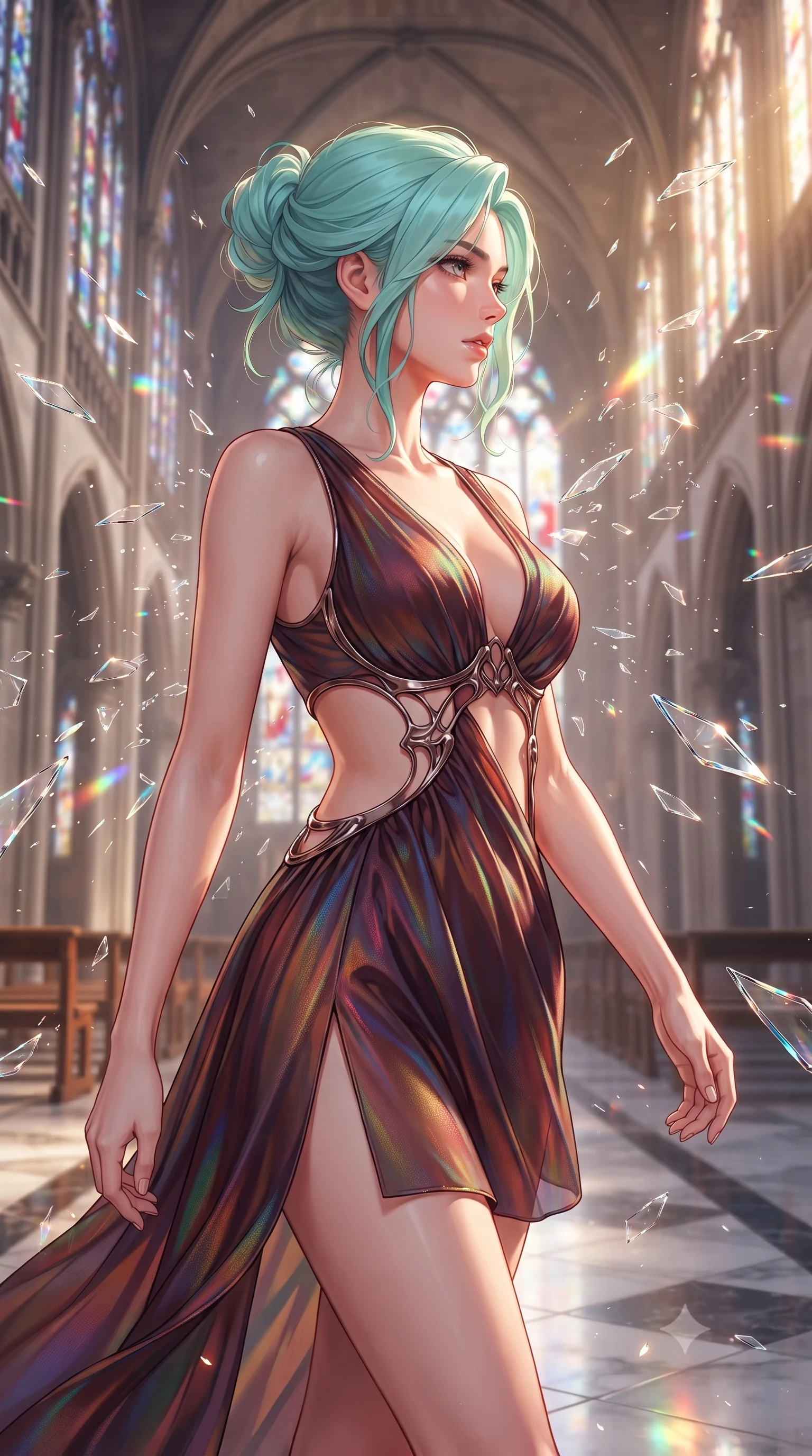 score_9, masterpiece, best quality, ultra-detailed, high-budget anime keyframe, editorial fashion photography, tasteful artistic composition, Japanese woman. close-up cowboy shot from the waist and thighs up, the character dominates the composition, filling the frame with her large presence, background elements kept in soft focus. Turning her face in sharp dramatic profile against the bright light, showcasing her sharp v-shaped jawline walking down a polished marble nave lined with tall stained glass arcades, shattered glass shards catching bright specular highlights in mid-air. She has an exceptionally elegant, slender, and willowy female figure with an ultra-slim waist, a gracefully sculpted slender torso, and a refined silhouette. sharp v-shaped jawline, high-bridge nose, intricate jewel-like eyes with depth, thick eyelashes, glossy lips with a natural sheen. wearing a dramatic open-waist cutout mini dress framed by sculptural hardware in deep burgundy and bronze, crafted from iridescent chiffon that shifts colors in the light, finished with a sleek side slit ascending to mid-thigh, the form-contouring material highlighting her ultra-slim waist and long lines. illuminated by a warm golden key light and brilliant multi-color rim light. highly saturated vibrant anime colors, detailed shading with soft gradients, rich glossy textures, high-contrast stereoscopic depth, volumetric dynamic lighting, master piece, 9:16 ratio