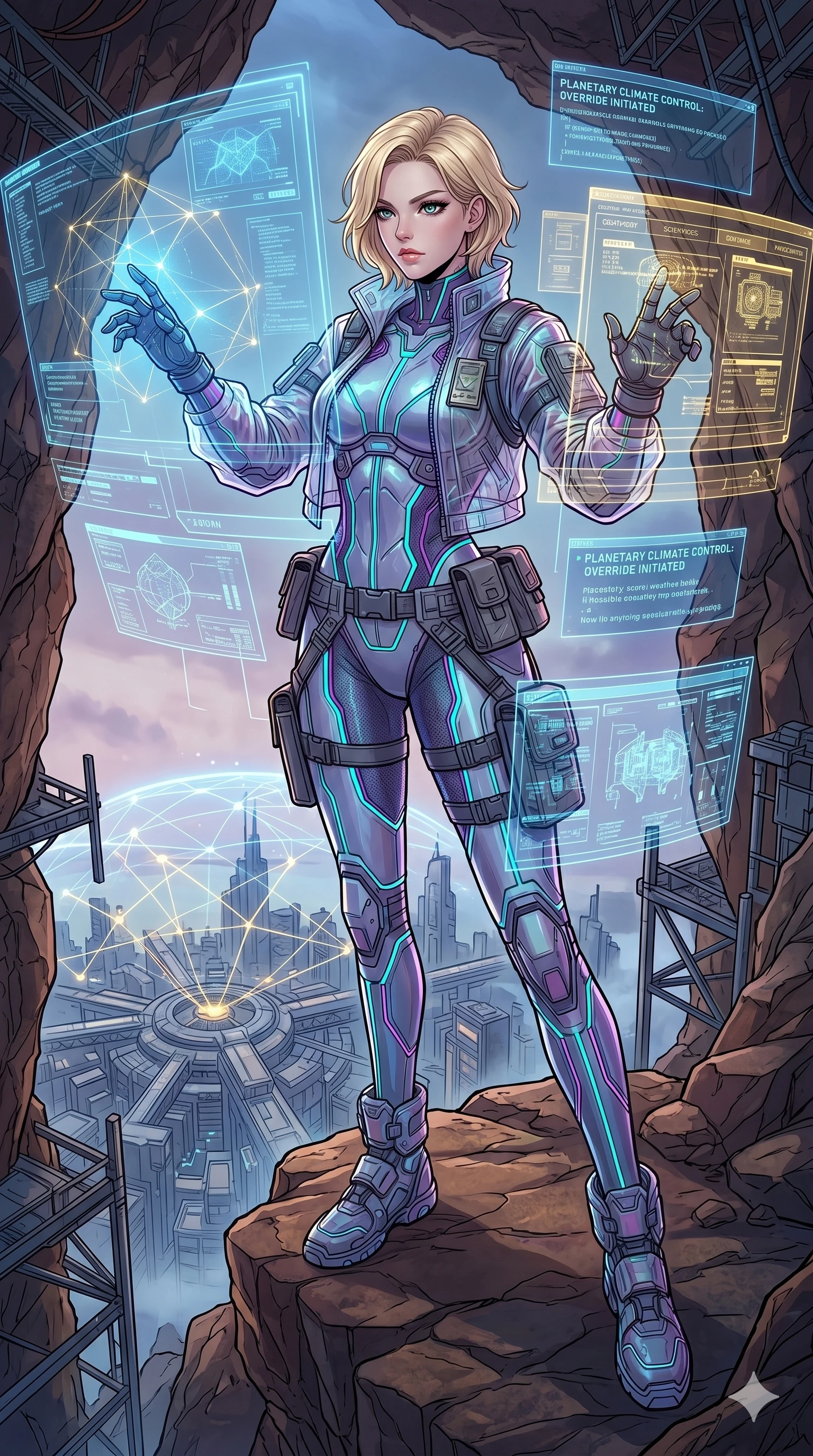 score_9, masterpiece, best quality, ultra-detailed, high-budget anime movie keyframe, cinematic anime lighting, intricate line art, Caucasian (strictly human ears) woman. Dynamic full-body shot stretching the vertical silhouette with extreme perspective. hacking the planetary climate control system from a mountain base. She has an absolutely perfect 8-heads proportion, an exceptionally tall and slender female figure with graceful and slender proportions. strictly human anatomy, two legs only, no extra limbs, clearly defined legs and arms, perfect anatomy, perfect hands and fingers. sharp v-shaped jawline, high-bridge nose, intricate jewel-like eyes, thick eyelashes, glossy lips. Wearing Tech-Fantasy: Cybernetic tech-suit with glowing seams, translucent jacket over a bodysuit, and modular tactical gear. The scene is illuminated by dramatic atmospheric lighting and vibrant color palettes. , 2k, ultra detail, master piece, 9:16 ratio