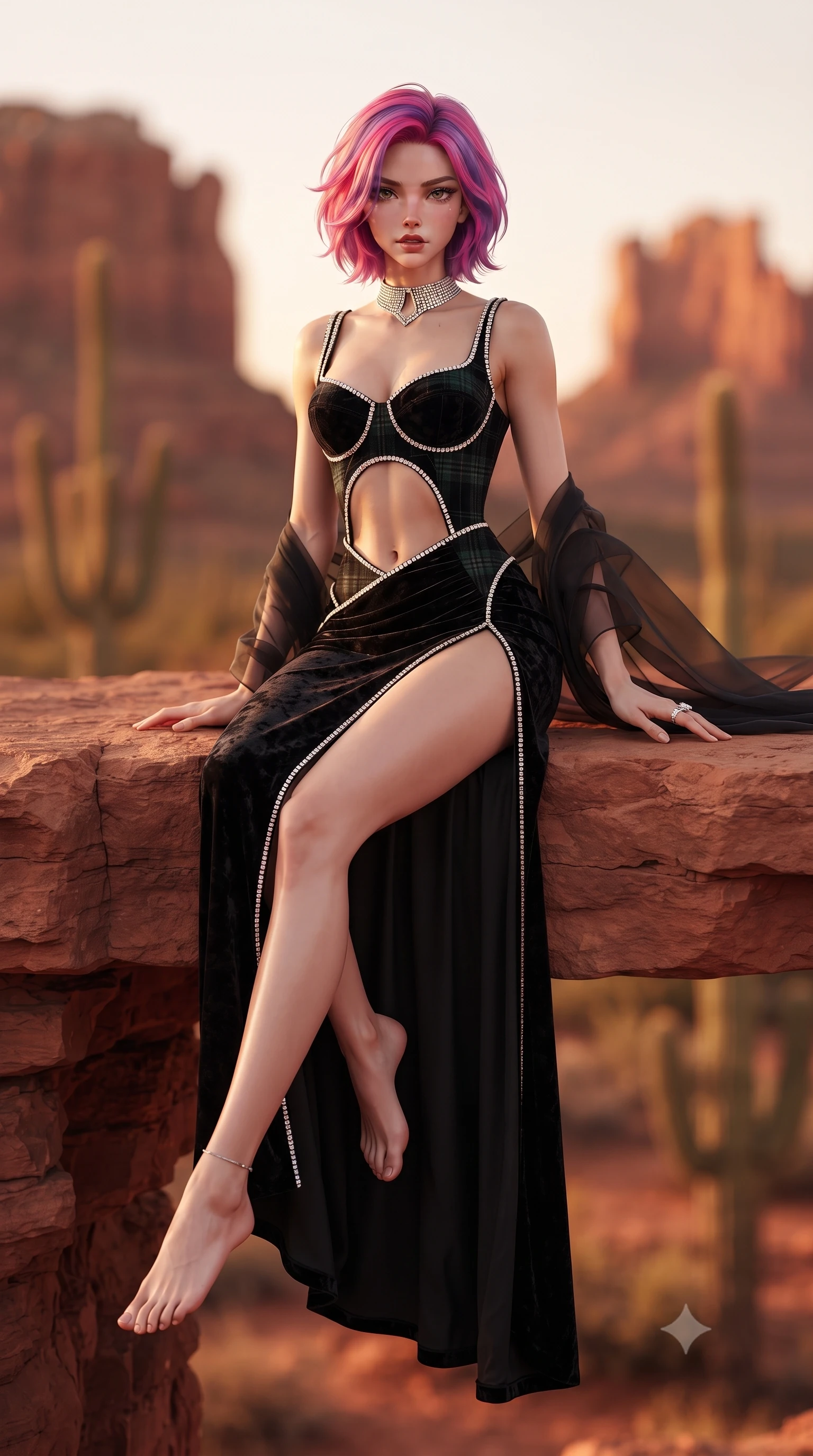 score_9, masterpiece, best quality, ultra-detailed, high-budget anime keyframe, editorial fashion photography, tasteful artistic composition, Caucasian woman. low angle full-body shot from head to toe showing her feet, filling the entire 9:16 vertical frame with her statuesque presence, stretching her vertical silhouette. sitting perched on the elevated edge with hips angled toward the camera and legs crossed, displaying her toned midriff and flawlessly sculpted slender limbs while standing poised on the canyon overlook rock ledge, the desert sunset wind fluttering her sheer wrap to reveal her long legs and narrow waist. The composition keeps background elements in soft focus with creamy bokeh. monumental crimson sandstone buttes and saguaro cactus silhouettes blurred into glowing terracotta, burnt orange, and desert-gold bokeh. She has an exceptionally tall and slender model-like 8.5-heads proportion, an ultra-slim waist, a flat toned midriff, narrow delicate ribcage, and beautifully sculpted feminine hips creating a graceful, slim hourglass silhouette without any bulky heaviness, with impossibly long slender legs. sharp v-shaped jawline, high-bridge nose, intricate jewel-like eyes with depth, thick eyelashes, glossy parted lips with a natural sheen, intensely captivating and seductive bedroom-eyes expression, flawlessly proportioned anatomical accuracy, strict slender model proportions, natural body alignment, perfectly sculpted long slender limbs, ultra-slim waistline, clean dynamic posture without body distortion. wearing a tailored tartan-wool and crushed-velvet corseted gala gown with an architectural open-waist cutout and high-cut thigh slit in pitch-black velvet with diamond crystal trim, crafted from luxurious metallic lamé that shifts radiance with every step, complemented by a bold geometric choker and sparkling cocktail ring, the liquid-tight tailored fabric clinging flawlessly to her narrow waist and rounded feminine hips, emphasizing every millimeter of her sculpted slim hourglass curves without any bulky heaviness. surrounded by an earthy, sacred, and deeply sensual desert goddess aura. ultra-reflective glossy finish, specular highlights, rich textural contrasts, high-contrast stereoscopic depth, volumetric dynamic lighting, 2k, ultra detail, master piece, 9:16 ratio