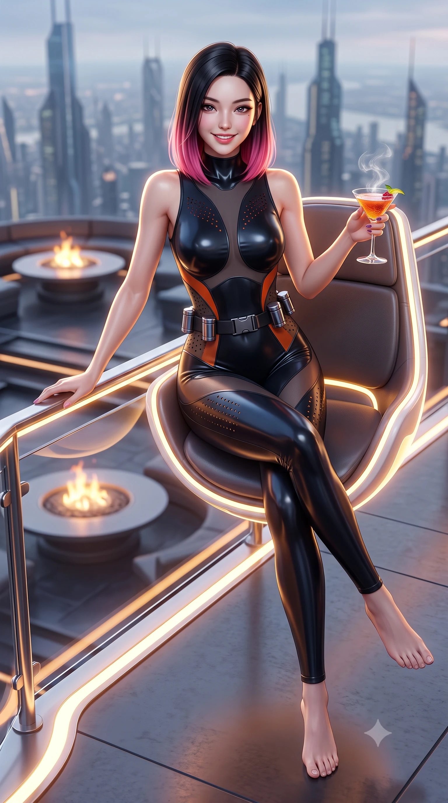 score_9, masterpiece, best quality, ultra-detailed, high-budget anime keyframe, semi-realistic 3D game render, editorial fashion photography, tasteful artistic composition, Korean woman. low angle full-body shot from head to toe showing her feet, filling the entire 9:16 vertical frame with her statuesque presence, stretching her vertical silhouette. standing in a tall, confident posture with one hand on a glowing metal railing, stretching her statuesque body as she arches her lower back to emphasize her sculpted feminine hips and slender waist while lounging in a floating anti-gravity pod chair with legs crossed, holding an exotic cocktail with effortless high-society cool. The background shows a soft-focus chic aero-lounge circular fire tables and soaring city spire towers softened in aerial metropolis shallow focus. She has an absolutely perfect, statuesque 8.5-heads proportion, an exceptionally tall and slender model-like female figure with impossibly long slender legs, an ultra-slim waist, a flat toned midriff, narrow delicate ribcage, and beautifully sculpted feminine hips creating a graceful, slim hourglass silhouette without any bulky heaviness. sharp v-shaped jawline, high-bridge nose, intricate jewel-like sparkling eyes with depth, thick eyelashes, glossy parted lips with a natural sheen, bright confident smile with an enchanting and coquettish sensual glint, exuding both youthful magnetic charm and sovereign high-tech allure, flawlessly proportioned anatomical accuracy, strict slender model proportions, natural body alignment, perfectly sculpted long slender limbs, ultra-slim waistline, clean dynamic posture without body distortion. wearing a sleeveless high-collar cyber pilot suit in liquid-look obsidian jersey with strategic sheer ventilation panels in stealth charcoal slate and molten laser orange, made of high-grade ballistic nylon with precision laser-cut perforations, accented with a sleek utility belt with polished magnetic canisters resting loosely on her curvy hips, the high-waisted tailoring accentuating her ultra-slim waistline and the enchanting curve of her feminine hips with alluring dark charm. illuminated by terrace accent lighting and sharp champagne-gold rim lights defining her sculpted collarbones, ultra-slim waist, and curvy hips. highly saturated vibrant anime colors, detailed shading with soft gradients, rich glossy textures, high-contrast stereoscopic depth, volumetric dynamic lighting, master piece, 9:16 ratio