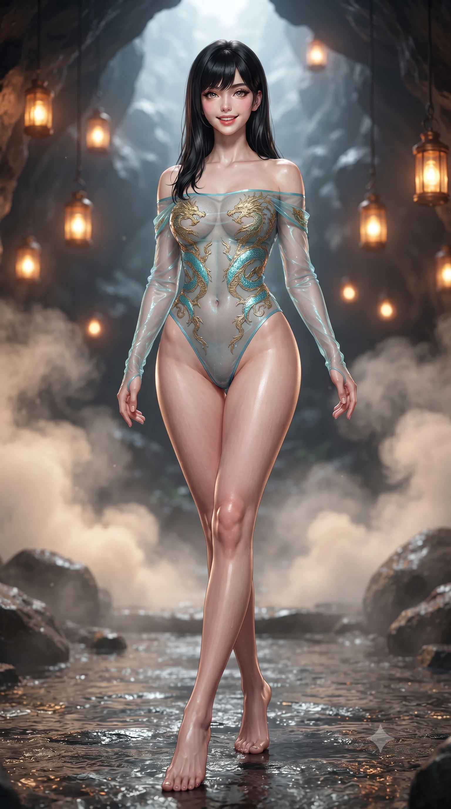 score_9, masterpiece, best quality, ultra-detailed, high-budget anime keyframe, editorial fashion photography, tasteful artistic composition, Caucasian woman. low angle full-body shot from head to toe showing her feet, filling the entire 9:16 vertical frame with her statuesque presence, stretching her vertical silhouette. stepping forward in a confident stride, her long slender legs and curvaceous hips creating a dynamic, sweeping vertical line while twisting her slender torso in an alluring contrapposto stance, hanging amber lanterns casting liquid highlights across her flat midriff. The background shows a soft-focus billowing sulfur thermal vapor softened in wild volcanic cave retreat shallow focus. She has an exceptionally tall and slender model-like 8.5-heads proportion, an ultra-slim waist, a flat toned midriff, narrow delicate ribcage, and beautifully sculpted feminine hips creating a graceful, slim hourglass silhouette without any bulky heaviness, with impossibly long slender legs. sharp v-shaped jawline, high-bridge nose, intricate jewel-like sparkling eyes with depth, thick eyelashes, glossy parted lips with a natural peach sheen, bright cheerful beaming smile with an enchanting and coquettish sensual glint, exuding both youthful cute charm and seductive allure, flawlessly proportioned anatomical accuracy, strict slender model proportions, natural body alignment, perfectly sculpted long slender limbs, ultra-slim waistline, clean dynamic posture without body distortion. wearing an off-the-shoulder sheer illusion mesh evening bodysuit with gold dragon-scale embroidery contouring her hourglass waist in Neo-Carthage holographic cyan and solar chrome, crafted from translucent silk organza with an ethereal crystalline sheen, complemented by sheer opera-length evening gloves tracing her slender arms, the liquid-tight tailored fabric clinging flawlessly to her narrow waist and rounded feminine hips, emphasizing every millimeter of her sculpted slim hourglass curves without any bulky heaviness. bathed in the warm, intimate 2300K glow of concealed amber lantern sconces bouncing off glistening wet stone. ultra-reflective glossy finish, specular highlights, rich textural contrasts, high-contrast stereoscopic depth, volumetric dynamic lighting, 2k, ultra detail, master piece, 9:16 ratio