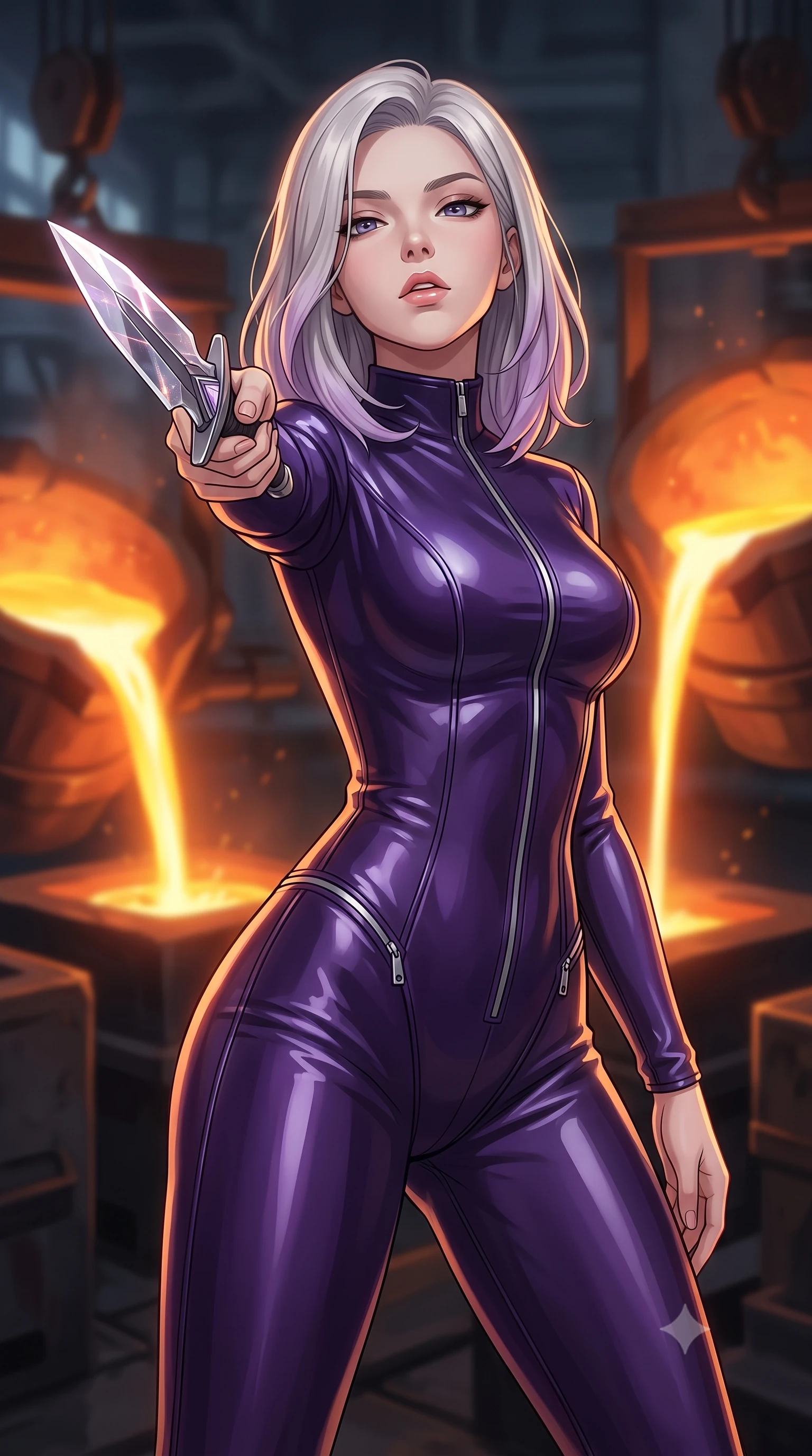 score_9, masterpiece, best quality, ultra-detailed, high-budget anime keyframe, editorial fashion photography, tasteful artistic composition, Caucasian woman. close-up cowboy shot from the waist and thighs up, the character dominates the composition, filling the frame with her large presence, background elements kept in soft focus. pointing a crystal-edged laser dagger forward in a defensive stance, tilting her chin up slightly with lips parted in a composed pose, the background shows a soft-focus an industrial smelting yard with molten metal pouring into carbon molds in soft focus. She has an exceptionally elegant, slender, and willowy female figure with an ultra-slim waist, a gracefully sculpted slender torso, and a refined silhouette. sharp v-shaped jawline, high-bridge nose, intricate jewel-like eyes with depth, thick eyelashes, glossy lips with a natural sheen. wearing a body-hugging form-contouring pilot flight suit in deep purple liquid vinyl, featuring a snug mock-neck and chrome zipper details. hot glowing metal pouring, casting dramatic orange uplight and long shadows. highly saturated vibrant anime colors, detailed shading with soft gradients, rich glossy textures, high-contrast stereoscopic depth, volumetric dynamic lighting, master piece, 9:16 ratio