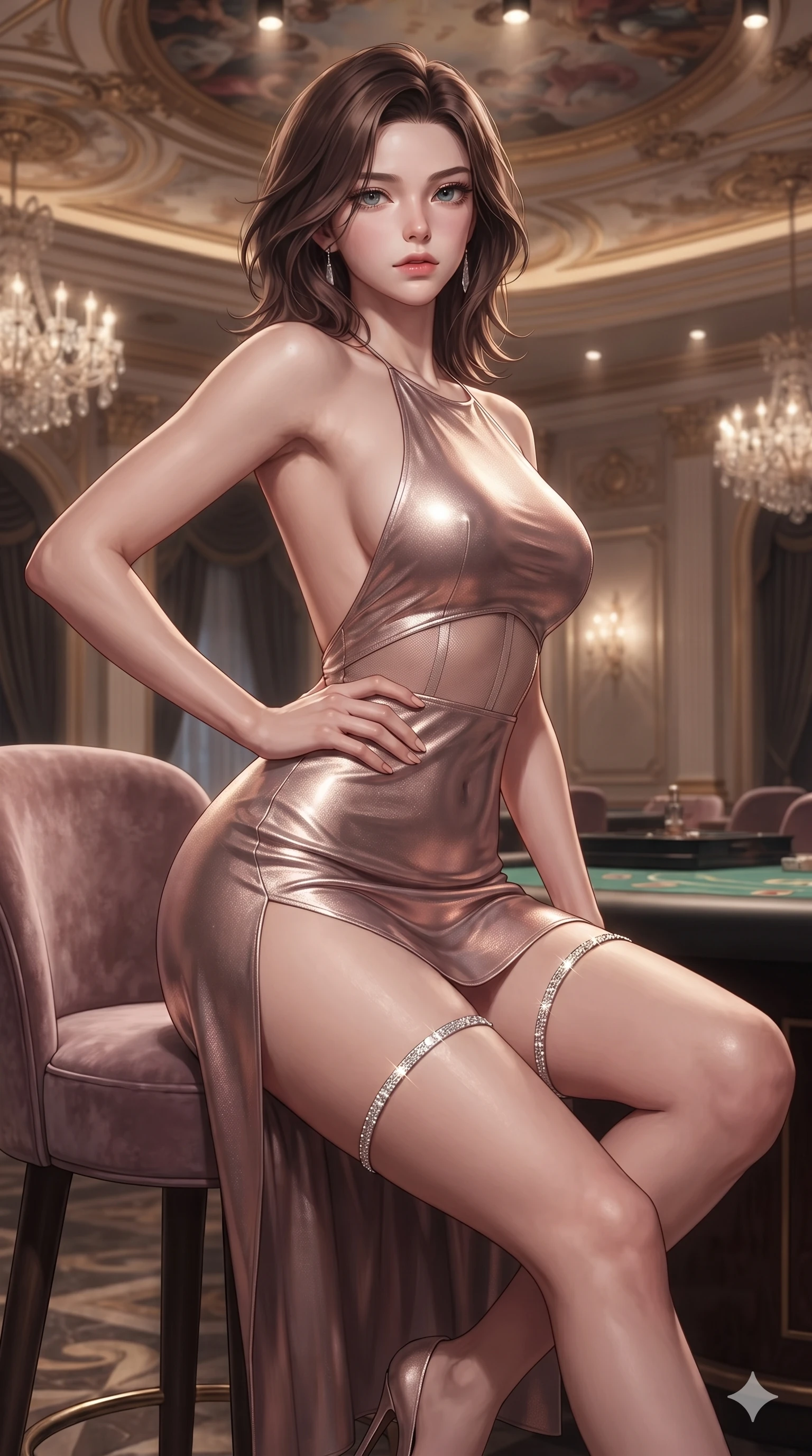 score_9, masterpiece, best quality, ultra-detailed, high-budget anime keyframe, editorial fashion photography, tasteful artistic composition, Korean woman. close-up cowboy shot from the waist and thighs up, the character dominates the composition, filling the frame with her large presence. tilting her chin up with proud, sovereign allure while gazing through thick eyelashes, one hand resting on her waist in pure supermodel charisma while perching gracefully on the velvet-upholstered barstool with legs crossed, arching her back with high-fashion allure under gilded ceiling frescoes. The composition keeps background elements in soft focus with creamy bokeh: glamorous high-roller salon ambience softened in private VIP casino hall shallow focus. She has an exceptionally elegant, slender, and willowy female figure with an ultra-slim waist, flat toned midriff, narrow ribcage, and sculpted feminine hips creating an alluring, slim hourglass silhouette without bulk. sharp v-shaped jawline, high-bridge nose, intricate jewel-like eyes with depth, thick eyelashes, glossy parted lips with a natural sheen, intensely captivating and seductive bedroom-eyes expression, flawlessly proportioned anatomical accuracy, strict slender model proportions, natural body alignment, perfectly sculpted long slender limbs, ultra-slim waistline, clean dynamic posture without body distortion. wearing a backless metallic lamé halterneck mini dress with deep scoop back down to her lower spine and thigh-high slit in dusky blush rose and champagne shimmer, accented with semi-sheer mesh inserts accentuating her sculpted flat midriff, finished with delicate crystal-encrusted thigh garter straps glinting in the dim light, the form-contouring silhouette accentuating her sculpted flat midriff, narrow delicate ribcage, and gracefully curvy hips with intoxicating allure. illuminated by focused warm overhead spotlights sculpting her sculpted clavicle, flat midriff, and rounded hips. ultra-reflective glossy finish, specular highlights, rich textural contrasts, high-contrast stereoscopic depth, volumetric dynamic lighting, 2k, ultra detail, master piece, 9:16 ratio