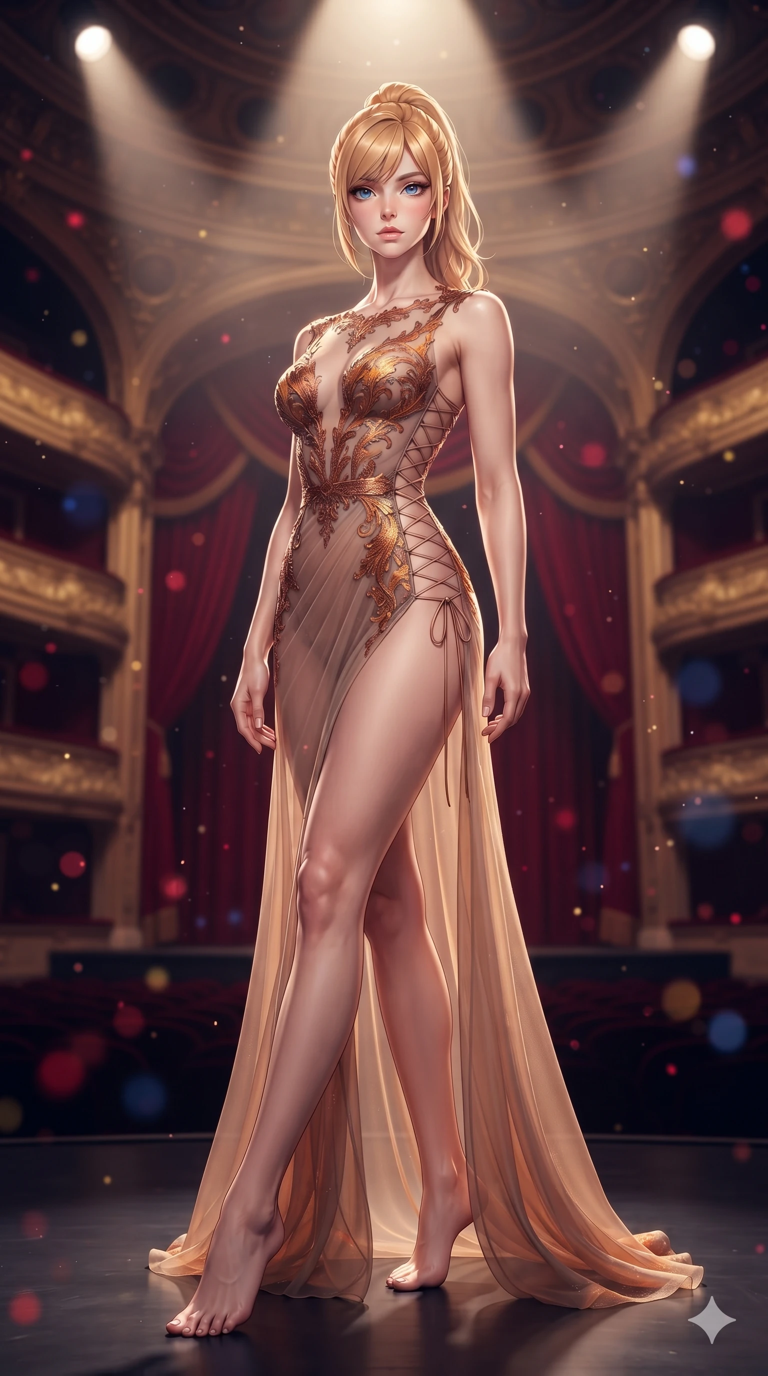 score_9, masterpiece, best quality, ultra-detailed, high-budget anime keyframe, semi-realistic 3D game render, editorial fashion photography, tasteful artistic composition, Caucasian woman. low angle full-body shot from head to toe showing her feet, filling the entire 9:16 vertical frame with her statuesque presence, stretching her vertical silhouette. sitting poised on the stone steps with one knee bent, arching her spine with supermodel elegance as she glances upward through thick eyelashes while standing poised at the center of the dark lacquered stage beneath monumental gilded proscenium arches, arching her back with sovereign diva charisma as theatrical spotlights converge. The composition keeps background elements in soft focus with creamy bokeh: tiered gilded opera tiers rising into the shadowed dome, monumental crimson velvet curtains, and floating stage dust motes blurred into ruby, gold, and indigo bokeh. She has an exceptionally tall and slender model-like 8.5-heads proportion, an ultra-slim waist, a flat toned midriff, narrow delicate ribcage, and beautifully sculpted feminine hips creating a graceful, slim hourglass silhouette without any bulky heaviness, with impossibly long slender legs. sharp v-shaped jawline, high-bridge nose, intricate jewel-like eyes with depth, thick eyelashes, glossy parted lips with a natural sheen, intensely captivating and seductive bedroom-eyes expression, flawlessly proportioned anatomical accuracy, strict slender model proportions, natural body alignment, perfectly sculpted long slender limbs, ultra-slim waistline, clean dynamic posture without body distortion. wearing a sheer-illusion tulle evening gown with strategic metallic embroidery tracing her dewy collarbones, flat midriff, and hips in rich copper bronze and warm amber, featuring strategic sheer-illusion tulle side panels framing her ribcage and hips, featuring fine criss-cross lace-up side ties revealing tantalizing glimpses of her hip curve, the high-slit wrap tailoring accentuating her ultra-slim waistline and the enchanting curve of her feminine hips with alluring seductive charm. illuminated by crisp directional theatrical spotlights sharply defining her sculpted collarbones, ultra-slim waist, and curvy hips. highly saturated vibrant anime colors, detailed shading with soft gradients, rich glossy textures, high-contrast stereoscopic depth, volumetric dynamic lighting, master piece, 9:16 ratio