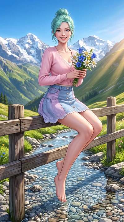 score_9, masterpiece, best quality, ultra-detailed, high-budget anime keyframe, semi-realistic 3D game render, editorial fashion photography, tasteful artistic composition, Japanese woman. low angle full-body shot from head to toe showing her feet, f