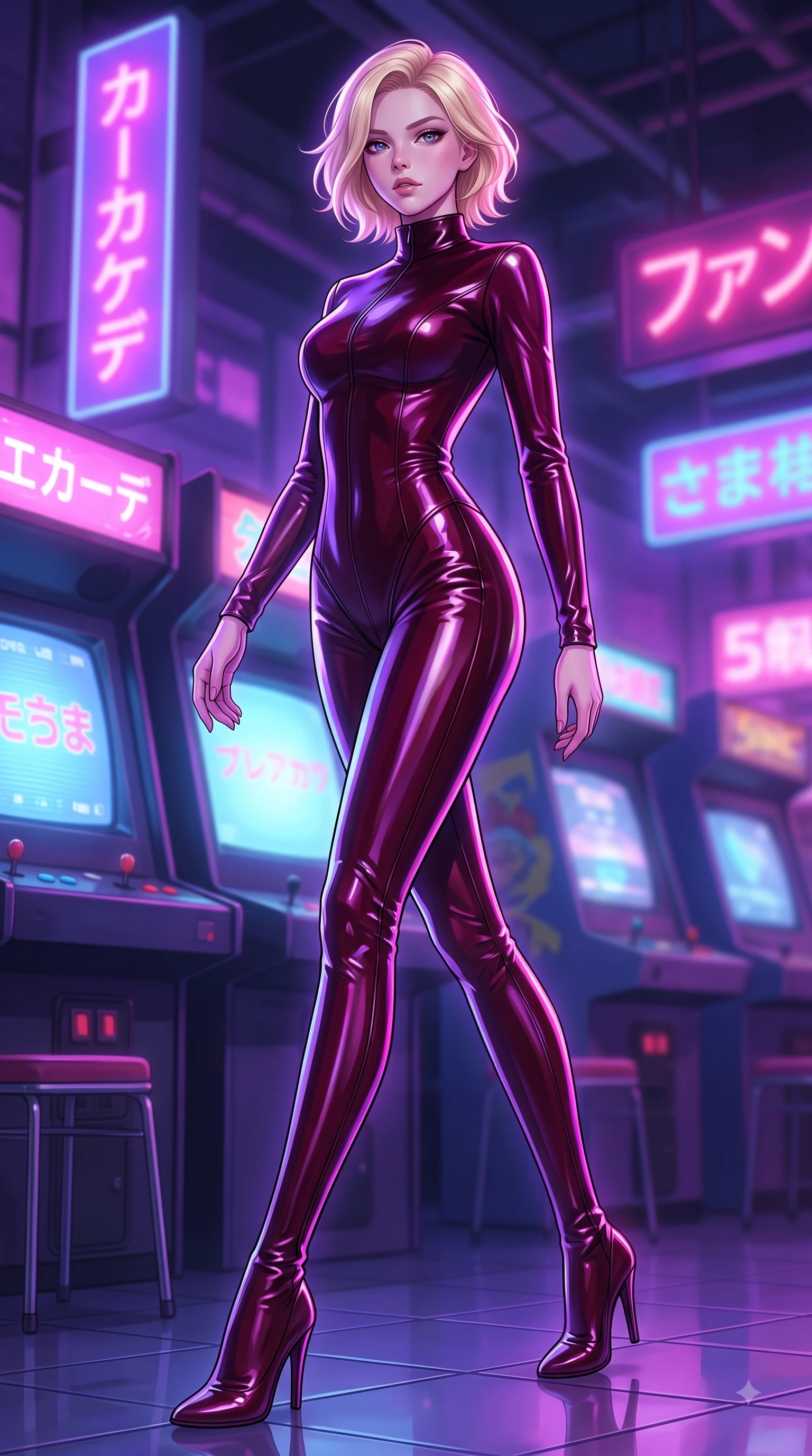 score_9, masterpiece, best quality, ultra-detailed, high-budget anime keyframe, editorial fashion photography, tasteful artistic composition, Caucasian woman woman. low angle full-body shot from head to toe showing her feet, filling the entire 9:16 vertical frame with her statuesque presence, stretching her vertical silhouette. She has an absolutely perfect, statuesque 8.5-heads proportion, an exceptionally tall and slender model-like female figure with impossibly long slender legs and an ultra-slim waist. stepping gracefully forward in a proud statuesque stride, her body turning in a fluid S-curve silhouette, flawlessly proportioned anatomical accuracy, natural body alignment, perfectly sculpted elegant limbs, clean dynamic posture without body distortion. set against a soft-focus background of a retro cyber arcade filled with glowing CRT screens and neon signs. wearing a form-fitting dark burgundy vinyl bodycon outfit with a high collar line. bathed in strobing violet and electric pink neon lights refracting on her outfit. highly saturated vibrant anime colors, detailed shading with soft gradients, rich glossy textures, high-contrast stereoscopic depth, volumetric dynamic lighting, master piece, 9:16 ratio