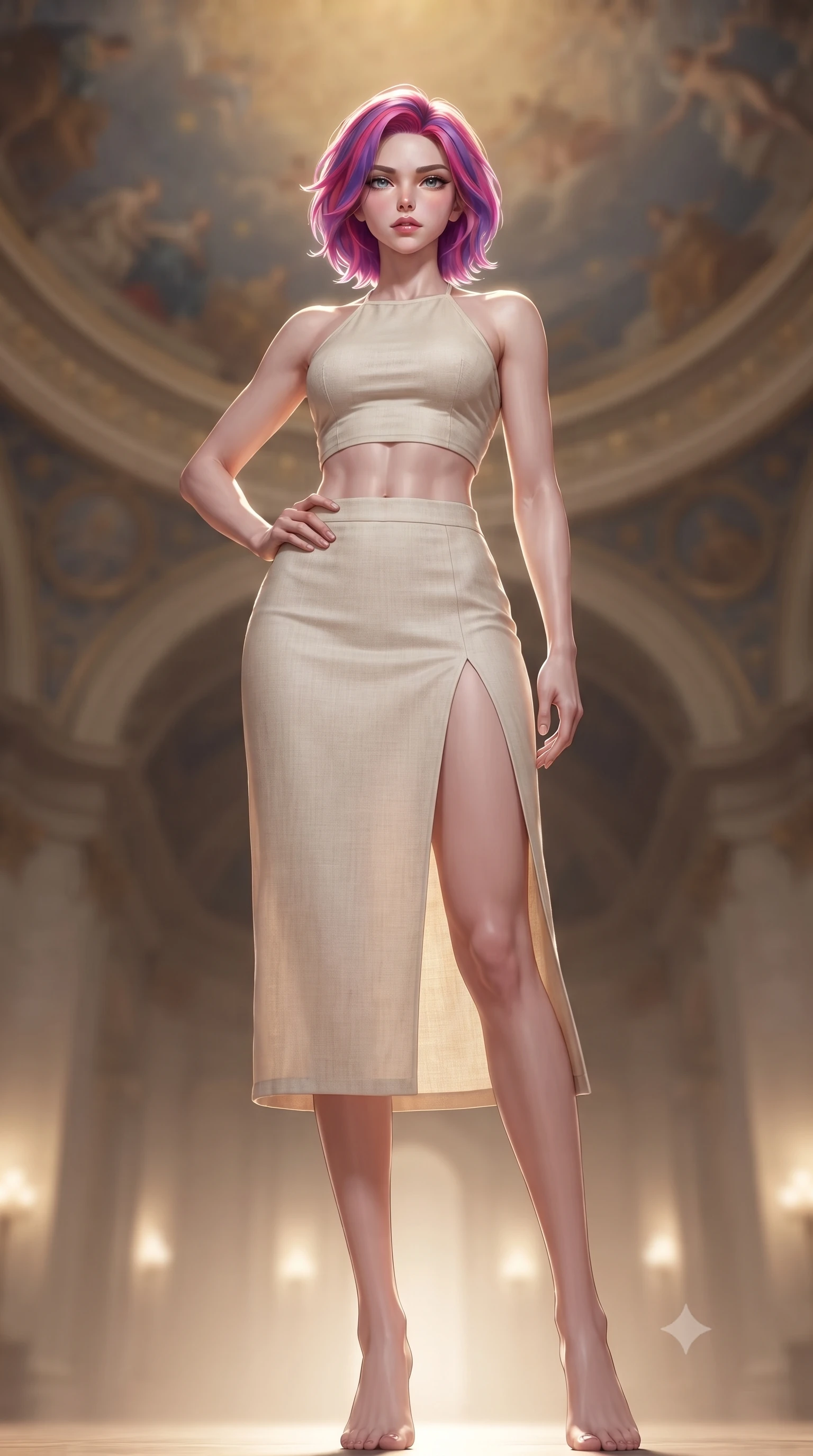 score_9, masterpiece, best quality, ultra-detailed, high-budget anime keyframe, editorial fashion photography, tasteful artistic composition, Caucasian woman. low angle full-body shot from head to toe showing her feet, filling the entire 9:16 vertical frame with her statuesque presence, stretching her vertical silhouette. posing confidently with one hand on her hip, stretching her statuesque body to emphasize her curves the background shows a soft-focus the high-ceiling dome corridor of an opera house with celestial paintings. She has an absolutely perfect, statuesque 8.5-heads proportion, an exceptionally tall and slender model-like female figure with impossibly long slender legs and an ultra-slim waist. sharp v-shaped jawline, high-bridge nose, intricate jewel-like eyes with depth, thick eyelashes, glossy lips with a natural sheen. wearing a body-hugging linen halter-neck crop top paired with a matching high-slit midi skirt, revealing a sculpted midriff. soft uplighting casting a peaceful, grand glow over her silhouette. ultra-reflective glossy finish, specular highlights, metallic sheen, high-contrast stereoscopic depth, volumetric dynamic lighting, 2k, ultra detail, master piece, 9:16 ratio