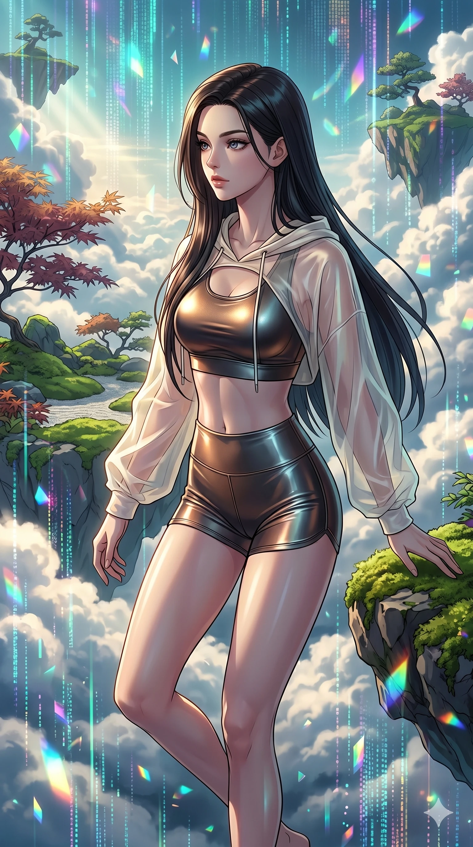 score_9, masterpiece, best quality, ultra-detailed, high-budget anime movie keyframe, cinematic anime lighting, intricate line art, Caucasian (strictly human ears) woman. Upper body filling screen focusing on her alluring features and slim-fit silhouette. navigating a sea of clouds in a floating zen garden with holographic rain. She has an absolutely perfect 8-heads proportion, an exceptionally tall and slender female figure with an ultra-slim waist and impossibly long slender legs. sharp v-shaped jawline, high-bridge nose, intricate jewel-like eyes, thick eyelashes, glossy lips. Wearing premium athleisure set with a metallic-finish compression top, high-cut yoga shorts that accentuate her long legs, and a sheer oversized hoodie. The scene is illuminated by dramatic atmospheric lighting and vibrant color palettes. , 2k, ultra detail, master piece, 9:16 ratio