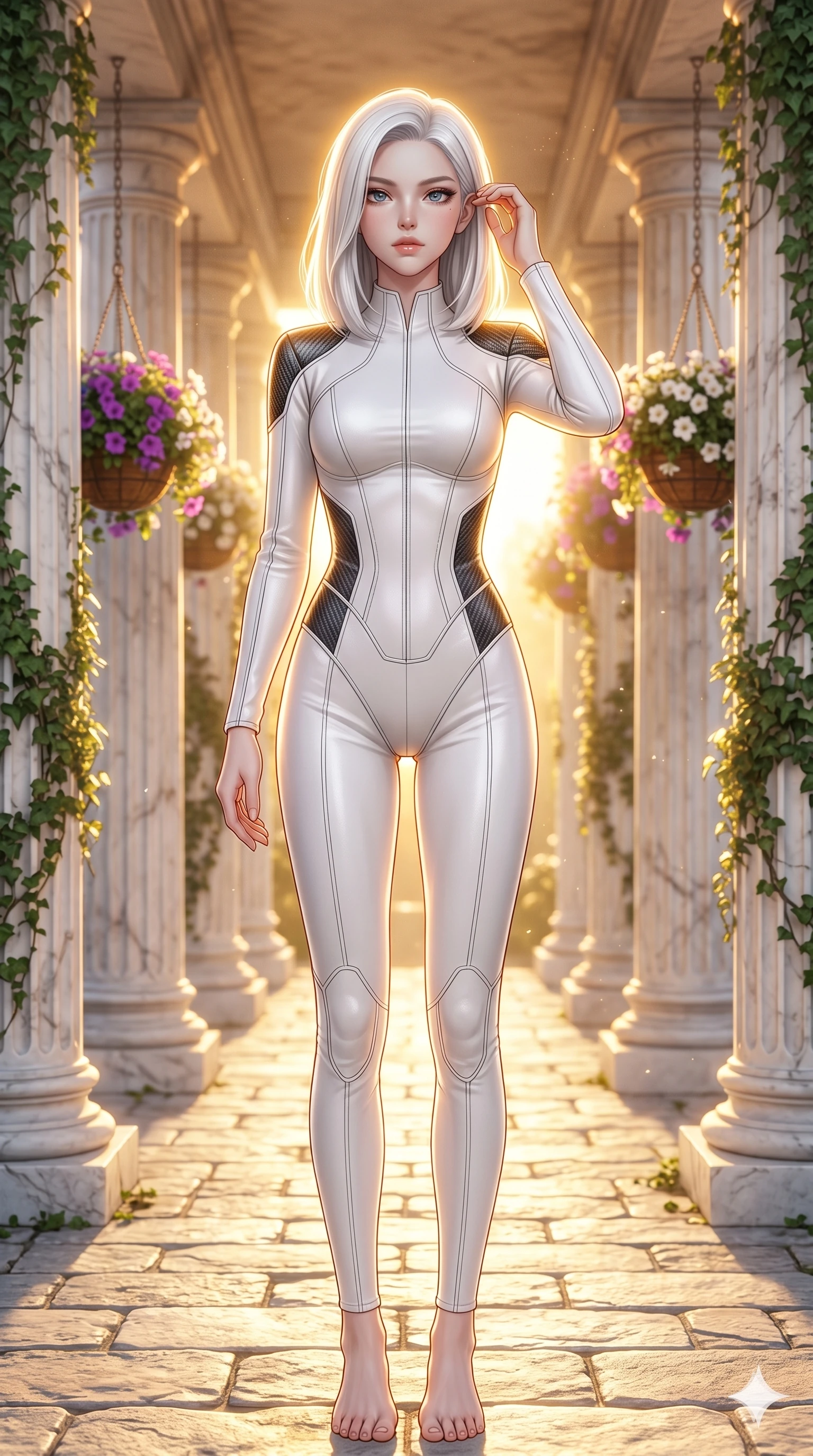 score_9, masterpiece, best quality, ultra-detailed, high-budget anime keyframe, editorial fashion photography, tasteful artistic composition, Korean woman. cowboy shot from the thighs up, character and outfit filling the frame for maximum editorial presence. Lifting one hand to gently tuck a strand of hair behind her ear, her movements fluid and slow on a stone path lined with columns of white marble and hanging flower baskets. She has an absolutely perfect 8-heads proportion, an exceptionally tall and slender female figure with impossibly long slender legs and an ultra-slim waist. V-shaped jawline, high-bridge nose, intricate jewel-like eyes with depth, thick eyelashes, glossy lips with a natural sheen. wearing a structured bodysuit in white leather-look material with futuristic carbon-fiber panel accents. under warm golden hour backlighting, creating a luminous, radiant halo around her silhouette. 2k, ultra detail, master piece, 9:16 ratio