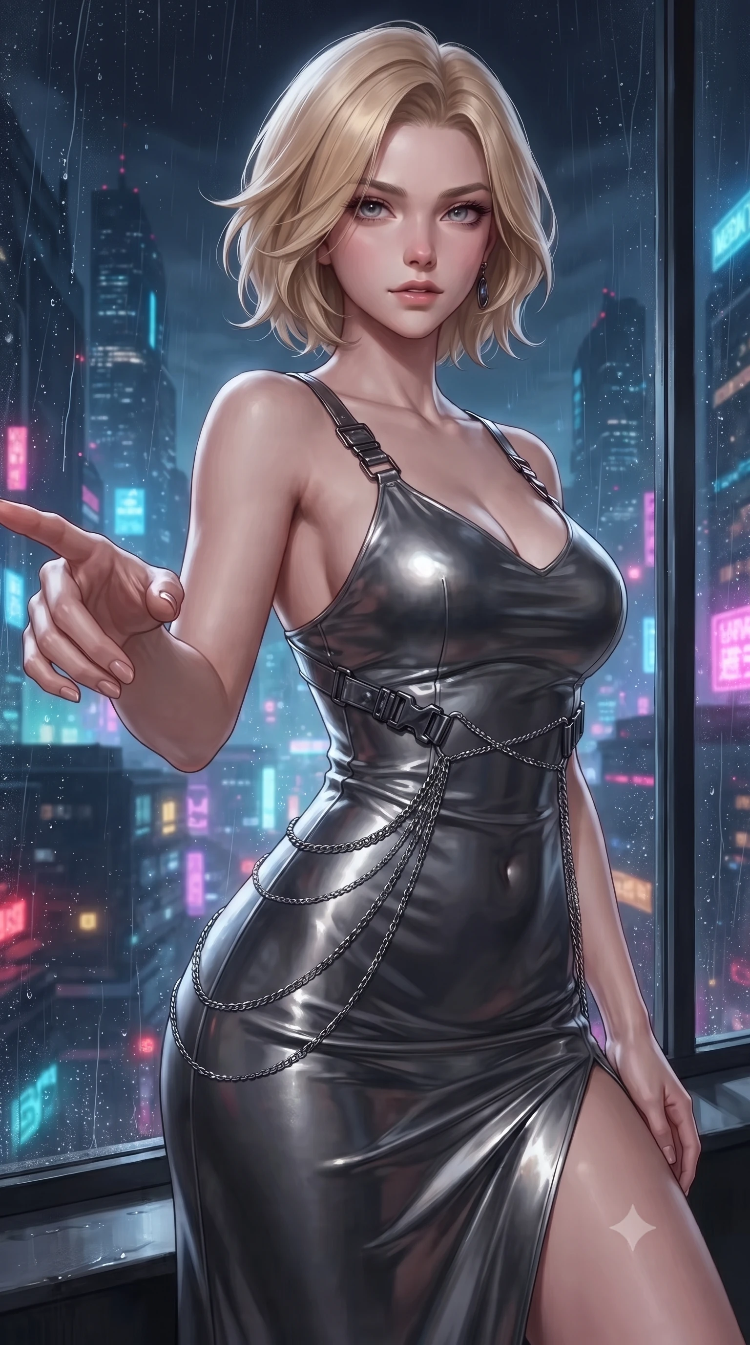 score_9, masterpiece, best quality, ultra-detailed, high-budget anime keyframe, editorial fashion photography, tasteful artistic composition, Caucasian woman. close-up cowboy shot from the waist and thighs up, the character dominates the composition, filling the frame with her large presence, background elements kept in soft focus. Reaching one hand toward the viewer with relaxed sensual elegance, poised near a rain-streaked panoramic window looking out over a neon metropolis, chic urban cyberpunk allure with intense visual presence. She has an exceptionally elegant, slender, and willowy female figure with an ultra-slim waist, a gracefully sculpted slender torso, and a refined silhouette. sharp v-shaped jawline, high-bridge nose, intricate jewel-like eyes with depth, thick eyelashes, glossy lips with a natural sheen. wearing form-contouring dark crimson liquid silk long slip dress in metallic dark silver, made of liquid dark mercury jersey, framed by dark titanium buckles and silver chain details, highlighting her statuesque proportions and ultra-slim waistline. lit by piercing key rays emerging from deep futuristic shadows. ultra-reflective glossy finish, specular highlights, metallic sheen, high-contrast stereoscopic depth, volumetric dynamic lighting, 2k, ultra detail, master piece, 9:16 ratio