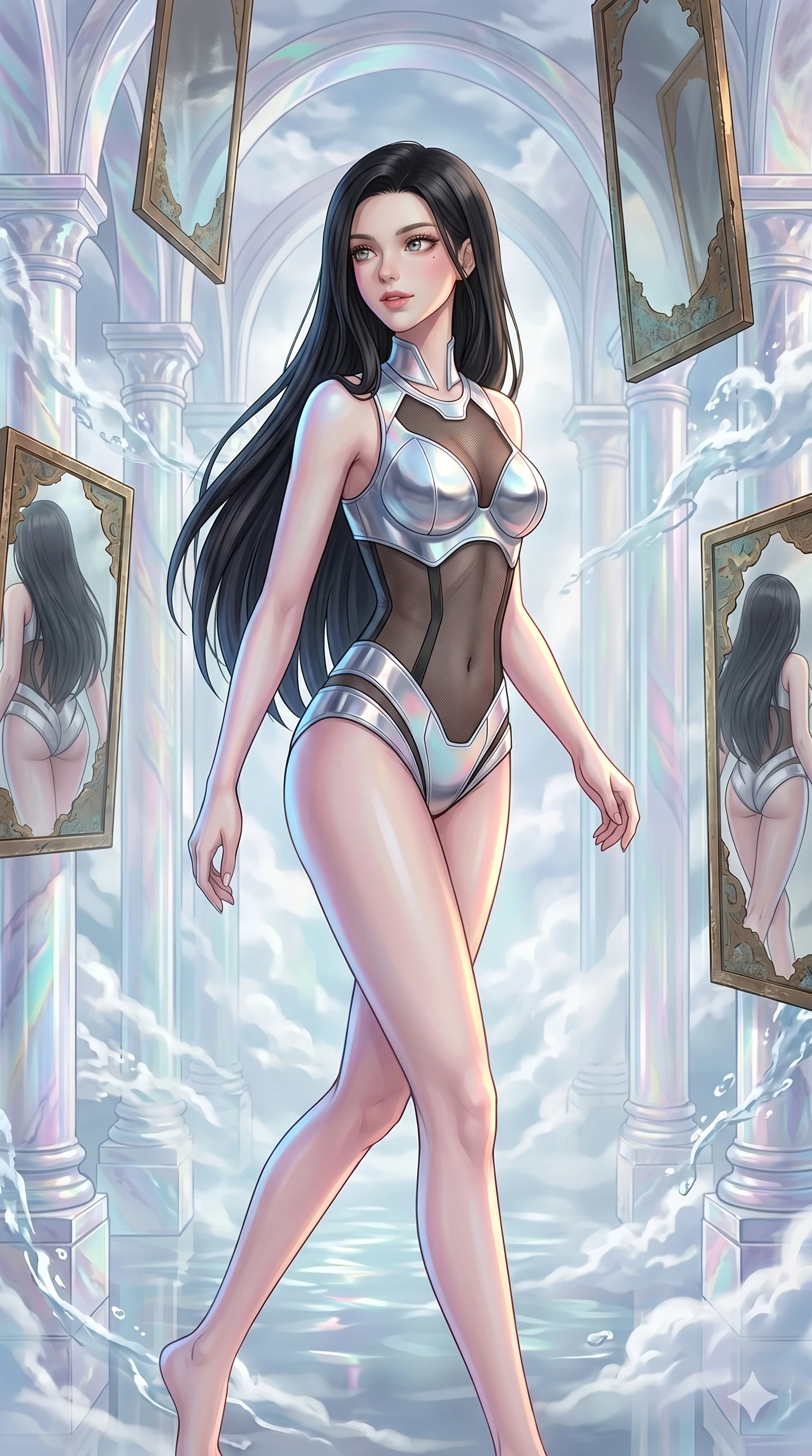 score_9, masterpiece, best quality, ultra-detailed, high-budget anime keyframe, Caucasian woman, strictly human ears. upper body close-up from the thighs up, character filling the screen for maximum presence. wandering through a mirage cloud cathedral of translucent marble and water mist, surrounded by floating ancient bronze mirror walls. She has an absolutely perfect 8-heads proportion, an exceptionally tall and slender female figure with impossibly long slender legs and an ultra-slim waist. V-shaped jawline, high-bridge nose, intricate jewel-like eyes with depth, thick eyelashes, glossy lips with a natural sheen.. wearing a bionic chrome plate bodysuit, featuring silver chrome plates covering the bust and hips, connected by sheer black mesh panels. enhanced by a luminous pastel spectrum glow, casting elegant rim lights on her shoulders and jawline. 2k, ultra detail, master piece, 9:16 ratio