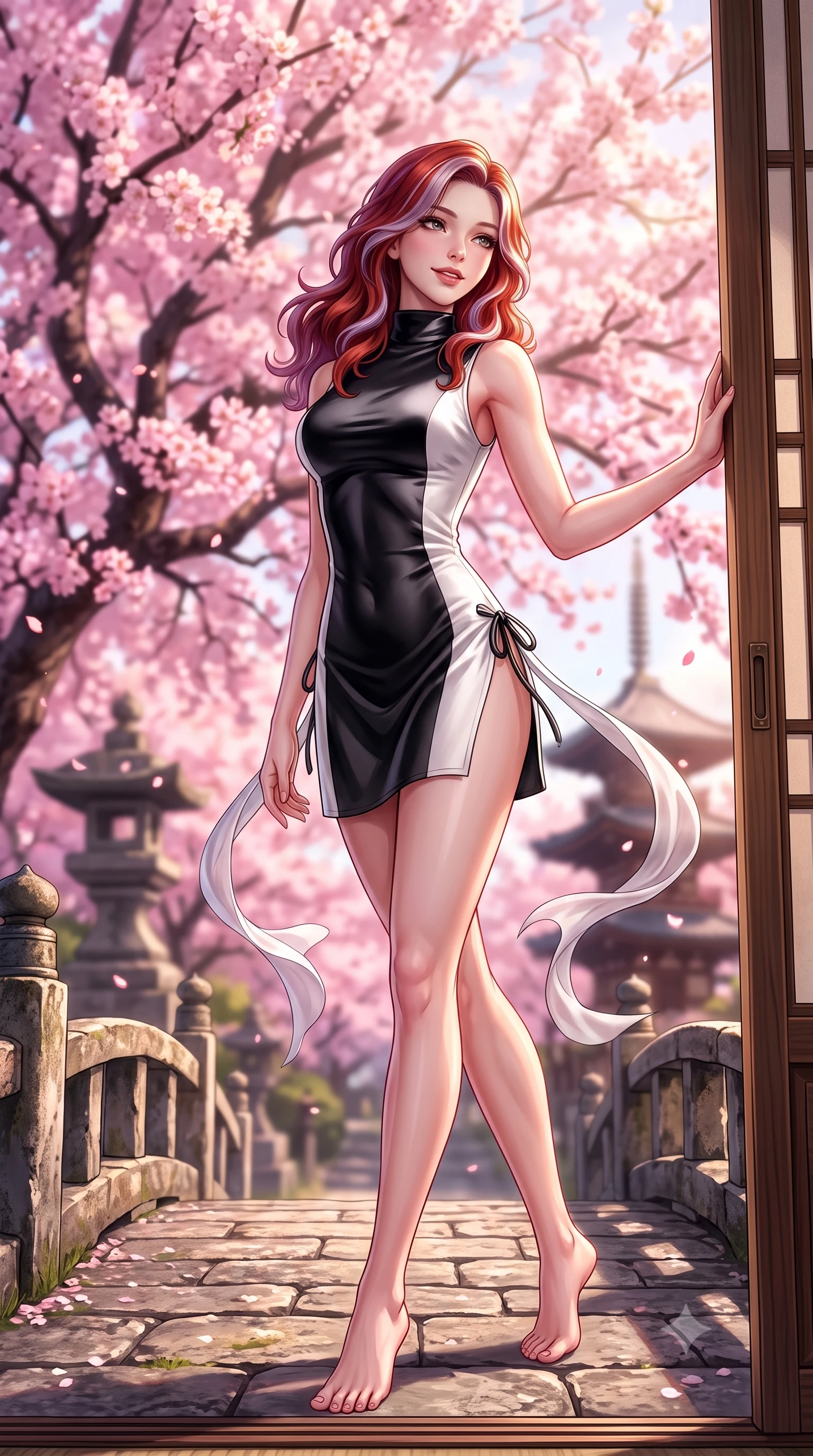 score_9, masterpiece, best quality, ultra-detailed, high-budget anime keyframe, semi-realistic 3D game render, editorial fashion photography, tasteful artistic composition, Caucasian woman. low angle full-body shot from head to toe showing her feet, filling the entire 9:16 vertical frame with her statuesque presence, stretching her vertical silhouette. stepping forward gracefully across the stone bridge in mid-motion with a radiant beaming smile, hips swaying in an alluring kinetic rhythm that accentuates her curvy hourglass silhouette and long slender legs while leaning against the cedar sliding doorframe with hips cocked back, looking over her shoulder with an alluring, nostalgic bedroom-gaze. The background shows a soft-focus drifting pink cherry blossoms from a massive blooming tree and historic temple stone pagodas blurred into sakura pink, honey, and charcoal bokeh. She has an absolutely perfect, statuesque 8.5-heads proportion, an exceptionally tall and slender model-like female figure with impossibly long slender legs, an ultra-slim waist, a flat toned midriff, narrow delicate ribcage, and beautifully sculpted feminine hips creating a graceful, slim hourglass silhouette without any bulky heaviness. sharp v-shaped jawline, high-bridge nose, intricate jewel-like dark sparkling almond eyes with depth, thick lashes, glossy parted lips with a natural rose-plum sheen, bright alluring and coquettish smile with bedroom-eyes, exuding both timeless oriental elegance and sovereign high-fashion allure, flawlessly proportioned anatomical accuracy, strict slender model proportions, natural body alignment, perfectly sculpted long slender limbs, ultra-slim waistline, clean dynamic posture without body distortion. wearing a form-contouring sleeveless turtleneck mini dress in liquid silk satin with subtle side hip ties and high slits in stark monochrome black and white ink contrast, tailored from smooth celadon raw silk with natural organic slub texture, accented with flowing gossamer silk ribbons that flutter dynamically in the evening breeze, the glove-like silhouette tightly following the natural contour of her hips and long slender legs with youthful 8.5-heads elegance. bathed in warm, soft spring afternoon sunlight filtering through pink blossom branches. highly saturated vibrant anime colors, detailed shading with soft gradients, rich glossy textures, high-contrast stereoscopic depth, volumetric dynamic lighting, master piece, 9:16 ratio