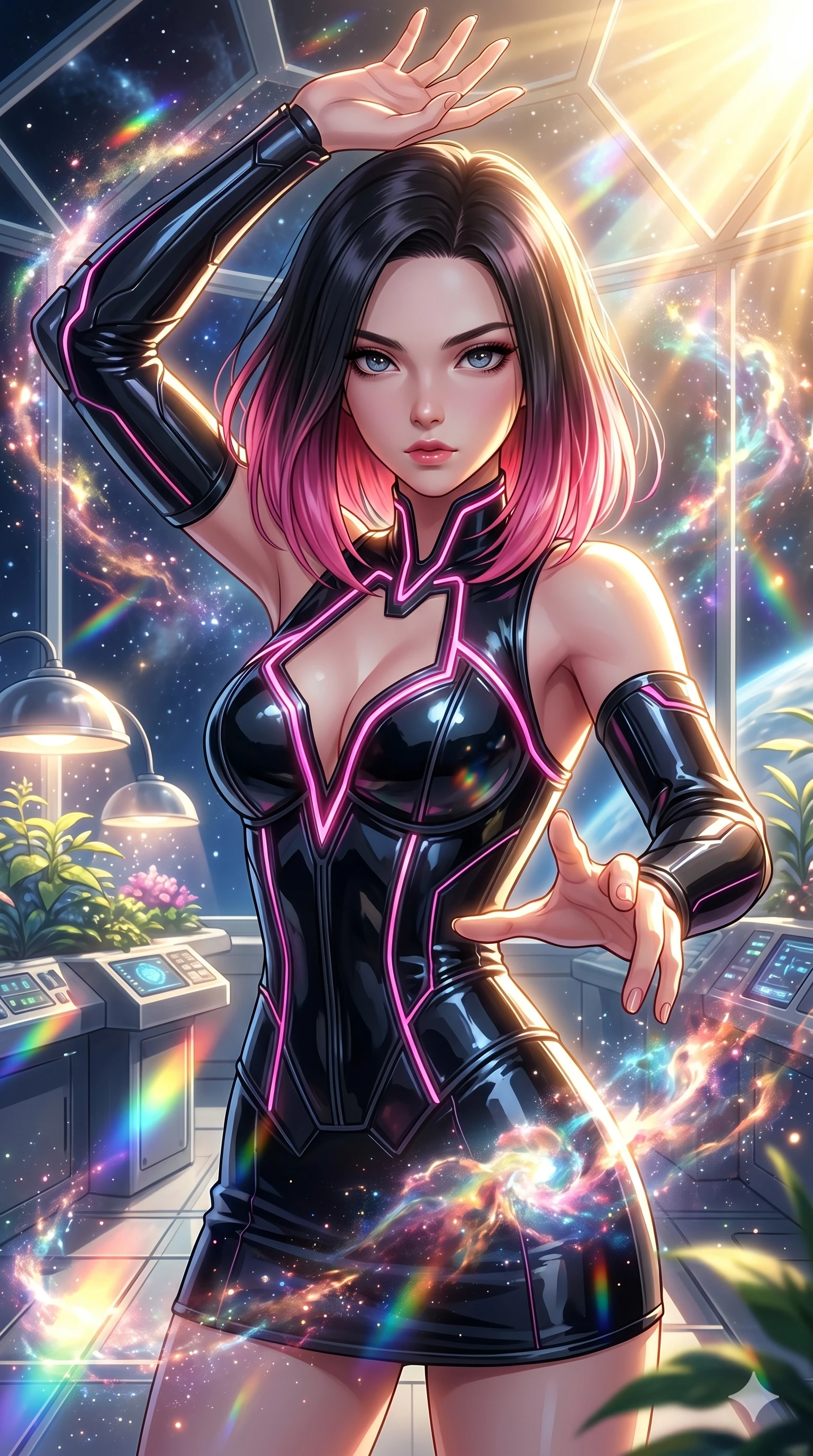 score_9, masterpiece, best quality, ultra-detailed, high-budget anime keyframe, Korean woman. Upper body close-up from the thighs up, character filling the screen for maximum presence. She is posing with dynamic energy as glowing cosmic stardust and floating nebulae swirl around her inside a sunlit orbital conservatory. She looks toward the camera with a captivating, intense gaze. She has an absolutely perfect 8-heads proportion, a tall and elegant figure with a refined silhouette and a defined waistline. V-shaped jawline, high-bridge nose, intricate jewel-like eyes with depth, thick eyelashes, glossy lips with a natural sheen. She is wearing a structured cybernetic bodice in glossy vinyl panels, paired with detached sleeves and a refined V-neckline detailed with glowing piping. The scene is bathed in brilliant, high-contrast golden solar rays and refracting rainbow lens flares. 2k, ultra detail, master piece, 9:16 ratio